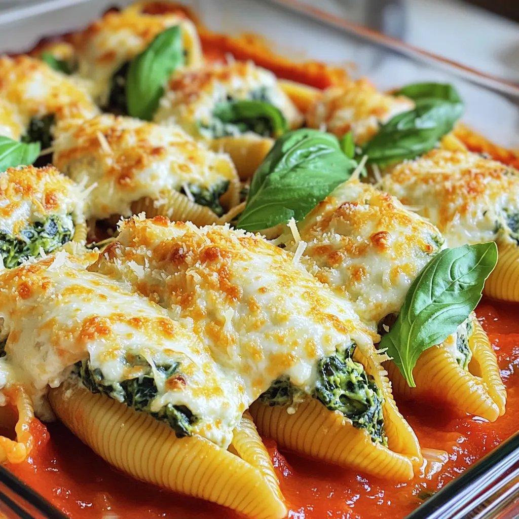 To make creamy spinach ricotta stuffed shells, gather these ingredients: - 20 large pasta shells - 2 cups ricotta cheese - 1 cup cooked spinach, finely chopped - 1 cup mozzarella cheese, shredded - 1/2 cup grated Parmesan cheese - 1 large egg - 2 cloves garlic, finely minced - 1 teaspoon onion powder - 1/2 teaspoon salt - 1/4 teaspoon black pepper - 1/4 teaspoon ground nutmeg - 2 cups marinara sauce (store-bought or homemade) - Fresh basil leaves, for garnish You can swap some ingredients for a twist. Try these options: - Use cottage cheese instead of ricotta for a lighter filling. - Swap frozen spinach for fresh spinach; just squeeze out extra water. - Replace mozzarella with provolone for a sharper flavor. - Add a pinch of crushed red pepper for a spicy kick. To make this dish, you will need: - A large pot for boiling pasta - A mixing bowl for the filling - A teaspoon or piping bag for stuffing shells - A 9x13 inch baking dish for assembly - Aluminum foil to cover the dish while baking - An oven for cooking These tools make the process smooth and fun! With the right ingredients and tools, you set yourself up for a delicious meal that impresses. Set your oven to 375°F (190°C). This helps the dish bake evenly and perfectly. Boil a large pot of salted water. Add the pasta shells and cook until al dente. This usually takes about 10-12 minutes. Once cooked, drain the shells and let them cool slightly. This makes them easy to handle later. In a big bowl, mix together the ricotta cheese, chopped spinach, half of the mozzarella, and half of the Parmesan. Add the egg, minced garlic, onion powder, salt, black pepper, and nutmeg. Stir until everything is smooth and creamy. This filling brings great flavor to the shells. Take a teaspoon or a piping bag. Fill each shell with the creamy filling. Don’t overfill them; just a nice mound will do. This keeps the filling inside while baking. Pour a thin layer of marinara sauce in a 9x13 inch baking dish. Place the stuffed shells seam-side up in the dish. Cover the shells with the rest of the marinara sauce. Make sure they are fully coated for great flavor. Sprinkle the remaining mozzarella and Parmesan cheese on top of the sauced shells. This will create a nice, cheesy crust as they bake. Cover the dish with foil. This stops the cheese from browning too fast. Bake for 25 minutes. Then, take off the foil and bake for another 10-15 minutes. You want the cheese to bubble and turn golden brown. After baking, let the dish cool for about 5 minutes. This helps it set. Garnish with fresh basil leaves for a pop of color and flavor. Enjoy your creamy spinach ricotta stuffed shells! To cook pasta shells, boil salted water in a big pot. Add the shells and stir gently. Cook until they are al dente, which means they should still have a slight bite. Drain the shells carefully and let them cool for a bit. This step is key; if you overcook, they may break. To make the filling super tasty, use fresh spinach. Cook it first and chop it finely. Mix the spinach with ricotta, mozzarella, Parmesan, garlic, and spices. Each ingredient adds depth. A touch of nutmeg gives warmth, while onion powder boosts the flavor. Make sure to mix until creamy and smooth. Serve the stuffed shells on plates, drizzled with extra marinara. Add a sprinkle of cheese on top for a nice finish. A sprig of fresh basil not only looks nice but adds bright flavor. This simple touch makes the dish feel gourmet and special. Your guests will love the effort! {{image_4}} To make a meat lovers version, add cooked ground meat. Ground beef or sausage works well. Mix the meat into the ricotta filling before stuffing the shells. This adds richness and flavor. You can also layer some meat in the marinara sauce. This gives every bite a hearty taste. For a vegetarian twist, add different vegetables to the filling. Roasted red peppers or artichokes add great flavor. You can also mix in some sautéed mushrooms. These ingredients boost the taste and texture. You can try adding spices like red pepper flakes for a hint of heat. If you need a gluten-free option, use gluten-free pasta shells. They cook similarly to regular shells. Be sure to check the cooking time on the package. You can also use a mix of ricotta and gluten-free breadcrumbs for a thicker filling. This keeps the dish tasty and safe for gluten-free diets. After enjoying your creamy spinach ricotta stuffed shells, store any leftovers in an airtight container. Place them in the fridge within two hours of cooking. They will stay fresh for about three to four days. If you want to keep them longer, consider freezing them. To reheat, you can use the oven or microwave. For the oven, preheat it to 350°F (175°C). Place the shells in a baking dish and cover with foil. Bake for about 20 minutes or until heated through. If using a microwave, place a serving on a microwave-safe plate. Heat for about 2-3 minutes, checking to ensure it warms evenly. To freeze the dish, prepare it as usual but do not bake it. Once you stuff the shells and assemble them with sauce and cheese, cover the dish tightly with plastic wrap and foil. You can freeze it for up to three months. When ready to enjoy, thaw it in the fridge overnight and bake as directed. This way, you can enjoy a homemade meal anytime! Yes, you can use different cheeses! Try using feta for a tangy twist. Goat cheese also works well for a creamy texture. You can mix and match cheeses based on your taste. To make this dish ahead, prepare the stuffed shells and assemble them in the baking dish. Cover it well and store it in the fridge. Bake it the next day, adding a few extra minutes to the cooking time. These stuffed shells pair well with a simple side salad. A garlic bread or crusty bread is great, too. You can also serve a light vegetable dish, like steamed broccoli or roasted asparagus. Your dish is ready when the cheese is bubbly and golden brown. If you insert a knife into the center, it should feel hot. Let it rest for five minutes before serving to let the flavors settle. This blog post covered everything you need for creamy spinach ricotta stuffed shells. We looked at key ingredients, cooking steps, and handy tips. You learned about variations and how to store leftovers. With the right tools and careful prep, you can delight everyone with this dish. Enjoy making it and try adding your own twist. Cooking should be fun, so make it yours!