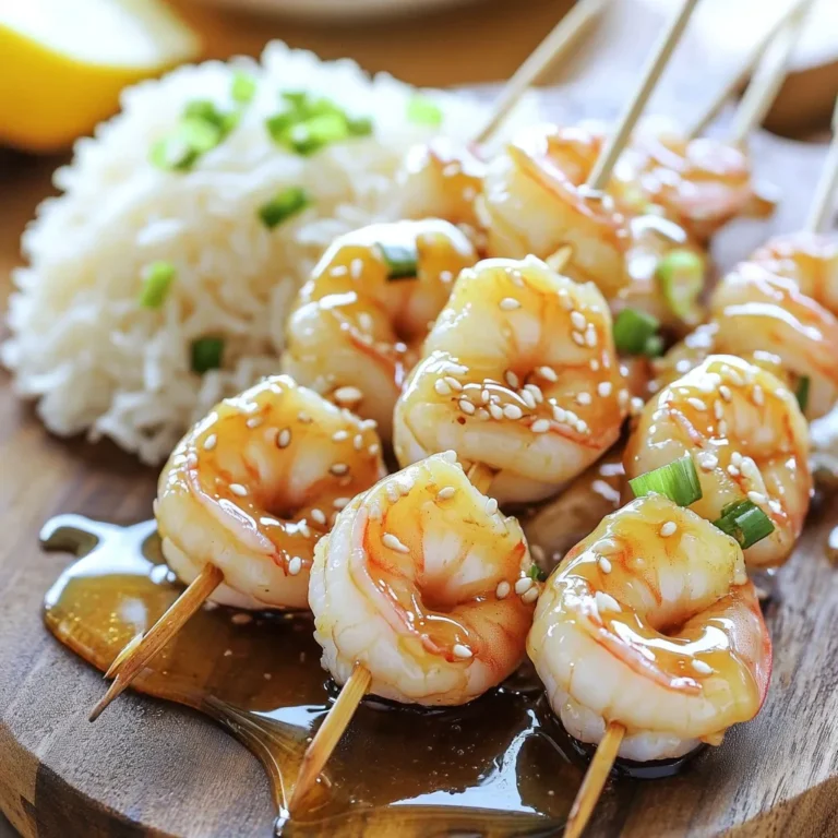 - Shrimp: You need 1 pound of large shrimp, peeled and deveined. - Honey: This sweet ingredient adds depth and a rich flavor. - Soy Sauce: Use 3 tablespoons of low-sodium soy sauce for a healthier option. - Garlic and Ginger: Two cloves of minced garlic and one tablespoon of grated ginger create the base of the marinade. - Other ingredients: Include 1 tablespoon of sesame oil, 1 tablespoon of rice vinegar, and optional 1/2 teaspoon of red pepper flakes for heat. - Garnishes: Slice 1 green onion and sprinkle 1 tablespoon of sesame seeds for a perfect finish. - Wooden skewers: Soak them in water for 30 minutes to prevent burning. These ingredients combine to create a sweet and savory dish that is hard to resist. Each element plays a key role in making the shrimp flavorful and tender. The honey adds sweetness, while the soy sauce brings saltiness. Garlic and ginger lend warmth and depth, making your air fryer skewers truly delightful. Start by whisking together the honey, low-sodium soy sauce, minced garlic, grated ginger, sesame oil, rice vinegar, and red pepper flakes in a medium bowl. This blend creates a sweet and savory marinade. Mixing well is key. You want every drop of shrimp to soak up those flavors. Next, add 1 pound of peeled and deveined shrimp to the marinade. Gently stir to coat each shrimp evenly. Cover the bowl and place it in the fridge for at least 30 minutes. This time lets the shrimp absorb all the tasty goodness. Preheat your air fryer to 400°F (200°C) for about 5 minutes. This step is crucial for crisping your shrimp. While it heats, thread the marinated shrimp onto soaked wooden skewers. Leave a small gap between each shrimp for even cooking. After preheating, arrange the skewers in the air fryer basket in a single layer. Cook them at 400°F (200°C) for 8-10 minutes. Flip the skewers halfway through. The shrimp will turn pink and curl up when they are done. Enjoy the delightful aroma filling your kitchen! To know when shrimp is done, watch for three key signs. First, the color changes from gray to pink. Second, the shrimp will curl into a C-shape. Lastly, it should feel firm to the touch. Overcooking shrimp can lead to a rubbery texture. To avoid this, cook for just 8 to 10 minutes in the air fryer. Flip the skewers halfway through cooking. This helps them cook evenly. Skewering shrimp is easy but needs some care. Start with soaked wooden skewers to prevent burning. Thread each shrimp through the body, leaving space between them. This space allows hot air to circulate, cooking the shrimp evenly. If they are too close, some will cook faster than others. Keep a small gap for the best results. These skewers are great with rice or fresh salads. Fluffy jasmine rice pairs well with the sweet garlic sauce. For salads, try a light green mix or even a cucumber salad. Dipping sauces can elevate the dish. Teriyaki or sweet chili sauce adds great flavor. You can also serve a simple soy sauce for a classic touch. {{image_4}} To make your shrimp skewers spicy, you can adjust the red pepper flakes. Start with a small amount, maybe 1/4 teaspoon. If you want more heat, add more as you taste. You can also try other spicy ingredients. Consider using diced jalapeños or a splash of hot sauce for a kick. You can switch up the marinade for a new taste. Try teriyaki sauce for a sweet twist. Lime juice can add a bright flavor. Fresh herbs like cilantro or basil can bring freshness. You can mix in citrus zest, too. These variations keep your skewers exciting. If you want variety, use chicken or tofu instead of shrimp. For chicken, cut it into bite-sized pieces. Tofu should be firm and pressed to remove excess water. Cooking times will change: chicken needs about 12-15 minutes, and tofu needs around 10 minutes. Adjust as needed for perfect results. To keep your shrimp skewers fresh, store them in the fridge. Place them in an airtight container. They will stay good for about 2 to 3 days. If you have extra skewers that you want to save for later, you can freeze them. Wrap each skewer in plastic wrap, then place them in a freezer bag. They can last up to 2 months in the freezer. When it's time to eat your leftovers, reheating shrimp can be tricky. The best way is in the air fryer. Set it to 350°F (175°C) and cook for about 3 to 5 minutes. This method helps keep the shrimp from getting rubbery. Avoid using the microwave, as it can make the shrimp soggy. You want to maintain that perfect texture. If you want to prepare shrimp ahead of time, marinate it the day before. Store the shrimp in the fridge in the marinade for up to 24 hours. This allows the flavors to soak in well. For meal prep, keep the marinade separate until you are ready to cook. This keeps the shrimp fresh and tasty. You should marinate the shrimp for at least 30 minutes. This time allows the shrimp to soak in the flavors. If you can wait longer, one hour is even better! The shrimp will taste even more delicious with extra time in the marinade. Yes, you can use frozen shrimp. Make sure to thaw them before cooking. To thaw shrimp quickly, place them in a bowl of cold water for about 15-20 minutes. Once thawed, pat them dry with paper towels. This step helps the marinade stick better. Cook the shrimp at 400°F (200°C). This temperature ensures they cook evenly and become perfectly pink. Preheating the air fryer for about 5 minutes is key. It helps to create a nice sear on the shrimp, making them extra tasty! This blog post has covered how to make delicious honey garlic shrimp skewers. We explored key ingredients and how they work together. You learned step-by-step instructions for marinating and cooking shrimp perfectly in an air fryer. Tips on skewering and serving ideas add to your cooking skills. Remember, leftovers can be stored and reheated easily. Enjoy experimenting with variations and different proteins. With these insights, you can create tasty meals that impress. Happy cooking!