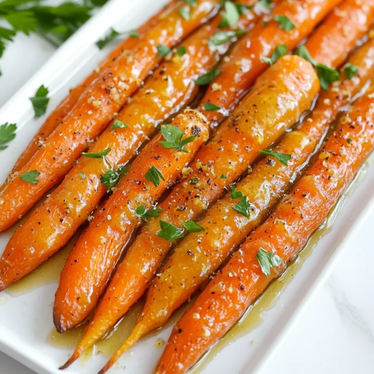 - 1 lb baby carrots, halved lengthwise - 4 tablespoons honey - 3 tablespoons extra-virgin olive oil - 4 cloves garlic, finely minced - 1 teaspoon fresh thyme leaves, chopped - 1/2 teaspoon sea salt - 1/4 teaspoon freshly ground black pepper - 1 tablespoon freshly squeezed lemon juice - Fresh parsley, finely chopped For this dish, I love using baby carrots. Their sweetness makes them perfect for roasting. The honey brings a sticky glaze that caramelizes beautifully. Extra-virgin olive oil adds richness and helps the flavors blend. Garlic adds a savory kick, while fresh thyme gives a nice herbal note. Sea salt and black pepper enhance all the flavors. The squeeze of lemon juice brightens the dish, balancing the sweetness. Finally, fresh parsley adds a pop of color and freshness. Using these fresh ingredients makes a big difference. You want your carrots to shine in this dish. Choose vibrant, firm baby carrots for the best taste. - Preheat the oven: Set your oven to 425°F (220°C). This heat helps caramelize the carrots for a sweet flavor. - Whisk together marinade: In a large bowl, mix 4 tablespoons honey with 3 tablespoons olive oil. Add 4 minced garlic cloves, 1 teaspoon fresh thyme, and season with 1/2 teaspoon sea salt and 1/4 teaspoon black pepper. Finish with 1 tablespoon lemon juice. Whisk until smooth. - Tossing with the marinade: Add 1 pound of halved baby carrots to the bowl. Use a spatula or your hands to mix. Make sure every carrot gets a nice coat of that tasty marinade. - Ensuring even coverage: It's key to cover each carrot piece well. This ensures they roast evenly and absorb all the great flavors. - Preparing the baking sheet: Line a large baking sheet with parchment paper. This helps with cleanup and stops sticking. Spread the carrots out in one layer. - Cooking time and stirring tips: Place the baking sheet in the oven. Roast the carrots for 20-25 minutes. Halfway through, stir the carrots to help them brown nicely. - Knowing when the carrots are done: Check for tenderness. They should be soft but not mushy, with a nice caramelized look. Choosing the right carrots makes a big difference. Look for bright orange color. Fresh carrots should feel firm and crisp. Avoid carrots that are soft or have dark spots. Baby carrots are sweet and tender. If using larger carrots, cut them into similar sizes. Aim for pieces about half an inch thick for even cooking. Caramelization is key to great flavor. A high oven temperature of 425°F (220°C) helps achieve this. It allows sugars to brown and develop sweetness. Stir the carrots halfway through cooking. This ensures they roast evenly. You want a nice golden color on all sides, not just one. Presentation matters when serving. Arrange the roasted carrots on a nice platter. Place them so the glossy glaze is facing up. This makes them look appealing. For a sweet touch, drizzle extra honey over the top. Finish with a sprinkle of fresh parsley for color and flavor. This not only looks good but also adds freshness to each bite. {{image_4}} You can add more color and taste to your roasted honey garlic carrots. Try combining them with bell peppers. Red, yellow, or orange bell peppers add sweetness and a crunchy texture. Cut them into strips and mix them with the carrots before roasting. You might also like to use shallots or onions. They bring a savory note to the dish. Slice them thinly and toss them with the carrots. The flavors blend beautifully during roasting. You can easily change the flavor profile of your carrots. Adding spices like cumin or paprika can give your dish a nice twist. Cumin adds warmth, while paprika adds a bit of smokiness. Start with a small amount, around 1/2 teaspoon, and adjust to your taste. If you want to tweak the sweetness, you can add more or less honey. For a less sweet version, cut the honey down to 2 tablespoons. Alternatively, you can replace honey with maple syrup for a different sweet flavor. If you want to try cooking in an air fryer, it’s a great option. Set your air fryer to 400°F (200°C) and cook the carrots for about 15-20 minutes. Shake the basket halfway through for even cooking. Grilling is another fun method. Toss your marinated carrots in a grill basket and cook them over medium heat. They will take about 10-15 minutes. This method gives a nice char and adds a smoky flavor. To store leftovers, place the roasted carrots in an airtight container. This keeps them fresh and tasty. They will last in the fridge for about 3 to 5 days. Before eating, check for any signs of spoilage, like off smells or changes in texture. Freezing roasted carrots is a great way to save them for later. First, let the carrots cool completely. Then, place them in a single layer on a baking sheet. Freeze them for about 1 to 2 hours until firm. Once firm, transfer the carrots to a freezer-safe bag. Remove as much air as possible and seal tightly. To thaw, put them in the fridge overnight or use the microwave. This helps keep their texture nice. To reheat roasted carrots, the oven works best. Preheat your oven to 350°F (175°C). Spread the carrots on a baking sheet and heat for about 10 minutes. This keeps them crispy. You can also use the microwave. Heat them in short bursts, stirring in between. This helps maintain their flavor and texture. Enjoy your delicious roasted honey garlic carrots! Yes, you can use regular carrots. You will need to cut them into smaller pieces. This helps them cook evenly. Regular carrots take a bit longer to cook. Aim for about 25-30 minutes in the oven. Check for tenderness to be sure they are done. Roasted honey garlic carrots pair well with many dishes. Try serving them with grilled chicken or salmon. They also go nicely with rice or quinoa. For a veggie feast, serve them alongside roasted potatoes or a fresh salad. Look for a golden color and fork-tender texture. They should be soft but not mushy. You can test them by poking a carrot with a fork. If it goes in easily, they are done roasting. Yes, you can prepare the marinade in advance. Store it in the fridge for up to 3 days. When ready to cook, just toss the carrots in the marinade. This saves time and adds flavor. Roasting carrots brings out their natural sweetness and flavor. We discussed using fresh ingredients like honey and thyme. You learned how to prepare, coat, and roast your carrots for the perfect texture. Tips on selecting carrots, achieving great caramelization, and presenting your dish can enhance your meal. Don't forget the fun variations and smart storage tips for leftovers. Enjoy experimenting and delight in this tasty recipe. You will impress everyone at your next meal!