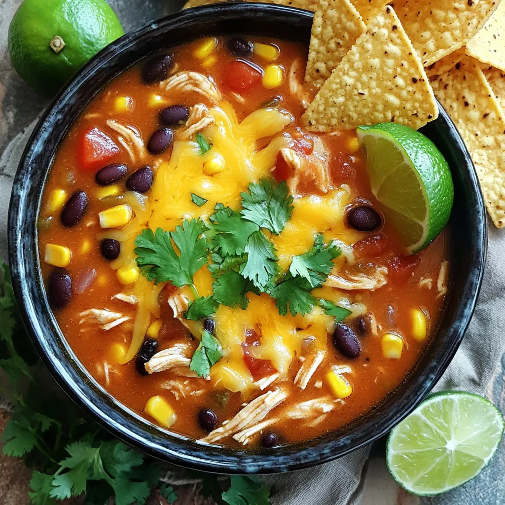 - 1.5 lbs boneless, skinless chicken breasts - 1 (15 oz) can black beans, drained and rinsed - 1 (15 oz) can corn, drained - 1 (10 oz) can diced tomatoes with green chilies - 1 medium onion, finely chopped - 2 cloves garlic, minced - 2 cups chicken broth - 1 tablespoon chili powder - 1 teaspoon ground cumin - 1 teaspoon smoked paprika - 1/2 teaspoon sea salt - 1/4 teaspoon freshly ground black pepper - 1/4 cup fresh cilantro, roughly chopped - 1 cup shredded cheese (cheddar or Monterey Jack) - Tortilla chips and lime wedges for serving I love using fresh ingredients when I cook. The chicken breasts form the heart of this soup. They cook well in the slow cooker and make a tasty base. I always choose boneless and skinless for ease. The black beans and corn add great texture and flavor. They also boost the soup’s nutrition. The diced tomatoes with green chilies bring a kick to each bite. The onion and garlic offer a savory blend that fills the kitchen with aroma. Chicken broth is essential for depth. I prefer low-sodium broth to control the saltiness. The spices are key to flavor. Chili powder, cumin, and smoked paprika create warmth. Sea salt and black pepper finish the seasoning perfectly. Don’t forget the fresh cilantro! It brightens the dish. The shredded cheese melts beautifully on top. Finally, tortilla chips add crunch and lime wedges give a zesty twist. - Slow cooker - Measuring cups and spoons - Cutting board and knife Using the right tools makes cooking easier. A slow cooker is a must for this recipe. It cooks the chicken low and slow, making it tender. Measuring cups and spoons help you get the amounts right. A good cutting board and knife make prep fun and safe. With these ingredients and tools, you’re ready to create a flavorful delight! Start by layering the chicken breasts in the slow cooker. This forms a solid base for your soup. Make sure the chicken is evenly spread out. This helps it cook well and soak up all the flavors. Next, mix in the chopped onion and minced garlic. These will add a nice depth to your soup. After that, add the black beans, drained corn, and diced tomatoes. Stir gently so everything is mixed well. This is where the magic begins! Now, pour the chicken broth over the mixture. This is vital as it helps the soup come together. Sprinkle the chili powder, ground cumin, smoked paprika, sea salt, and black pepper on top. These spices bring that rich, bold flavor. Set your slow cooker on low for 6-8 hours or high for 3-4 hours. The chicken should be tender and easy to shred. Once the cooking time is up, remove the chicken breasts from the slow cooker. Use two forks to shred the chicken into bite-sized pieces. Return it to the pot and stir well. Add the freshly chopped cilantro and half of the cheese. Mix until everything combines nicely. To serve, ladle the hot soup into bowls. Top with the remaining cheese and a handful of crispy tortilla chips. Finish with a squeeze of fresh lime juice. This adds a zesty kick that brightens the dish! To get the best flavor in your soup, balance the seasoning. Use the right amount of chili powder, cumin, and smoked paprika. Start with one tablespoon of chili powder. Adjust it based on your taste. The spices will bring warmth and depth to the soup. Make sure the chicken is cooked just right. Place it at the bottom of your slow cooker. Cook it on low for 6-8 hours or high for 3-4 hours. This way, it cooks slowly and stays tender. After cooking, shred the chicken with two forks. It should break apart easily. For a lovely presentation, use colorful bowls. Add a sprinkle of fresh cilantro on top. Place lime wedges on the side. This makes it fun for guests to add their own zing. Pair the soup with tortilla chips for a crunchy side. You could also serve it with a light salad. A fresh green salad complements the soup well. Toppings make the soup even better. Add shredded cheese on top for creaminess. You can use cheddar or Monterey Jack. For extra spice, consider adding jalapeños or hot sauce. If you like it mild, keep it simple. Squeeze lime juice over the soup before serving. It adds a fresh burst of flavor and brightness. {{image_4}} You can change the chicken to make it easier for you. For quick meals, use rotisserie chicken. Just shred it and add it in when you mix the soup. If you prefer a vegan or vegetarian option, swap the chicken for beans. Try using extra black beans or even chickpeas to keep it hearty. Adjust the spice levels to fit your taste. If you like it hot, add more chili powder or a dash of cayenne pepper. For a mild version, cut back on the spices. You can also add different vegetables. Try bell peppers, zucchini, or spinach for added nutrition. Beans are great too! Add pinto or kidney beans for extra texture. You can transform this soup into a casserole. Just pour the soup into a baking dish after cooking. Top it with more cheese and bake until the cheese melts. If you want to be creative, use the soup as a base. It works well with rice, quinoa, or even as a sauce for nachos. To store your Slow Cooker Chicken Enchilada Soup safely, let it cool first. Use airtight containers for storage. This helps to keep the soup fresh and tasty. Place the soup in the fridge if you plan to eat it soon. It will last for about 3 to 4 days. For longer storage, consider freezing it. When you’re ready to enjoy leftovers, reheating is key. The best way to warm the soup is on the stove over low heat. This method helps retain the flavors. Stir often to prevent sticking. If the soup seems thick, add a little chicken broth or water. This will refresh the soup and keep it creamy. Can the soup be frozen? Yes, it can! Freezing is a great way to save extra soup. Portion it into smaller containers for easy servings. When you need it, thaw the soup in the fridge overnight. Reheat it on the stove or in the microwave. Just remember to stir well and check the taste. You might want to add a bit of fresh lime juice or cilantro before serving for a boost of flavor. How long does it take to cook in the slow cooker? You can cook this soup for 6-8 hours on low or 3-4 hours on high. The chicken should be tender and easily shredded. Can I make this soup in advance? Yes, you can prepare this soup a day before. Store it in the fridge, then reheat it when you’re ready to serve. What can I do if the soup is too thick? If the soup is too thick, add a little more chicken broth. Stir well until you reach your desired consistency. How do I make it spicier? To add spice, mix in some diced jalapeños or a dash of hot sauce. You can also increase the chili powder for more heat. Can I substitute chicken broth with vegetable broth? Yes, you can use vegetable broth instead of chicken broth. This change keeps the soup tasty and is great for vegetarians. What cheese is best for topping? Cheddar and Monterey Jack cheese both work well. They melt nicely and add a rich flavor to the soup. Is this recipe gluten-free? This recipe is gluten-free as long as your broth and canned goods are labeled as such. Always check the labels to be sure. Nutritional information per serving Each serving has about 320 calories. It includes protein from the chicken, fiber from beans, and healthy fats from cheese. How to make it dairy-free or low-carb For a dairy-free option, use dairy-free cheese or skip the cheese altogether. For low-carb, omit the corn and use less broth to thicken the soup. This blog explored a tasty slow cooker chicken enchilada soup. We covered the ingredients, cooking steps, and tips for the perfect dish. You learned about storage and variations to keep it fresh and fun. Now you're ready to create your own version. With simple steps and options for everyone, your soup will please all your guests. Enjoy the process, and let your creativity shine in the kitchen!