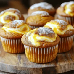 - 1 cup canned pumpkin puree - 1/2 cup cream cheese, softened - 1/2 cup granulated sugar - 1/2 cup brown sugar, tightly packed - 1/2 cup vegetable oil - 2 large eggs, at room temperature - 1 teaspoon pure vanilla extract - 1 1/2 cups all-purpose flour - 1 teaspoon baking powder - 1 teaspoon baking soda - 1 teaspoon ground cinnamon - 1/4 teaspoon ground nutmeg - 1/4 teaspoon ground ginger - 1/2 teaspoon salt Using canned pumpkin puree saves time and adds moisture. If you prefer fresh pumpkin, roast it first for the best flavor. Cream cheese should be softened to mix well, but you can use Greek yogurt as a lighter swap. For sweeteners, you can substitute coconut sugar for a deeper taste. Vegetable oil ensures the muffins stay moist, but melted coconut oil works, too. Make sure to use room-temperature eggs; they blend better, leading to fluffier muffins. If you want a nutty flavor, consider adding chopped walnuts or pecans. Remember, high-quality spices make a big difference in taste. Use fresh ground cinnamon, nutmeg, and ginger for the best results. 1. Prepping the oven and muffin tin: Start by preheating your oven to 350°F (175°C). This step is key to getting those muffins just right. Line a muffin tin with paper liners or grease each cup lightly. This helps prevent sticking. 2. Mixing the cream cheese filling: Take a medium bowl and add the softened cream cheese, granulated sugar, and brown sugar. Use a hand mixer or whisk to combine them. Mix until the mixture is smooth and creamy. Set this aside for later. 3. Combining wet ingredients: In a large bowl, mix together the canned pumpkin puree, vegetable oil, eggs, and vanilla extract. Use a whisk to blend everything well. It should look uniform in color and texture. 1. Sifting the dry mixture: In another bowl, sift together the all-purpose flour, baking powder, baking soda, ground cinnamon, ground nutmeg, ground ginger, and salt. This step helps to aerate the flour and mix the spices evenly. 2. Gradual incorporation with wet ingredients: Slowly add the dry mixture into the wet pumpkin mixture. Use a spatula to fold them together gently. Be careful not to overmix. It's okay if some lumps remain; they add to the texture. 1. Filling the muffin cups: Spoon the pumpkin batter into each muffin cup, filling them halfway. Then, add a generous spoonful of the cream cheese mixture on top of each muffin. Use a toothpick or skewer to gently swirl the mixtures together. This creates a nice marbled look. 2. Baking time and indicators of doneness: Add a bit more pumpkin batter on top of the cream cheese mixture so each cup is about three-quarters full. Bake the muffins for 20-25 minutes. To check if they are done, insert a toothpick into the center. If it comes out clean, they are ready. Let them cool in the tin for about 5 minutes before moving them to a wire rack to cool completely. To get the best texture in your muffins, avoid overmixing the batter. When you mix too much, the muffins can turn out tough. Just fold the ingredients gently until you see no dry flour. Some lumps are okay! For the cream cheese swirl, use a toothpick or skewer. After spooning the cream cheese mixture onto the batter, gently swirl it. Move the toothpick in a figure-eight motion. This creates a nice marbled look without fully blending the two mixtures. Adding spices can boost the flavor of your muffins. I recommend using fresh ground spices when you can. They taste better! You can add more cinnamon or a pinch of cloves for a warm flavor. Always choose high-quality ingredients. Use real vanilla extract instead of imitation. Opt for pure pumpkin puree. It makes a big difference in taste and richness. For this recipe, you'll need a few basic tools. A good mixing bowl and a whisk or hand mixer will work well. A spatula is essential for folding the ingredients without overmixing. Use muffin liners for easy cleanup. If you prefer, lightly grease each muffin cup with oil or butter. This will help the muffins release easily after baking. {{image_4}} To make pumpkin cream cheese muffins even more fun, try adding chocolate chips. They add a sweet twist and pair well with the pumpkin flavor. Use about 1 cup of semi-sweet chocolate chips. Just fold them into the batter before you scoop it into the muffin cups. You can also incorporate nuts or seeds. Chopped walnuts or pecans give a nice crunch. Use about 1/2 cup of your choice. If you prefer seeds, pumpkin seeds work great. They add a healthy touch too. Just mix them in with the batter for a delightful surprise in every bite. If you're looking for gluten-free options, you can swap all-purpose flour with a gluten-free blend. Look for blends that work well for baking. These usually contain a mix of rice flour, tapioca, and potato starch. This change keeps the muffins soft and tasty. For a vegan version, replace the eggs with flax eggs. To make a flax egg, mix 1 tablespoon of ground flaxseed with 2.5 tablespoons of water. Let it sit for about 5 minutes to thicken. You can also use vegan cream cheese instead of regular cream cheese. This way, you still get that creamy filling, but it fits a vegan diet. After baking your pumpkin cream cheese muffins, let them cool in the tin for about 5 minutes. This short rest helps them firm up without sticking. Then, move them to a wire rack. This allows air to flow around the muffins, preventing sogginess. For storing, use an airtight container. Place parchment paper between layers to keep them from sticking. Store the muffins at room temperature for up to 3 days. If you want to keep them longer, the fridge is a good option. They can last about a week in there. To freeze your muffins, allow them to cool completely first. Then, wrap each muffin tightly in plastic wrap. This prevents freezer burn and keeps them fresh. Place wrapped muffins in a freezer bag or container. They can stay frozen for up to 3 months. When you're ready to enjoy, remove a muffin from the freezer. You can reheat it directly in the microwave for about 30 seconds. For a crispier texture, heat the muffin in an oven at 350°F (175°C) for about 10-15 minutes. Enjoy your tasty treat! How to make pumpkin cream cheese muffins from scratch? To make pumpkin cream cheese muffins, start by mixing the wet ingredients. Combine canned pumpkin, vegetable oil, eggs, and vanilla in a bowl. In another bowl, mix cream cheese, granulated sugar, and brown sugar until smooth. In a third bowl, whisk together flour, baking powder, baking soda, cinnamon, nutmeg, ginger, and salt. Gradually mix the dry ingredients into the wet pumpkin mixture. Spoon the batter into muffin cups, add cream cheese, and swirl. Bake at 350°F for 20-25 minutes. Can I use fresh pumpkin instead of canned? Yes, you can use fresh pumpkin. First, roast a pumpkin until soft and then puree it. Measure out one cup of the puree, just like the canned version. Fresh pumpkin may taste a bit different, but it can add a lovely flavor to your muffins. How do I know when muffins are done baking? Muffins are done when a toothpick inserted in the center comes out clean. If the toothpick has wet batter, they need more time. Also, the muffins should look golden and spring back when touched lightly. What to serve with pumpkin cream cheese muffins? These muffins pair well with a light drizzle of maple syrup. You can also serve them with whipped cream or spiced butter for extra flavor. A side of fresh fruit adds a nice touch too. Best beverages to pair with muffins Enjoy pumpkin cream cheese muffins with warm apple cider or a nice cup of chai tea. Coffee also complements the flavors well. If you prefer something cold, try a pumpkin spice latte! Creating pumpkin cream cheese muffins is simple with the right ingredients and steps. We covered everything from measurements to mixing and baking. I shared tips for perfecting texture and enhancing flavor so that your muffins stand out. Variations allow you to customize your muffins to fit any diet or preference. Lastly, we discussed storage and freezing methods for your freshly baked treats. Enjoy your baking, and may these muffins bring joy to every bite!