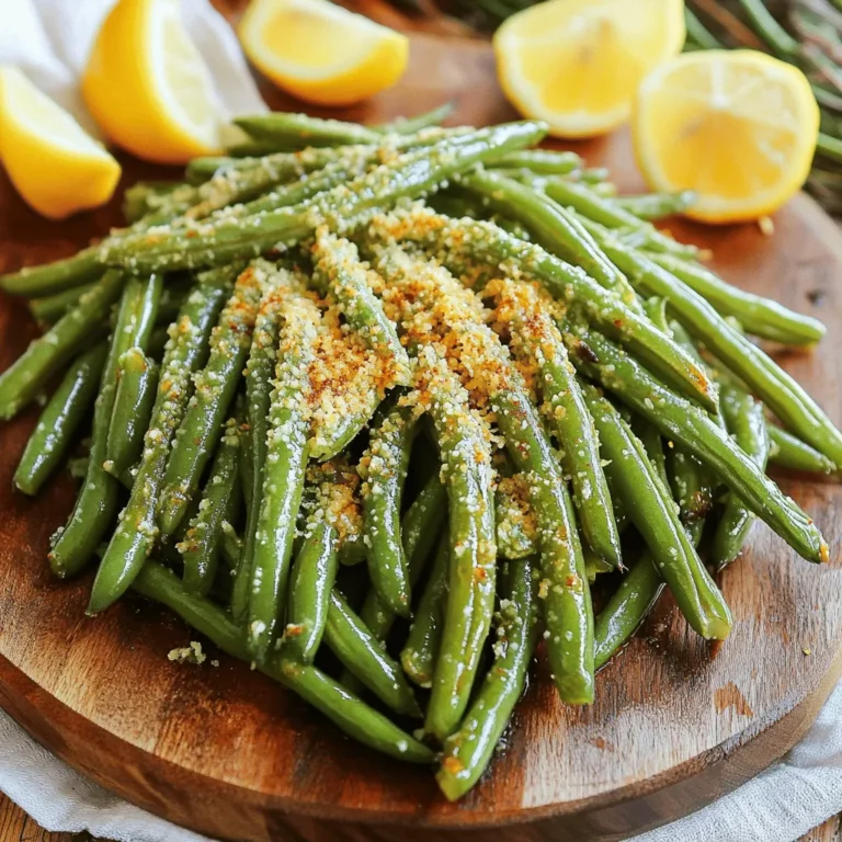 - 1 pound fresh green beans, thoroughly trimmed - 2 tablespoons extra virgin olive oil - 1/2 cup finely grated Parmesan cheese Fresh green beans are the star of this dish. They should be crisp and bright green. Trim the ends to ensure even cooking. Extra virgin olive oil adds a rich flavor and helps the cheese stick. Parmesan cheese brings a salty, nutty taste that pairs perfectly with the green beans. - 1 teaspoon garlic powder - 1/2 teaspoon onion powder - 1/2 teaspoon smoked paprika - 1/4 teaspoon red pepper flakes (optional, for a hint of spice) Garlic powder gives a savory kick. Onion powder adds depth to the flavor. Smoked paprika brings a warm, smoky taste. If you like heat, add red pepper flakes for a little spice. - Lemon wedges Lemon wedges are a great addition. They add brightness and freshness to the dish. Squeeze some lemon juice over the beans right before eating. This will enhance the flavors and make every bite more delicious. First, you need to preheat your air fryer to 400°F (200°C). This helps cook the beans evenly and makes them crispy. Let it heat for about 5 minutes. While the air fryer warms up, prepare your green beans. Trim off the ends and rinse them well. Make sure they are dry before you start. Next, grab a large mixing bowl. Add the trimmed green beans and drizzle in 2 tablespoons of extra virgin olive oil. Toss the beans with your hands or a spoon until they are well coated. This oil helps the cheese stick and adds flavor. In another bowl, mix 1/2 cup of finely grated Parmesan cheese, 1 teaspoon of garlic powder, 1/2 teaspoon of onion powder, and 1/2 teaspoon of smoked paprika. If you like a little heat, add 1/4 teaspoon of red pepper flakes. Season with salt and black pepper to taste. Stir this mixture well until it is combined. Now, sprinkle the cheese mixture over the oiled green beans. Toss the beans again until they are covered in the cheesy spice blend. This step makes them taste amazing! It’s time to cook! Place the green beans in a single layer in the air fryer basket. Don't overcrowd them, or they won’t get crispy. You may need to do this in batches. Set the air fryer to cook for 8-10 minutes. Halfway through, shake the basket. This helps the beans cook evenly and get crispy on all sides. When they are a nice golden color, they are done. Carefully take out the beans and transfer them to a serving platter. Let them cool for a moment before serving. Enjoy your crispy Air Fryer Parmesan Green Beans with fresh lemon wedges for added zest! - Avoid Overcrowding the Basket: When you cook green beans, spread them out. If you pile them on top of each other, they won’t get crispy. Think of it like popcorn; it needs space to pop! Cook in batches if needed. - Recommended Cooking Time Adjustments: Keep an eye on your green beans as they cook. The thicker they are, the longer they may need. Start with 8 minutes and check for crispiness. You can add another 2 minutes if they are not quite right. - Adding Other Spices: Want to mix it up? Try adding a pinch of cumin or a dash of lemon pepper. Each spice can change the flavor and make it your own. - Alternative Cheese Options: While Parmesan is great, you can use cheddar or even nutritional yeast for a dairy-free option. Each cheese will give a different taste and texture. Experiment and see what you love best! - Serving with Garnishes: Lemon wedges add a fresh touch. They also give a nice pop of color. You can also sprinkle some fresh herbs like parsley for a vibrant finish. - Plating Suggestions: Use a wide plate to show off the green beans. Arrange them in a neat pile or a fan shape. The goal is to make them look as tasty as they are! {{image_4}} You can change the cheese for fun flavors. Cheddar adds a sharp taste. Gruyère brings a nutty twist. Both melt well and taste great. If you want dairy-free options, try plant-based cheese. Look for brands that melt nicely to keep that cheesy touch. Green beans are tasty, but don't stop there! You can use asparagus for a similar crunch. Broccoli also works well and adds color. Think about seasonal veggies too. Carrots and zucchini can make a lovely mix. Always pick fresh options for the best taste. If you like heat, add more red pepper flakes. Spice lovers will enjoy the kick! If you prefer mild, use less or skip them. You can also play with other seasonings. Try garlic powder or a sprinkle of lemon zest for extra flavor. Adjust to fit your taste! - To store leftovers, let the green beans cool to room temperature. - Place them in an airtight container to keep them fresh. - Glass containers work well for storing food. - You can also use plastic containers, but make sure they seal tightly. - The best way to keep them crispy is to use the air fryer again. - Preheat your air fryer to 350°F (175°C). - Cook for about 5 minutes. - Check to ensure they are heated through and crispy. - To freeze air fryer green beans, let them cool completely first. - Spread them in a single layer on a baking sheet before freezing. - When ready to eat, take them out of the freezer. - Thaw in the fridge overnight or at room temperature for a few hours. - Reheat them in the air fryer for the best texture. Yes, you can use frozen green beans. Here are some pros and cons to consider: - Pros: Frozen green beans are easy to find and save time. They are often picked at peak freshness, so they can be tasty. No need to wash or trim them. - Cons: Frozen beans may have a softer texture after cooking. They can release more moisture, which may affect crispiness. You might need to adjust the cooking time for best results. If you use frozen green beans, try to thaw and pat them dry first. This helps keep them crispy in the air fryer. You can skip the cheese and still enjoy great flavor. Here are some ideas for different taste profiles: - Herbs: Use fresh or dried herbs like thyme or basil for a bright taste. - Citrus: Add lemon zest or lime juice for a fresh twist. - Nuts: Toss in some toasted almonds or walnuts for crunch and flavor. You can also mix in spices like cumin or chili powder for added warmth. Be creative and find a mix you love! Seasoning green beans can vary based on your taste. Here are some ideas: - Garlic and Onion Powder: These add a savory base. - Smoked Paprika: This gives a nice, smoky flavor. - Herbs: Dill or parsley can brighten up the dish. Mix and match these ideas. You can even add a splash of soy sauce for a savory kick. Enjoy experimenting! This article covered how to make delicious Air Fryer Green Beans. We explored fresh ingredients like green beans, olive oil, and Parmesan cheese. I shared the perfect spices and seasonings to enhance flavor. You learned how to prep, coat, and cook your beans for the best crispiness. Finally, we discussed variations, storage options, and answered common questions. Now, with these tips and tricks, you can enjoy tasty green beans anytime. Happy cooking!