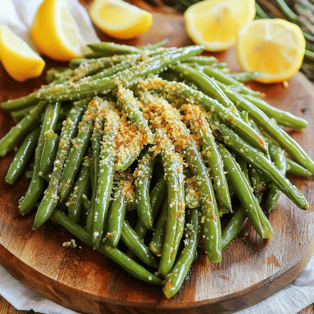 - 1 pound fresh green beans, thoroughly trimmed - 2 tablespoons extra virgin olive oil - 1/2 cup finely grated Parmesan cheese Fresh green beans are the star of this dish. They should be crisp and bright green. Trim the ends to ensure even cooking. Extra virgin olive oil adds a rich flavor and helps the cheese stick. Parmesan cheese brings a salty, nutty taste that pairs perfectly with the green beans. - 1 teaspoon garlic powder - 1/2 teaspoon onion powder - 1/2 teaspoon smoked paprika - 1/4 teaspoon red pepper flakes (optional, for a hint of spice) Garlic powder gives a savory kick. Onion powder adds depth to the flavor. Smoked paprika brings a warm, smoky taste. If you like heat, add red pepper flakes for a little spice. - Lemon wedges Lemon wedges are a great addition. They add brightness and freshness to the dish. Squeeze some lemon juice over the beans right before eating. This will enhance the flavors and make every bite more delicious. First, you need to preheat your air fryer to 400°F (200°C). This helps cook the beans evenly and makes them crispy. Let it heat for about 5 minutes. While the air fryer warms up, prepare your green beans. Trim off the ends and rinse them well. Make sure they are dry before you start. Next, grab a large mixing bowl. Add the trimmed green beans and drizzle in 2 tablespoons of extra virgin olive oil. Toss the beans with your hands or a spoon until they are well coated. This oil helps the cheese stick and adds flavor. In another bowl, mix 1/2 cup of finely grated Parmesan cheese, 1 teaspoon of garlic powder, 1/2 teaspoon of onion powder, and 1/2 teaspoon of smoked paprika. If you like a little heat, add 1/4 teaspoon of red pepper flakes. Season with salt and black pepper to taste. Stir this mixture well until it is combined. Now, sprinkle the cheese mixture over the oiled green beans. Toss the beans again until they are covered in the cheesy spice blend. This step makes them taste amazing! It’s time to cook! Place the green beans in a single layer in the air fryer basket. Don't overcrowd them, or they won’t get crispy. You may need to do this in batches. Set the air fryer to cook for 8-10 minutes. Halfway through, shake the basket. This helps the beans cook evenly and get crispy on all sides. When they are a nice golden color, they are done. Carefully take out the beans and transfer them to a serving platter. Let them cool for a moment before serving. Enjoy your crispy Air Fryer Parmesan Green Beans with fresh lemon wedges for added zest! - Avoid Overcrowding the Basket: When you cook green beans, spread them out. If you pile them on top of each other, they won’t get crispy. Think of it like popcorn; it needs space to pop! Cook in batches if needed. - Recommended Cooking Time Adjustments: Keep an eye on your green beans as they cook. The thicker they are, the longer they may need. Start with 8 minutes and check for crispiness. You can add another 2 minutes if they are not quite right. - Adding Other Spices: Want to mix it up? Try adding a pinch of cumin or a dash of lemon pepper. Each spice can change the flavor and make it your own. - Alternative Cheese Options: While Parmesan is great, you can use cheddar or even nutritional yeast for a dairy-free option. Each cheese will give a different taste and texture. Experiment and see what you love best! - Serving with Garnishes: Lemon wedges add a fresh touch. They also give a nice pop of color. You can also sprinkle some fresh herbs like parsley for a vibrant finish. - Plating Suggestions: Use a wide plate to show off the green beans. Arrange them in a neat pile or a fan shape. The goal is to make them look as tasty as they are! {{image_4}} You can change the cheese for fun flavors. Cheddar adds a sharp taste. Gruyère brings a nutty twist. Both melt well and taste great. If you want dairy-free options, try plant-based cheese. Look for brands that melt nicely to keep that cheesy touch. Green beans are tasty, but don't stop there! You can use asparagus for a similar crunch. Broccoli also works well and adds color. Think about seasonal veggies too. Carrots and zucchini can make a lovely mix. Always pick fresh options for the best taste. If you like heat, add more red pepper flakes. Spice lovers will enjoy the kick! If you prefer mild, use less or skip them. You can also play with other seasonings. Try garlic powder or a sprinkle of lemon zest for extra flavor. Adjust to fit your taste! - To store leftovers, let the green beans cool to room temperature. - Place them in an airtight container to keep them fresh. - Glass containers work well for storing food. - You can also use plastic containers, but make sure they seal tightly. - The best way to keep them crispy is to use the air fryer again. - Preheat your air fryer to 350°F (175°C). - Cook for about 5 minutes. - Check to ensure they are heated through and crispy. - To freeze air fryer green beans, let them cool completely first. - Spread them in a single layer on a baking sheet before freezing. - When ready to eat, take them out of the freezer. - Thaw in the fridge overnight or at room temperature for a few hours. - Reheat them in the air fryer for the best texture. Yes, you can use frozen green beans. Here are some pros and cons to consider: - Pros: Frozen green beans are easy to find and save time. They are often picked at peak freshness, so they can be tasty. No need to wash or trim them. - Cons: Frozen beans may have a softer texture after cooking. They can release more moisture, which may affect crispiness. You might need to adjust the cooking time for best results. If you use frozen green beans, try to thaw and pat them dry first. This helps keep them crispy in the air fryer. You can skip the cheese and still enjoy great flavor. Here are some ideas for different taste profiles: - Herbs: Use fresh or dried herbs like thyme or basil for a bright taste. - Citrus: Add lemon zest or lime juice for a fresh twist. - Nuts: Toss in some toasted almonds or walnuts for crunch and flavor. You can also mix in spices like cumin or chili powder for added warmth. Be creative and find a mix you love! Seasoning green beans can vary based on your taste. Here are some ideas: - Garlic and Onion Powder: These add a savory base. - Smoked Paprika: This gives a nice, smoky flavor. - Herbs: Dill or parsley can brighten up the dish. Mix and match these ideas. You can even add a splash of soy sauce for a savory kick. Enjoy experimenting! This article covered how to make delicious Air Fryer Green Beans. We explored fresh ingredients like green beans, olive oil, and Parmesan cheese. I shared the perfect spices and seasonings to enhance flavor. You learned how to prep, coat, and cook your beans for the best crispiness. Finally, we discussed variations, storage options, and answered common questions. Now, with these tips and tricks, you can enjoy tasty green beans anytime. Happy cooking!