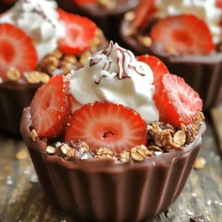 - 1 cup dark chocolate chips - 2 cups fresh strawberries, hulled and halved - 1 cup granola or crushed graham crackers - 1/2 cup whipped cream or coconut cream - 1 teaspoon vanilla extract - Sea salt for garnish - Microwave-safe bowl - Muffin cups - Spoon for spreading and layering Gathering these ingredients is the first step to making your chocolate covered strawberry cups. The dark chocolate chips are key. They bring richness and deep flavor. Fresh strawberries add a bright, juicy taste. You can choose granola or crushed graham crackers for a crunchy base. The whipped cream or coconut cream gives creaminess and a light touch. For an extra boost, a teaspoon of vanilla extract can enhance the cream flavor. If you want to play with taste, a sprinkle of sea salt can add a nice contrast. Ensure you have the right tools. A microwave-safe bowl is a must for melting chocolate. Muffin cups help shape the chocolate into cups. And a spoon is great for spreading and layering your ingredients neatly. With everything ready, you can start creating your delightful dessert! To melt chocolate safely, use a microwave-safe bowl. Place the dark chocolate chips in the bowl. Heat them at medium power in 30-second intervals. Stir well after each interval until smooth. Avoid overheating by watching closely. If the chocolate looks glossy and fluid, it is ready. Line six muffin cups with silicone or paper liners. Spoon a generous amount of melted chocolate into each liner. Use the back of a spoon to spread the chocolate up the sides. This forms a cup shape. After the chocolate sets, remove the cups from the fridge. Spoon a layer of granola or crushed graham crackers into each cup. Press down gently to create a firm base. Now it’s time for the strawberries. Arrange the halved strawberries on top of the granola. This makes each cup colorful and inviting. In a mixing bowl, combine the whipped cream with the vanilla extract. Mix until just combined. You can spoon or pipe the creamy mixture on top. This adds an elegant touch to your dessert. Use any remaining melted chocolate to drizzle over the whipped cream. This enhances both flavor and look. For a gourmet touch, sprinkle a tiny pinch of sea salt on each cup. Return the cups to the fridge for another 10 minutes. This helps all the layers set together perfectly. Enjoy your delicious creation! - Overheating chocolate: Always melt chocolate in short bursts. Heat it for 30 seconds, then stir. Repeat until smooth. If you overheat it, the chocolate can burn. Burnt chocolate is grainy and unusable. - Not allowing cups to set properly: After you fill the cups with chocolate, chill them long enough. They need about 10-15 minutes to set. If you skip this step, the cups may fall apart. - How to create an eye-catching dessert: Use bright and fresh strawberries on top. Arrange them in a fun pattern. Drizzle some melted chocolate on the whipped cream for a fancy look. A pinch of sea salt on top adds a nice touch too. - Serving suggestions and plating ideas: Place your cups on a colorful platter. Add extra strawberries or a sprig of mint around them. This creates a beautiful scene and makes the dessert pop. - Alternatives for dark chocolate: You can use milk chocolate if you prefer a sweeter taste. White chocolate is another option for a creamy flavor. Just remember to adjust the melting time. - Dairy-free options for cream: Use coconut cream instead of whipped cream. It gives a rich taste and keeps the dessert dairy-free. You can also try using a dairy-free whipped topping for a similar effect. {{image_4}} You can switch up the fruit in your cups for fun. Try using blueberries or raspberries instead of strawberries. These berries add great color and taste. You could even mix different berries for a colorful treat. Seasonal fruit variations are also a great idea. In summer, use peaches or cherries. In fall, think about apples or pears. Each fruit brings its own flavor and texture. This keeps your dessert fresh and exciting. You can change the chocolate you use. Using milk or white chocolate can make a sweeter cup. Milk chocolate gives a creamy taste, while white chocolate adds a nice sweetness. Infusing flavors into the chocolate is another fun way to mix things up. You can add a dash of espresso powder for a coffee kick. Zest from an orange or a splash of peppermint extract can create a fresh twist. Just be careful not to add too much. A little goes a long way! If you want to make these cups a bit lighter, consider using yogurt instead of whipped cream. Greek yogurt adds protein and a nice tang. You can also sweeten it with honey or a bit of maple syrup. For lower sugar options, try using dark chocolate with less sugar. Look for granola that has no added sugars. This way, you still enjoy delicious flavors without all the extra sugar. These swaps help keep your dessert tasty and a bit healthier! To keep your chocolate covered strawberry cups fresh, store them in the fridge. Place them in an airtight container. This helps prevent them from drying out. These cups will last about 3 to 5 days. After that, the strawberries may lose their texture and flavor. You can freeze these cups if you need to store them longer. First, place the cups in a single layer on a baking sheet. Freeze them for about 2 hours until solid. After that, wrap each cup in plastic wrap and then place them in a freezer-safe bag. When you want to enjoy them, take out a cup and thaw it in the fridge for a few hours. Serve them chilled for a refreshing treat. If you have leftover chocolate, you can make chocolate drizzles for other treats. Melt it again and drizzle it over popcorn or pretzels. You can also use leftover whipped cream in coffee or on pancakes. As for extra fruit, mix halved strawberries into yogurt or salads. These ideas help reduce waste and keep your meals exciting. Yes, you can use milk chocolate or white chocolate. Each type brings a unique taste. Milk chocolate adds creaminess, while white chocolate offers sweetness. Just be sure to melt them gently, like you would dark chocolate. Their melting process is similar. To make these cups vegan, use dairy-free chocolate chips. Swap whipped cream for coconut cream. Make sure the granola is also vegan-friendly. These changes keep the dessert delicious and plant-based. Taste will stay great! You can serve these cups with extra strawberries or a sprig of mint. Fresh mint adds a nice touch. You might also offer a scoop of vanilla ice cream on the side. This helps balance the sweetness and adds creaminess. Yes, you can make these cups ahead of time. Just store them in the fridge. They stay fresh for about three days. For best taste, add toppings just before serving. This keeps everything looking and tasting fresh. You learned how to make tasty chocolate-covered strawberry cups. We covered the main ingredients, kitchen tools, and step-by-step instructions. I shared tips for avoiding common mistakes and ideas for variations and storage. These treats are fun to make and great for sharing. You can impress friends or enjoy them yourself. With simple ingredients and easy steps, you can create a delightful dessert any time. Enjoy your delicious creation!