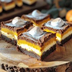 - 1/2 cup unsalted butter, melted - 1 cup granulated sugar - 2 large eggs - 1 teaspoon vanilla extract - 1/3 cup unsweetened cocoa powder - 1/2 cup all-purpose flour - 1/4 teaspoon salt - 1/4 teaspoon baking powder - 8 oz cream cheese, softened at room temperature - 1/2 cup pumpkin puree - 1/4 cup granulated sugar - 1 large egg - 1 teaspoon pumpkin pie spice - 1 teaspoon vanilla extract The ingredients for these pumpkin spice cheesecake brownie swirl bars create a perfect blend of flavors. The brownie layer brings a rich and fudgy texture, while the cheesecake layer adds a creamy, spiced delight. The melted butter and sugar make the base sweet and moist. The eggs help the brownies rise and bind everything together. Cocoa powder gives the brownies their deep chocolate flavor. The flour, salt, and baking powder balance the sweetness and add structure. For the cheesecake layer, softened cream cheese is key. It blends smoothly with pumpkin puree, sugar, and spices. Using fresh pumpkin puree enhances the taste. The egg helps set the cheesecake layer, while vanilla and pumpkin pie spice add warmth. This mix of ingredients creates a treat that feels special. Each layer brings something tasty, making these bars perfect for any gathering or a cozy evening at home. Set your oven temperature to 350°F (175°C). While the oven heats, prepare a 9x9 inch baking pan. You can grease it lightly or line it with parchment paper. This will help you remove the bars easily later. In a mixing bowl, combine the melted butter with the granulated sugar. Stir until the mixture is smooth. Next, add two large eggs to the bowl, mixing well after each one. Pour in one teaspoon of vanilla extract and keep mixing until the batter looks uniform. Now, sift in the dry ingredients: 1/3 cup cocoa powder, 1/2 cup flour, 1/4 teaspoon salt, and 1/4 teaspoon baking powder. Stir gently until just combined. Be careful not to overmix; this keeps your brownies fudgy. In a separate bowl, beat 8 oz of softened cream cheese until it is smooth and creamy. Then, mix in 1/2 cup pumpkin puree, 1/4 cup sugar, and one large egg. Add one teaspoon of pumpkin pie spice and one teaspoon of vanilla extract. Blend until everything is well mixed, creating a rich cheesecake layer. Now, gently spoon this mixture over the brownie layer in the baking pan. Spread it evenly for the best results. Take a knife or a skewer and swirl the cheesecake into the brownie batter. This creates a beautiful marbled effect. Place the pan in the oven and bake for 30-35 minutes. The bars are ready when the center is set and a toothpick comes out with a few moist crumbs. After baking, remove the pan from the oven and let it cool on a wire rack. Once cool, slice the bars into squares. For a lovely presentation, serve them on a decorative platter. You can dust them with powdered sugar and add a dollop of whipped cream for an extra touch. - Use room temperature ingredients. This helps the batter blend well. - Avoid overmixing for a fudgy texture. Mix just until combined for the best result. - Ensure cream cheese is fully softened. This makes mixing smooth and creamy. - Use fresh pumpkin puree for a flavor boost. It gives a richer taste than canned versions. - Dust with powdered sugar before serving. This adds a nice touch to your bars. - Add whipped cream and cinnamon for flair. It makes each bite feel special and festive. {{image_4}} You can easily make this dessert gluten-free. Just substitute all-purpose flour with a gluten-free flour blend. This swap keeps the texture nice and still gives you that rich brownie flavor. Feel free to get creative with flavors! You can add chocolate chips or nuts to the brownie batter for extra texture. If you're in the mood for more spice, try using nutmeg or ginger. These spices will enhance the warm pumpkin flavor and add a unique twist. These bars pair wonderfully with coffee or tea. The warm drinks balance the sweet flavors. You can also serve them with a side of autumn fruit, like sliced apples or pears. This adds freshness and makes your dessert look even more inviting. You can keep these bars in an airtight container. They stay fresh at room temperature for up to 3 days. Make sure to seal them well to maintain their tasty goodness. For longer storage, refrigerate the bars. They will last up to a week in the fridge. If you want to save them for later, freeze them. They can stay frozen for up to 3 months. Just wrap them well to avoid freezer burn. If you freeze the bars, you should thaw them first. Place the frozen bars in the refrigerator for a few hours before serving. To enjoy them warm, pop them in the microwave for a few seconds. This step brings back their soft texture and rich flavors. Yes, you can use mascarpone or ricotta if you want. These cheeses add a different texture and taste. Mascarpone gives a creamier feel, while ricotta adds a light texture. Both options work well for this recipe. You can tell the bars are done when the center looks set. Insert a toothpick into the middle. If it comes out with a few moist crumbs, the bars are ready. They should not jiggle too much when you gently shake the pan. Absolutely! You can prepare the bars a day in advance. After baking, let them cool completely. Then, store them in an airtight container. This will keep them fresh and tasty for your guests. These bars pair great with whipped cream or vanilla ice cream. You can also serve them with a warm cup of coffee or spiced tea. A drizzle of caramel sauce can add extra sweetness too! To sum up, we explored a tasty recipe for Pumpkin Spice Cheesecake Brownie Swirl Bars. You learned about the ingredients needed, from rich brownie components to creamy cheesecake layers. I shared step-by-step instructions that made baking easy. Plus, I included storage tips and FAQs to guide you further. These bars are not only a treat but can be adjusted for your taste. Enjoy creating and sharing this delicious dessert with others!
