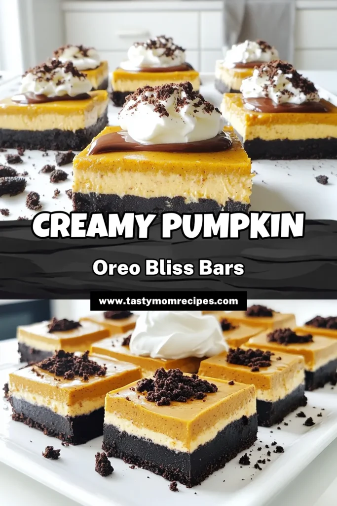 Indulge in the creamy, deliciousness of No-Bake Pumpkin Oreo Cheesecake Bars! This easy recipe combines a rich Oreo crust with a velvety pumpkin filling, making it the perfect fall dessert. Ready in just 20 minutes and chilled to perfection, these bars are a must-try for any pumpkin lover. Click to explore the full recipe and elevate your autumn gatherings! #PumpkinDesserts #NoBakeCheesecake #FallRecipes #DessertIdeas