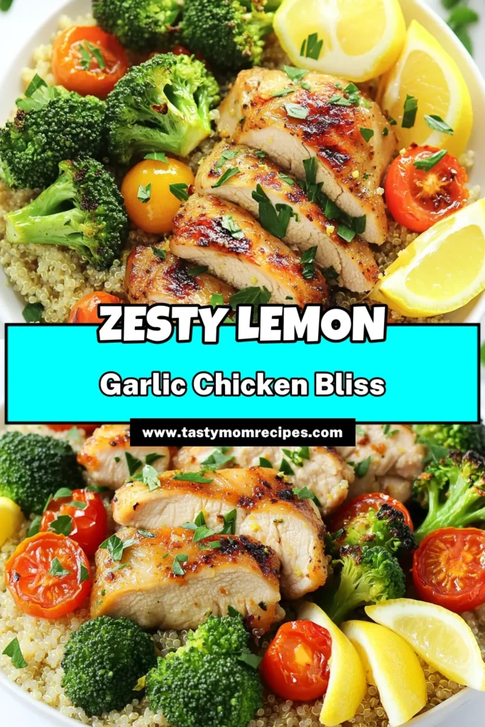Savor the vibrant flavors of Zesty Lemon Garlic Chicken Bowls! This delicious recipe combines tender chicken thighs marinated in a tangy lemon-garlic blend with roasted broccoli, cherry tomatoes, and fluffy quinoa. Perfect for a healthy weeknight dinner, this dish is easy to make and packed with flavor. Click through to explore the full recipe and elevate your mealtime! #LemonGarlicChicken #HealthyRecipes #MealPrep #EasyDinners