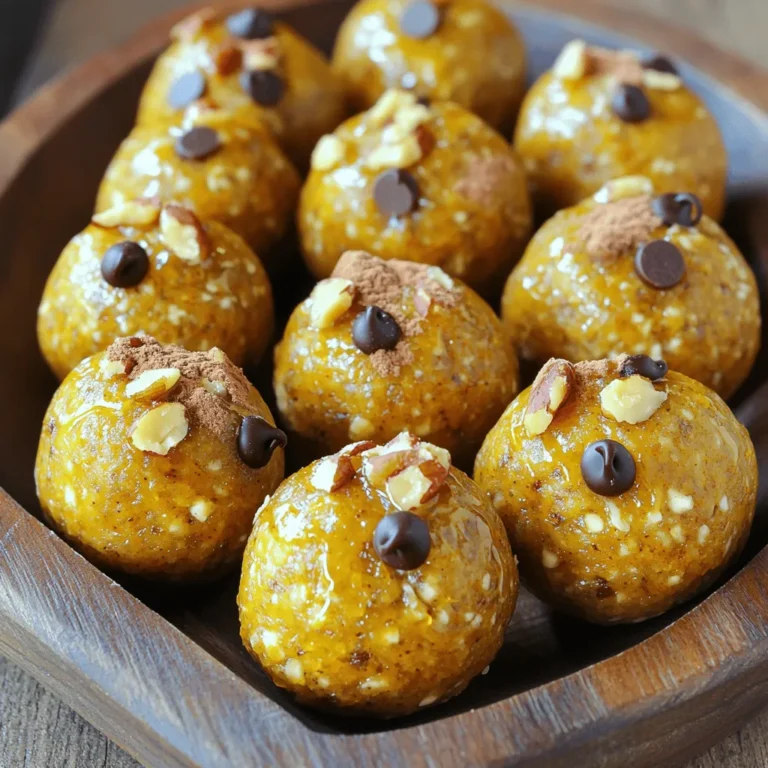 - 1 cup rolled oats - 1/2 cup nut butter (almond or peanut) - 1/2 cup pumpkin puree (canned or homemade) - 1/4 cup honey or maple syrup (use maple syrup for vegan) - 1 teaspoon pure vanilla extract - 1 teaspoon pumpkin pie spice - 1/4 teaspoon sea salt - 1/2 cup mini chocolate chips (optional) - 1/4 cup chopped nuts (walnuts or pecans) or seeds (pumpkin or sunflower) (optional) You can easily make these energy balls suit your needs. For a nut-free option, swap nut butter for sunflower seed butter. For a vegan treat, just use maple syrup instead of honey. If you want gluten-free energy balls, ensure your oats are certified gluten-free. You can also skip chocolate chips for a lower-sugar option. Each ingredient plays an important part in the flavor and texture. Rolled oats give the balls body and fiber. Nut butter adds creaminess and healthy fats. Pumpkin puree provides moisture and that warm fall flavor. Honey or maple syrup sweetens the mix and binds it all together. Pumpkin pie spice brings a cozy aroma, while sea salt enhances the overall taste. Optional chocolate chips and nuts or seeds add crunch and extra flavor. To make these energy balls, start with a large mixing bowl. Add 1 cup of rolled oats and 1/2 cup of nut butter. You can choose almond or peanut butter based on your taste. Next, add in 1/2 cup of pumpkin puree. This gives the balls their pumpkin flavor. Then, pour in 1/4 cup of honey or maple syrup for sweetness. If you want a vegan option, go for maple syrup. Add 1 teaspoon of pure vanilla extract for extra flavor. Stir everything together with a spatula or wooden spoon. Mix until the mixture is smooth and even. Next, sprinkle in 1 teaspoon of pumpkin pie spice. This is a mix of cinnamon, nutmeg, ginger, and allspice. Add 1/4 teaspoon of sea salt to balance the sweetness. Stir again to blend these flavors well. If you want to add some fun textures, fold in 1/2 cup of mini chocolate chips and 1/4 cup of chopped nuts or seeds. Use walnuts, pecans, pumpkin seeds, or sunflower seeds. This will make each bite exciting. To form the balls, wet your hands a little. This helps the mixture not stick to your hands. Roll the mixture into small balls about 1 inch wide. After rolling the balls, place them on a parchment-lined baking sheet. Then, cover the mixing bowl with plastic wrap or a lid. Put the bowl in the fridge for 20 to 30 minutes. Chilling helps firm up the mixture. This makes rolling the balls easier and keeps them from falling apart. Once chilled, take the balls out. Place them back in the fridge for about an hour to set fully. Store the energy balls in an airtight container in the fridge. They will stay fresh for a week. You can also freeze them for longer storage. Just allow them to thaw at room temperature when you want to enjoy them. To get the best texture, use old-fashioned rolled oats. They hold up well and add chewiness. For nut butter, almond or peanut work great. Choose one that is smooth and creamy. This helps blend well with the pumpkin puree. If you want a sweeter taste, use honey or maple syrup. Both add moisture too. A pinch of sea salt can make the flavors pop. Adding mini chocolate chips is an excellent way to make these energy balls fun! One common mistake is not chilling the mixture enough. Chilling makes it easier to roll into balls. If the mixture is too sticky, your hands will get messy. Another mistake is overmixing. Stir just until combined for a good texture. Avoid adding too many ingredients at once; this can make the energy balls fall apart. Always use a standard measuring cup for accuracy. For serving, place energy balls in a small bowl or on a wooden platter. You can sprinkle more pumpkin pie spice on top for flair. These energy balls are perfect for snacks or a quick breakfast. Pair them with a warm drink like tea or coffee. For a festive touch, wrap them in clear bags and tie with a ribbon. They make great gifts too! {{image_4}} You can change the taste of your energy balls easily. Try adding spices like cinnamon or ginger. These spices add warmth and depth. Dried fruits like cranberries or raisins can also work well. They add sweetness and chewiness. You might even want to toss in some chia seeds. They boost nutrition and give a fun crunch. If you want a different flavor, swap out nut butter. Sunflower seed butter is a great option. It gives a nice nutty flavor and is nut-free. For sweeteners, you can use agave syrup if you want. This gives a light sweetness that blends well. Each change gives a unique taste experience. As seasons change, so can your energy balls! In winter, add spices like cardamom or cloves. These spices warm you up and add a cozy feeling. You can also try using sweet potato instead of pumpkin. It gives a different flavor while keeping the dish healthy. Enjoy making these fun variations all year long! To keep your no bake pumpkin spice energy balls fresh, store them in an airtight container. This prevents air from making them dry. Place a piece of parchment paper between layers to avoid sticking. Keep them in the fridge for up to a week. For longer storage, freeze your energy balls. Arrange them in a single layer on a baking sheet. Once frozen solid, transfer them to a freezer-safe bag. They can last up to three months in the freezer. When ready to eat, thaw them at room temperature for about 15 minutes. Check for changes in smell or texture. If they smell sour or look dry, it’s best to toss them. Also, if you see mold, do not eat them. Fresh energy balls should smell sweet and feel soft yet firm. Yes, you can make these energy balls gluten-free. Just use gluten-free rolled oats. Many brands offer certified gluten-free oats that are safe for those with gluten sensitivities. This small swap ensures you still enjoy the same great taste and texture. No bake energy balls last about one week in the fridge. Store them in an airtight container to keep them fresh. If you want to keep them longer, you can freeze them. They can last for up to three months in the freezer. Absolutely! You can replace pumpkin puree with applesauce or mashed banana. Both options bring moisture and sweetness. However, keep in mind that the flavor will change slightly. Pumpkin adds a warm, spiced taste that is hard to beat. Each energy ball has about 100 calories. It contains around 4 grams of protein and 8 grams of carbs. The exact numbers may change based on your ingredient choices. If you want more detailed info, consider using a nutrition calculator with your specific ingredients. Yes, to lower the sugar content, use less honey or maple syrup. You can also try using a sugar substitute like stevia or monk fruit. Another option is to add more spices for flavor without the extra sugar. This way, you still satisfy your sweet tooth! You learned that making energy balls is simple and fun. We covered key ingredients, substitutes, and step-by-step instructions. The tips helped improve texture and flavor, avoiding common mistakes. You can try different variations for unique tastes. Storing them properly keeps them fresh. Remember to check for signs of spoilage before eating. Energy balls are versatile snacks you can customize to fit your needs. Get creative and enjoy your tasty, healthy treats!