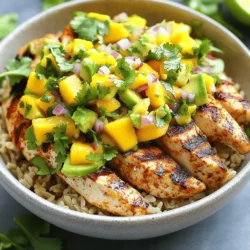 - 2 boneless, skinless chicken breasts - 1 ripe mango, diced into small cubes - 2 ripe avocados, diced - 1 small red onion, finely chopped - 1 jalapeño pepper, deseeded and minced - 1 teaspoon olive oil - 1 teaspoon ground cumin - 1 teaspoon smoked paprika - Sea salt and freshly ground black pepper, to taste - Cooked brown rice or quinoa - Fresh cilantro leaves for garnish Gathering fresh and vibrant ingredients is key. I always choose ripe mangoes and avocados for the best flavor. The red onion adds a nice crunch, while jalapeño gives it a kick. You can adjust the heat level by adding more or less jalapeño. For seasoning, olive oil keeps the chicken moist. The ground cumin and smoked paprika add depth and warmth. I use sea salt and fresh black pepper to enhance all the flavors. When serving, I love placing the chicken on a bed of brown rice or quinoa. The grains soak up the flavors well. Finally, I finish the bowls with fresh cilantro for a burst of color and taste. These ingredients come together to create a bright and tasty meal. First, preheat your grill or skillet over medium heat. This helps cook the chicken evenly. Next, take a small mixing bowl. Add 1 teaspoon of olive oil, 1 teaspoon of ground cumin, 1 teaspoon of smoked paprika, sea salt, and black pepper. Stir this mix well. Rub it all over both chicken breasts. Make sure they are coated nicely. Place the seasoned chicken on the grill or skillet. Cook for about 6-7 minutes on each side. You want the chicken to reach an internal temperature of 165°F (75°C). This means it is safe to eat. The juices should run clear when cut. After cooking, let the chicken rest for a few minutes. This helps keep it juicy. While the chicken rests, let’s make the salsa. In a medium bowl, combine 1 ripe mango (diced), 2 ripe avocados (diced), 1 small red onion (finely chopped), and 1 minced jalapeño pepper. Also, add 2 tablespoons of fresh lime juice. Mix gently. Be careful not to mash the avocados. If you like, you can add more salt to taste. After the chicken has rested, slice it into strips. For each bowl, start with a base of cooked brown rice or quinoa. Layer the sliced chicken on top. Add generous spoonfuls of the mango avocado salsa over the chicken. Finally, sprinkle freshly chopped cilantro on each bowl. This adds color and flavor. To ensure juicy chicken, start with a good marinade. Use olive oil, cumin, smoked paprika, salt, and pepper. Let the chicken rest after cooking. This keeps it moist. You can also grill or skillet-cook the chicken. If you prefer, you can bake it at 375°F for 20-25 minutes. A broiler works too. Cook until the chicken hits 165°F. When choosing mangoes, look for softness. They should feel slightly squishy when ripe. For avocados, the same rule applies. A ripe avocado should yield to gentle pressure. If you like spice, add minced jalapeño. For less heat, remove the seeds. This helps control the salsa's kick. Garnish your bowls with fresh cilantro. It adds a pop of color and flavor. Serve lime wedges on the side for an extra zesty touch. You can also add sliced radishes for crunch. These small details make your dish look great and taste even better. {{image_4}} You can easily adapt this recipe to fit your diet. For those on a Paleo or Keto diet, skip the rice or quinoa. Instead, use cauliflower rice as a low-carb base. This way, you enjoy the same great flavors without the extra carbs. If you prefer a vegan option, swap the chicken for a plant-based protein. Grilled tofu or chickpeas work well and soak up the salsa's flavors. Get creative with the salsa! You can add fruits like pineapple or peaches for a sweet twist. Just chop them small like the mango. Fresh herbs can also change the flavor. Try adding mint or basil for a new taste. These small changes can take your dish to the next level. The way you serve these bowls can also change things up. Instead of using bowls, try wrapping the chicken and salsa in tortillas. This makes it easy to eat on the go. You can also make a salad-style dish. Use greens like spinach or arugula as a base. Then, add the chicken and salsa on top. This gives you a fresh and crunchy meal. To keep your Mango Avocado Salsa Chicken Bowls fresh, store leftovers in the fridge. Use airtight containers for best results. Glass containers work well because they don’t hold odors. Make sure to cool the food to room temperature before sealing. This helps prevent moisture buildup. You can freeze the chicken and salsa separately. Wrap the chicken tightly in plastic wrap, then place it in a freezer bag. For salsa, use a container that seals well. This keeps the flavors intact. When you're ready to eat, thaw the chicken in the fridge overnight. For salsa, thaw it at room temperature for a couple of hours. In the fridge, cooked chicken lasts about three to four days. The salsa stays fresh for about two days. Always check for signs of spoilage. Look for changes in color or smell. If it looks different or smells off, it's best to throw it away. To check if chicken is cooked, use a meat thermometer. The internal temperature should reach 165°F (75°C). This means it is safe to eat. If you don’t have a thermometer, look for clear juices. If the juices run clear, the chicken is done. Make sure there is no pink meat left inside. Yes, you can make the salsa ahead. It stays fresh for up to two days in the fridge. Store it in an airtight container. To keep the avocado from browning, add lime juice to the mix. This helps keep it bright and green. You can also cover the surface with plastic wrap. Press the wrap directly on the salsa to limit air exposure. If you want to change the base, try other grains. You can use white rice, farro, or barley. These are easy to find and tasty. If you need low-carb options, use cauliflower rice. It’s light and will soak up all the flavors. You can also use zucchini noodles for a fun twist. This blog post covered a delicious recipe for Mango Avocado Salsa Chicken Bowls. We explored each step, from selecting fresh ingredients to cooking juicy chicken. You learned how to assemble the bowls with vibrant flavors and appealing garnishes. Remember, you can customize this dish to fit your diet or taste preferences. Enjoy exploring variations and sharing your creations. Cooking should be fun, so let your creativity shine! Now, gather your ingredients and get cooking!