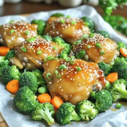 - 4 bone-in, skin-on chicken thighs - 1/4 cup honey - 2 tablespoons soy sauce - 4 cloves garlic, minced - 1 tablespoon fresh ginger, grated - 1 teaspoon sesame oil - 2 cups broccoli florets - 1 cup baby carrots - Salt and freshly ground black pepper to taste - Chopped green onions and sesame seeds for garnish You need precise measurements for this dish. Using the right amount of each ingredient makes a big difference in taste. The honey brings sweetness. Soy sauce adds umami. Garlic and ginger give depth. Salt and pepper enhance all these flavors. Each ingredient plays a key role. - Mixing bowls - Whisk - Sheet pan - Parchment paper - Measuring cups and spoons - Chef's knife - Cutting board Using good tools helps you cook well. A sheet pan makes this dish simple. It holds all the ingredients in one place. Parchment paper helps with easy cleanup. You can focus on enjoying your meal instead of scrubbing the pan. Start by washing your hands. Then, grab the chicken thighs. Pat them dry with paper towels. This step helps the skin get crispy later. Next, season the thighs with salt and black pepper. Be sure to cover both sides evenly for great flavor. In a bowl, mix honey, soy sauce, minced garlic, grated ginger, and sesame oil. Whisk it well until it blends together. This will be your marinade. Place the chicken in a large bowl or zip-top bag. Pour half of the marinade over the chicken. Make sure each thigh gets coated. The rest of the marinade will be used later. Let the chicken marinate for at least 15 minutes. If you have more time, let it sit for up to 2 hours in the fridge. This deepens the flavors. While the chicken marinates, rinse the broccoli florets and baby carrots. Then, in a separate bowl, toss the veggies with a bit of olive oil, salt, and pepper. Mix them until they are evenly coated. This will add flavor to your dish. Line a sheet pan with parchment paper. This makes cleanup easy. On one side of the pan, arrange the marinated chicken thighs skin-side up. On the other side, spread out the seasoned broccoli and baby carrots. Make it look nice and colorful. You can drizzle the reserved marinade over everything for extra taste. Preheat your oven to 400°F (200°C). Place the sheet pan in the oven and bake for 35 to 40 minutes. Use a meat thermometer to check the chicken’s internal temperature. It should reach 165°F (74°C) to be fully cooked. After baking, the chicken skin will be crispy, and the veggies will be tender. Carefully remove the pan from the oven. Let the dish rest for a few minutes. Before serving, garnish with chopped green onions and sesame seeds. This gives a nice pop of color and flavor. Marinating chicken thighs is key to great taste. I suggest marinating for 15 minutes at a minimum. If you have time, let them sit for up to 2 hours. This helps the flavors soak in deeply. The honey, soy sauce, garlic, and ginger work together, making the chicken juicy and flavorful. To get that perfect crispy skin, start with skin-on thighs. Make sure to season the skin with salt and pepper. When the chicken cooks, the skin will crisp up nicely. Bake at 400°F (200°C) for 35 to 40 minutes. This high heat helps create a crunchy texture. You can also broil for 2-3 minutes at the end for extra crispiness. You can use many vegetables in this dish. Broccoli and carrots are great, but feel free to try bell peppers, zucchini, or green beans. Just keep the cooking time in mind. Cut them into similar sizes for even cooking. Toss them in olive oil and seasonings before adding them to the sheet pan. This way, they’ll roast well and absorb all the yummy flavors too. {{image_4}} You can swap chicken thighs for chicken breasts. Breasts cook faster, so check them after 25 minutes. For a plant-based option, use firm tofu. Press it to remove water, then cut it into cubes. Marinate the tofu just like the chicken. Bake until golden and crispy. Want a kick? Add chili flakes to the marinade. You can also mix in sriracha or hot honey. This will give your dish a nice blend of sweet and heat. Adjust the spice level to fit your taste. Balance is key, so taste as you go. Explore seasonal veggies for variety. In spring, try asparagus or snap peas. In summer, zucchini or bell peppers work great. Fall gives you the chance to use butternut squash or Brussels sprouts. Just remember to cut them into similar sizes for even cooking. The colors will make your dish pop! After enjoying your meal, let the leftovers cool. Store the chicken and veggies in an airtight container. This keeps them fresh. Place the container in the fridge. They will last three to four days. Make sure to label your container with the date. This way, you won’t forget about your tasty meal. To reheat, take the chicken and veggies out of the fridge. Preheat your oven to 350°F (175°C). Place the food on a baking sheet. Cover with aluminum foil to prevent drying out. Heat for about 15-20 minutes or until warm. You can also use a microwave. Just warm them in short intervals. Stir often to ensure even heating. If you want to freeze, wrap each piece of chicken in plastic wrap. Then place it in a freezer bag. Remove as much air as possible. The veggies can be frozen too, but they may lose some crunch. They will last about three months in the freezer. When ready to eat, thaw in the fridge overnight before reheating. To make this recipe gluten-free, use gluten-free soy sauce. Many brands offer this option. Look for tamari, which is a gluten-free alternative. Ensure all other ingredients, like honey and sesame oil, are also gluten-free. Yes, you can use boneless chicken thighs. They will cook faster than bone-in thighs. Check for doneness around 25 to 30 minutes. Ensure the internal temperature reaches 165°F (74°C). Great sides to pair are rice or quinoa. These grains soak up the sauce well. You can also serve a fresh salad or roasted potatoes for variety. Steamed green beans complement the flavors nicely too. Cooking chicken thighs takes about 35 to 40 minutes at 400°F (200°C). Always check the internal temperature with a meat thermometer. It should reach 165°F (74°C) for safe eating. Yes, you can make the marinade ahead of time. Store it in the fridge for up to three days. This can save time on busy nights, letting you enjoy the dish faster. This blog post covered how to make delicious sheet pan garlic honey chicken thighs. We looked at the key ingredients, tools, and step-by-step instructions. I shared tips for better flavor and crispiness, plus variations to try. Storing and reheating leftovers was also discussed. In conclusion, you now have a simple yet tasty recipe. Follow these steps to impress your family or friends. Enjoy cooking and experimenting with your own twist!