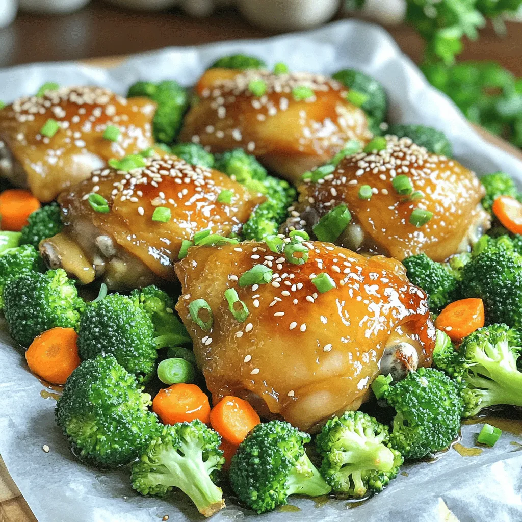 - 4 bone-in, skin-on chicken thighs - 1/4 cup honey - 2 tablespoons soy sauce - 4 cloves garlic, minced - 1 tablespoon fresh ginger, grated - 1 teaspoon sesame oil - 2 cups broccoli florets - 1 cup baby carrots - Salt and freshly ground black pepper to taste - Chopped green onions and sesame seeds for garnish You need precise measurements for this dish. Using the right amount of each ingredient makes a big difference in taste. The honey brings sweetness. Soy sauce adds umami. Garlic and ginger give depth. Salt and pepper enhance all these flavors. Each ingredient plays a key role. - Mixing bowls - Whisk - Sheet pan - Parchment paper - Measuring cups and spoons - Chef's knife - Cutting board Using good tools helps you cook well. A sheet pan makes this dish simple. It holds all the ingredients in one place. Parchment paper helps with easy cleanup. You can focus on enjoying your meal instead of scrubbing the pan. Start by washing your hands. Then, grab the chicken thighs. Pat them dry with paper towels. This step helps the skin get crispy later. Next, season the thighs with salt and black pepper. Be sure to cover both sides evenly for great flavor. In a bowl, mix honey, soy sauce, minced garlic, grated ginger, and sesame oil. Whisk it well until it blends together. This will be your marinade. Place the chicken in a large bowl or zip-top bag. Pour half of the marinade over the chicken. Make sure each thigh gets coated. The rest of the marinade will be used later. Let the chicken marinate for at least 15 minutes. If you have more time, let it sit for up to 2 hours in the fridge. This deepens the flavors. While the chicken marinates, rinse the broccoli florets and baby carrots. Then, in a separate bowl, toss the veggies with a bit of olive oil, salt, and pepper. Mix them until they are evenly coated. This will add flavor to your dish. Line a sheet pan with parchment paper. This makes cleanup easy. On one side of the pan, arrange the marinated chicken thighs skin-side up. On the other side, spread out the seasoned broccoli and baby carrots. Make it look nice and colorful. You can drizzle the reserved marinade over everything for extra taste. Preheat your oven to 400°F (200°C). Place the sheet pan in the oven and bake for 35 to 40 minutes. Use a meat thermometer to check the chicken’s internal temperature. It should reach 165°F (74°C) to be fully cooked. After baking, the chicken skin will be crispy, and the veggies will be tender. Carefully remove the pan from the oven. Let the dish rest for a few minutes. Before serving, garnish with chopped green onions and sesame seeds. This gives a nice pop of color and flavor. Marinating chicken thighs is key to great taste. I suggest marinating for 15 minutes at a minimum. If you have time, let them sit for up to 2 hours. This helps the flavors soak in deeply. The honey, soy sauce, garlic, and ginger work together, making the chicken juicy and flavorful. To get that perfect crispy skin, start with skin-on thighs. Make sure to season the skin with salt and pepper. When the chicken cooks, the skin will crisp up nicely. Bake at 400°F (200°C) for 35 to 40 minutes. This high heat helps create a crunchy texture. You can also broil for 2-3 minutes at the end for extra crispiness. You can use many vegetables in this dish. Broccoli and carrots are great, but feel free to try bell peppers, zucchini, or green beans. Just keep the cooking time in mind. Cut them into similar sizes for even cooking. Toss them in olive oil and seasonings before adding them to the sheet pan. This way, they’ll roast well and absorb all the yummy flavors too. {{image_4}} You can swap chicken thighs for chicken breasts. Breasts cook faster, so check them after 25 minutes. For a plant-based option, use firm tofu. Press it to remove water, then cut it into cubes. Marinate the tofu just like the chicken. Bake until golden and crispy. Want a kick? Add chili flakes to the marinade. You can also mix in sriracha or hot honey. This will give your dish a nice blend of sweet and heat. Adjust the spice level to fit your taste. Balance is key, so taste as you go. Explore seasonal veggies for variety. In spring, try asparagus or snap peas. In summer, zucchini or bell peppers work great. Fall gives you the chance to use butternut squash or Brussels sprouts. Just remember to cut them into similar sizes for even cooking. The colors will make your dish pop! After enjoying your meal, let the leftovers cool. Store the chicken and veggies in an airtight container. This keeps them fresh. Place the container in the fridge. They will last three to four days. Make sure to label your container with the date. This way, you won’t forget about your tasty meal. To reheat, take the chicken and veggies out of the fridge. Preheat your oven to 350°F (175°C). Place the food on a baking sheet. Cover with aluminum foil to prevent drying out. Heat for about 15-20 minutes or until warm. You can also use a microwave. Just warm them in short intervals. Stir often to ensure even heating. If you want to freeze, wrap each piece of chicken in plastic wrap. Then place it in a freezer bag. Remove as much air as possible. The veggies can be frozen too, but they may lose some crunch. They will last about three months in the freezer. When ready to eat, thaw in the fridge overnight before reheating. To make this recipe gluten-free, use gluten-free soy sauce. Many brands offer this option. Look for tamari, which is a gluten-free alternative. Ensure all other ingredients, like honey and sesame oil, are also gluten-free. Yes, you can use boneless chicken thighs. They will cook faster than bone-in thighs. Check for doneness around 25 to 30 minutes. Ensure the internal temperature reaches 165°F (74°C). Great sides to pair are rice or quinoa. These grains soak up the sauce well. You can also serve a fresh salad or roasted potatoes for variety. Steamed green beans complement the flavors nicely too. Cooking chicken thighs takes about 35 to 40 minutes at 400°F (200°C). Always check the internal temperature with a meat thermometer. It should reach 165°F (74°C) for safe eating. Yes, you can make the marinade ahead of time. Store it in the fridge for up to three days. This can save time on busy nights, letting you enjoy the dish faster. This blog post covered how to make delicious sheet pan garlic honey chicken thighs. We looked at the key ingredients, tools, and step-by-step instructions. I shared tips for better flavor and crispiness, plus variations to try. Storing and reheating leftovers was also discussed. In conclusion, you now have a simple yet tasty recipe. Follow these steps to impress your family or friends. Enjoy cooking and experimenting with your own twist!