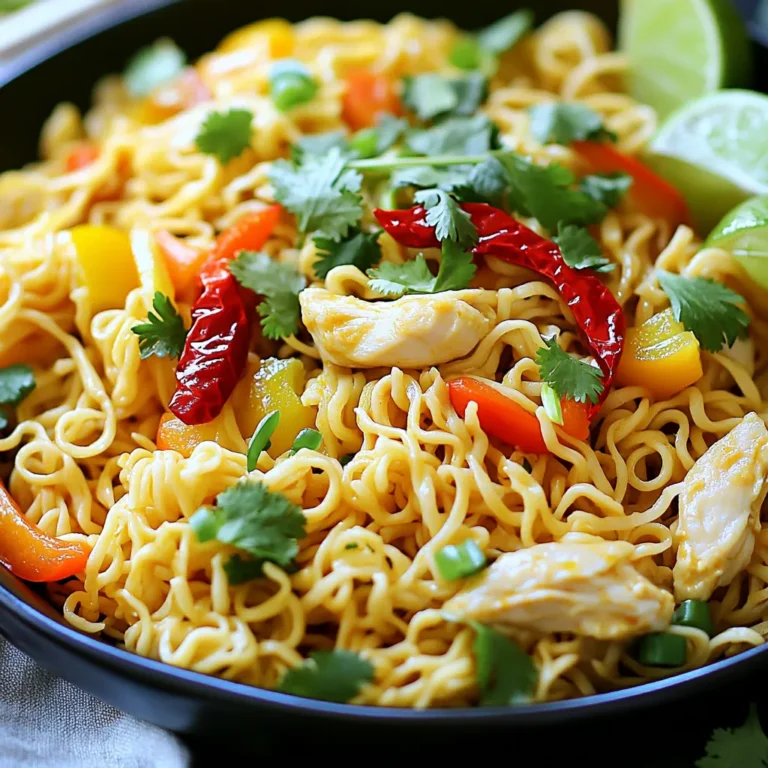 - 250g egg noodles - 200g chicken breast, thinly sliced - 4 cloves garlic, minced - 1 red chili, finely chopped - 2 tablespoons soy sauce - 1 tablespoon sesame oil - 1 tablespoon vegetable oil - 1 bell pepper, sliced - 3 spring onions, chopped - Salt and pepper to taste These main ingredients form the base of your dish. The egg noodles provide a soft texture. Chicken breast adds protein and flavor. Garlic and chili bring spice and aroma, making the dish exciting. - Soy sauce - Sesame oil - Vegetable oil - Salt and pepper These pantry staples are key. Soy sauce adds a savory depth. Sesame oil gives a nutty flavor. Use salt and pepper to enhance all the tastes in your meal. - Fresh cilantro leaves - Lime wedges Garnishing is important. Fresh cilantro adds color and freshness. Lime wedges give a zesty kick, balancing the flavors of the dish. These finishing touches make your Garlic Chili Chicken Noodles pop! Start by boiling water in a large pot. Add 250g of egg noodles to the water. Cook them according to the package instructions. When they are al dente, drain the noodles in a colander. Rinse them under cold water. This stops the cooking process. Set the noodles aside to drain completely. Heat a large skillet or wok over medium-high heat. Pour in 1 tablespoon of vegetable oil and swirl it around. Add 200g of thinly sliced chicken breast to the hot skillet. Season the chicken with salt and pepper. Stir-fry the chicken for about 3-4 minutes. Cook until the chicken turns golden brown and is fully cooked. Once the chicken is cooked, add 4 cloves of minced garlic and 1 finely chopped red chili to the skillet. Stir continuously for 1-2 minutes. This helps the garlic become fragrant, but watch not to burn it. Next, add sliced bell pepper and chopped spring onions. Stir-fry for another 2 minutes. The veggies should soften but still have a nice crunch. Drizzle 2 tablespoons of soy sauce and 1 tablespoon of sesame oil over everything. Mix well to coat the ingredients. Then, gently fold in the cooked egg noodles. Toss everything together for about 2-3 minutes. The noodles should be heated through and mixed well with the chicken and veggies. Remove the skillet from the heat. Serve your garlic chili chicken noodles hot, garnished with fresh cilantro leaves, and lime wedges for a zesty touch. To cook the egg noodles just right, follow these steps. Boil water in a pot. Add a pinch of salt to the water. Once boiling, add the noodles and stir. Check the package for cooking time. You want them al dente, not too soft. When done, drain the noodles in a colander. Rinse them under cold water to stop cooking. This keeps them firm and ready for your dish. If you like heat, add more chili. If you prefer mild, use less. Start with one chili and taste as you cook. You can always add more later. Remember, the garlic adds flavor without too much heat. If you want extra spice, try a dash of chili flakes. This way, you control the heat level to fit your taste. Prep your ingredients ahead for easy cooking. Slice the chicken and veggies in advance. Store them in the fridge in separate containers. You can also cook a larger batch of noodles. Keep them in the fridge for up to three days. This saves time on busy nights. When you're ready to cook, just heat everything and combine. Enjoy a quick, tasty meal without all the fuss. {{image_4}} You can make a tasty vegetarian version of garlic chili chicken noodles. Replace the chicken with firm tofu. Cut the tofu into cubes and pan-fry until golden. Use the same steps for the sauce and veggies. You can add more bell peppers, carrots, or broccoli for extra crunch and flavor. This keeps the dish colorful and satisfying. For a gluten-free option, switch the soy sauce with tamari. Tamari is gluten-free and works well in this recipe. Ensure your egg noodles are gluten-free too. You can find rice noodles or quinoa noodles at your local store. Both types will still give you that delicious taste. Feel free to swap out chicken for other proteins. Shrimp or beef are great options. If using shrimp, cook them until they turn pink. For beef, slice it thinly and stir-fry it just like the chicken. You can also use plant-based proteins like seitan or tempeh if you prefer. Each protein brings a unique flavor, so experiment to find your favorite! To keep your garlic chili chicken noodles fresh, let them cool first. Place the noodles in an airtight container. This helps prevent them from drying out. Store them in the fridge for up to three days. If you want to keep them longer, consider freezing. When ready to enjoy your leftovers, reheat them gently. You can use a microwave or a skillet. If using a microwave, heat for one minute, then stir. Check if it’s warm enough. If not, heat in 30-second bursts. In a skillet, add a splash of water to keep them moist. Warm them over medium heat, stirring often. If you want to freeze the noodles, portion them out. Use freezer-safe bags or containers. Label each bag with the date. They can last in the freezer for up to three months. When ready to eat, thaw them in the fridge overnight. Reheat as described above for the best taste. Yes, you can use other noodles! Options include rice noodles, udon, or whole wheat noodles. Each type brings its own flavor and texture. Cook them according to package directions. Just keep an eye on cooking times, as they may vary. If you need a soy sauce substitute, try tamari or coconut aminos. Both offer a similar taste. For a gluten-free option, tamari works well. You can also use liquid aminos for a lighter flavor. Adjust the amount to fit your taste. To add more heat, increase the amount of red chili. You can also add chili flakes or hot sauce. For a different spice, try sriracha or sambal oelek. Start with a little, then taste and adjust until it’s just right for you. Garlic Chili Chicken Noodles are easy to make and taste great. You learned about key ingredients and how to cook them step by step. I shared tips to help you cook perfect noodles and adjust spice levels. Remember, you can switch proteins or make it vegetarian. Store your leftovers well for later meals. This dish is fun to change up and always satisfying. Try making it your own and enjoy delicious food any night of the week!