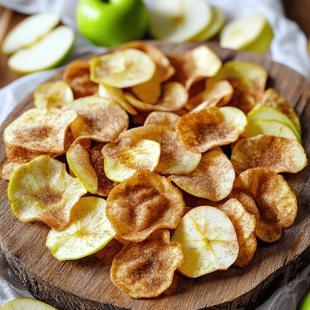 Here are the simple ingredients you'll need to make crispy air fryer cinnamon apple chips: - 2 large apples (recommended varieties: Honeycrisp, Fuji, or your favorite) - 1 teaspoon ground cinnamon - 1 tablespoon coconut sugar (or substitute with brown sugar) - 1 teaspoon fresh lemon juice - Pinch of sea salt These ingredients work together to create a sweet and crunchy snack. The apples give a natural sweetness, while the cinnamon and sugar bring warmth and flavor. You can choose any apple you like, but Honeycrisp and Fuji are my top picks for their perfect balance of sweet and tart. The lemon juice helps keep the apples fresh and bright. The pinch of sea salt enhances all the flavors, making every bite more enjoyable. When you gather these ingredients, you're just a few steps away from a delightful homemade treat! - First, wash and dry your apples well. - You can use a mandoline for even slices. A sharp knife also works if you prefer. - Remove the cores if you like, or leave them in for charm. - In a bowl, mix 1 teaspoon of cinnamon with 1 tablespoon of coconut sugar. - Add a pinch of sea salt to enhance the flavors. - Put the apple slices in a large bowl. - Drizzle 1 teaspoon of fresh lemon juice over the slices. - Toss them gently to coat well. - Sprinkle the cinnamon sugar blend over the apples and toss again. - Set your air fryer to 300°F (150°C). - Preheat for about 5 minutes for even cooking. - Lightly coat the air fryer basket with cooking spray. - Place the apple slices in a single layer. - Avoid overcrowding to keep them crispy. - Cook the slices for 15-20 minutes. - Shake the basket halfway through for even cooking. - Watch closely in the last minutes to prevent burning. - Carefully take the apple chips out of the basket. - Let them cool for a few minutes to get extra crispiness. - Enjoy right away or store in an airtight container for later. When making cinnamon apple chips, the type of apple matters. I recommend using Honeycrisp or Fuji apples. These apples are sweet and crisp. They hold their shape well when cooked. You can also pick your favorite apple. Just make sure it has a firm texture. To make your apple chips even better, try adding some nutmeg or vanilla extract. A pinch of nutmeg gives a warm spice taste. Vanilla extract adds a sweet aroma. Both options can elevate your apple snack. You might find yourself loving these flavors even more. If you want to change the sweetness level, feel free to tweak the sugar. You can use less sugar for a less sweet chip. If you want an alternative, try stevia or maple syrup. These options can fit different dietary needs while keeping the flavor tasty. {{image_4}} You can spice up your apple chips with different flavors. Try adding cayenne or chili powder for a kick. This mix gives a great balance of sweet and heat. If you want something sweet and savory, sprinkle a bit of sea salt over your cinnamon sugar. This adds a nice contrast to the sweet apples. You don’t have to stick with apples. Pears and peaches also work well. Both fruits have a lovely sweetness and can become crisp in the air fryer. Just slice them thin like apples and follow the same steps. You’ll love the new flavors! Want your apple chips extra crunchy? Here are a few tips. First, slice the apples thinner than 1/8 inch. The thinner the slice, the crunchier the chip. Another tip is to soak the apple slices in lemon juice for a few minutes. This helps draw out extra moisture. Finally, make sure to spread the slices in a single layer in the air fryer. This way, they cook evenly and get crunchy all over. To keep your apple chips fresh, use an airtight container. A glass jar or a plastic container with a tight lid works best. Make sure the chips are fully cool before sealing the container. This helps prevent moisture from making them soft. You can also use a zip-top bag, squeezing out all the air to keep them crisp. When stored properly, these apple chips can stay fresh for up to one week. After that, they might lose their crunch. If you notice any signs of moisture or sogginess, it’s best to toss them. If your apple chips become soft, don’t worry! You can easily make them crispy again. Preheat your air fryer to 300°F (150°C). Place the chips in the basket for about 3-5 minutes. Keep a close eye on them to avoid burning. This method brings back their delicious crunch! Air fryer cinnamon apple chips last about one week when stored properly. Keep them in an airtight container at room temperature. This helps maintain their crispiness. If you keep them in a humid area, they may get soft faster. Yes, you can use any apple. However, some apples work better than others. Honeycrisp and Fuji apples are my favorites. They have a nice balance of sweetness and tartness. You can also try Granny Smith for a more tart flavor. If your apple chips are not crispy, check a few things. First, ensure the apple slices are thin enough. Aim for about 1/8 inch thick. Also, make sure you do not overcrowd the air fryer basket. Air circulation is key for crispiness. If they’re still soft, return them to the air fryer for a few more minutes. This recipe is almost vegan as is! Just substitute the coconut sugar with maple syrup or agave syrup. You can also skip the sugar entirely if you want. The natural sweetness of the apples shines through. Yes, you can make cinnamon apple chips in the oven. Preheat your oven to 200°F (95°C). Place the apple slices on a baking sheet lined with parchment paper. Bake for about 2-3 hours, flipping halfway. Keep an eye on them to avoid burning. They will turn out crispy and delicious! You learned how to make delicious air fryer cinnamon apple chips step by step. By picking the right apples and using the proper techniques, you ensure tasty results. Remember to customize the sweetness and try new flavors. These chips are a healthy snack that stays fresh with good storage. Experiment with different fruits for more fun. Enjoy your crunchy treats, and share them with friends!