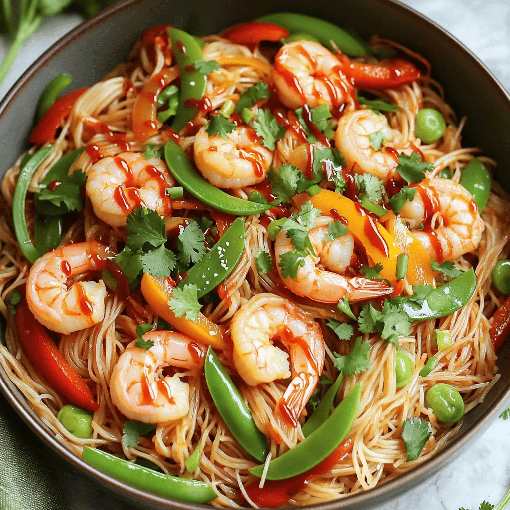 - 8 oz rice noodles - 1 lb shrimp, peeled and deveined - 3 cloves garlic, finely minced - 2 tablespoons chili sauce For the best rice noodles, use flat rice noodles. They have a nice chewy texture. Fresh shrimp is ideal, but frozen works too. Look for shrimp that is bright and smells clean. For vegetables, choose crisp red and green bell peppers. They add color and crunch to your dish. If you prefer a milder dish, cut back on the chili sauce. Adding more soy sauce can help balance heat. For more spice, add extra chili sauce or fresh chili peppers. You can also use sriracha or sambal oelek as substitutes for chili sauce. To start, cook the rice noodles as the package says. You want them al dente, which means they should have a slight bite. Once cooked, drain them in a colander. Rinse them under cold water to stop the cooking process. This keeps them from getting mushy. After rinsing, let them sit in the colander to drain well. Next, we move to the shrimp and veggies. Heat olive oil in a large skillet or wok over medium-high heat. When the oil is hot, add minced garlic. Sauté it for about 30 seconds. Stir it continuously until it is fragrant and golden. Be careful; burnt garlic tastes bitter. Now, add the shrimp to the skillet. Season them with salt and pepper. Cook the shrimp for 2-3 minutes, flipping them once. They should turn pink and opaque when done. This shows they are cooked through. Next, add sliced red and green bell peppers, plus snap peas. Stir-fry these for another 2-3 minutes. You want the veggies to soften but remain crisp and colorful. Now, let’s make the sauce. In a small bowl, mix chili sauce, soy sauce, and sesame oil. Whisk them until smooth. Pour this sauce over the shrimp and veggies in the skillet. Stir to coat everything well. Gently add the drained rice noodles to the skillet. Using tongs or a spatula, toss all the ingredients together. Make sure the noodles heat up and mix well with the shrimp and veggies. Once everything is combined, check for doneness. The dish is ready when the noodles are hot and the shrimp are perfectly cooked. Remove the skillet from heat. Serve in deep bowls and top with chopped green onions and fresh cilantro for extra flavor and color. - Use a large pot for the rice noodles. This helps them cook evenly. - A non-stick skillet or wok works best for easy cooking and cleaning. - Start with the garlic first. It adds a great flavor base. - Cook the shrimp just until pink. Overcooked shrimp can be tough. - Keep the veggies crunchy. They should be bright and colorful. - Top your dish with fresh cilantro for a nice touch. - Add chopped green onions for extra flavor and color. - Serve in large, deep bowls for an appealing look. - Pair with a light drink, like iced tea or lemonade. - Sides like steamed rice or a simple salad work great too. - For gluten-free noodles, choose rice noodles or zucchini noodles. - Use cauliflower rice for a low-carb option. - Swap shrimp for tofu or chickpeas for a vegan dish. - Ensure the chili sauce is vegan if needed. - Fresh vegetables add nutrients and flavor for all diets. {{image_4}} You can easily switch up your dish with different ingredients. Here are a few ideas: - Protein alternatives: Try chicken or tofu instead of shrimp. Chicken gives a hearty bite, while tofu adds a nice texture and absorbs flavors well. - Vegetable swaps: Use broccoli or carrots if you want some crunch. These veggies bring color and nutrition to your meal. - Sauces beyond chili and soy: You could add teriyaki sauce or even peanut sauce for a creamy twist. Experiment with flavors to find your favorite. Chili Garlic Shrimp Noodles can take on many forms. Here are some fun ideas: - Asian-inspired twists: Add bok choy or bean sprouts for a classic touch. You can also sprinkle sesame seeds for added crunch. - Fusion ideas for unique flavors: Mix in some Mexican spices like cumin or cilantro. This gives a fun twist to the dish. - Recommendations for different cuisines: Try adding curry powder for an Indian flair or lemon zest for a Mediterranean vibe. Getting ready in advance can make your cooking much easier. Here are some tips: - Make-ahead strategies: Cook the shrimp and veggies in advance. Store them separately, so they stay fresh. - Freezing options for leftovers: You can freeze the dish in airtight containers. Just make sure to cool it first to prevent ice crystals. - Quick reheat methods: When ready to eat, use a microwave or stovetop. Add a splash of water to keep the noodles moist while heating. To keep your Chili Garlic Shrimp Noodles fresh, store leftovers in the fridge. Use airtight containers to prevent moisture loss. Glass or plastic containers work well. Label each container with the date. This way, you know how fresh your meal is. These noodles will last up to three days in the fridge. Always check for any signs of spoilage. Look for changes in color or smell. If the shrimp smells off or the noodles look slimy, it’s time to toss them. When you’re ready to enjoy your leftovers, reheat them gently. Use a skillet over low heat for the best texture. Add a splash of water or broth to avoid drying out. Stir often to heat evenly and keep everything moist. Avoid the microwave if you can; it may make the noodles soggy. - Appearance indicators: Cooked shrimp turn pink and opaque. They should curl slightly. If they look gray or translucent, they need more time. - Timing for perfect shrimp: Cook shrimp for about 2-3 minutes. Flip them halfway through. Timing may vary based on size. - Recommended alternatives: You can use egg noodles, udon, or soba. Each adds a unique taste and texture. - Cooking times for different noodles: Egg noodles take about 5-7 minutes. Udon needs about 8-10 minutes. Soba cooks in 4-5 minutes. Adjust cooking times based on your choice. - Variations based on dietary restrictions: Use sriracha or hot sauce if you prefer less sweetness. For a milder taste, try sweet chili sauce. - Homemade chili sauce options: Mix crushed red pepper flakes with garlic and soy sauce. You can adjust heat by adding more or less pepper. This article has equipped you with everything needed to create a delightful dish. You learned about key ingredients, cooking techniques, and how to adjust spice levels to your taste. Remember, using fresh shrimp and the right rice noodles makes a big difference. Don't shy away from experimenting with variations to suit your preferences or dietary needs. With these tips and tricks, you're well on your way to mastering this recipe. Happy cooking, and enjoy the delicious results!