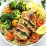 - 4 boneless, skinless chicken thighs - 3 tablespoons extra-virgin olive oil - 4 tablespoons freshly squeezed lemon juice - 4 cloves garlic, finely minced - 1 teaspoon smoked paprika - 1 teaspoon dried oregano - Sea salt and freshly ground black pepper, to taste - 2 cups broccoli florets, washed and trimmed - 1 cup cherry tomatoes, halved - 1 cup cooked quinoa (or option for brown rice) The main stars of this dish are the chicken thighs. They stay juicy and tender. The olive oil and lemon juice add great flavor. Fresh garlic gives it a nice kick. For seasonings, smoked paprika and oregano bring depth. They create a warm, rich taste. Don't forget the sea salt and black pepper. They enhance every bite. For the veggies, I love broccoli florets. They add a nice crunch. Cherry tomatoes burst with flavor when roasted. Pair these with quinoa or brown rice for a healthy base. This combination makes a bright and colorful meal. - Preheat the Oven Start by preheating your oven to 425°F (220°C). This step is key for even cooking. - Prepare the Marinade In a small bowl, mix together 3 tablespoons of olive oil, 4 tablespoons of lemon juice, and 4 minced garlic cloves. Add 1 teaspoon of smoked paprika, 1 teaspoon of dried oregano, and a pinch of sea salt and black pepper. Whisk until smooth. - Coat the Chicken Thighs Place 4 boneless, skinless chicken thighs in a large bowl or a zip-top bag. Pour half of the marinade over the chicken. Make sure each piece is well coated. - Marinate Duration Allow the chicken to marinate for at least 20 minutes at room temperature. This helps the chicken soak up all the great flavors. - Arrange Ingredients on the Baking Sheet Line a large baking sheet with parchment paper. After marinating, place the chicken in the center. In a separate bowl, toss 2 cups of broccoli florets and 1 cup of halved cherry tomatoes with the remaining marinade. Spread these around the chicken on the sheet. - Bake Until Done Bake everything for 25-30 minutes. Check that the chicken reaches an internal temperature of 165°F (75°C) and that the veggies are tender and slightly caramelized. Importance of Marinating Marinating the chicken is key. It helps the meat soak up all those zesty flavors. I suggest marinating for at least 20 minutes. If you have time, go longer! Overnight marinating boosts the taste even more. Use the marinade to coat the chicken well. This gives the chicken a bright, tangy flavor that shines through. Checking for Doneness It's important to check if the chicken is done. The safe internal temperature is 165°F (75°C). Use a meat thermometer for accuracy. You can also cut into the chicken. The meat should be no longer pink inside. Juices should run clear. This ensures the chicken is safe and tasty. Achieving Perfectly Roasted Vegetables To get the best veggies, cut them evenly. This helps them roast at the same rate. Spread them out on the pan without crowding. Crowded veggies steam instead of roast. Look for a slight char on the edges. This adds flavor and texture. Remember, the goal is tender veggies with a bit of caramelization. Ideal Bowl Assembly As you build your bowls, start with the grain base. Quinoa or brown rice both work well. Then, layer on the sliced chicken. Next, add the roasted broccoli and tomatoes. This creates a colorful and balanced meal. Finish with fresh parsley for a pop of color and taste. Lemon wedges are also great for that extra zing. Pairing Options with Sides You can serve these bowls with various sides. A simple green salad pairs well. You could also try a tangy slaw for crunch. For a heartier option, add some crusty bread. This makes the meal more filling. Enjoy mixing and matching to find your favorite combos! {{image_4}} You can change the proteins in this dish to suit your taste. - Chicken Breasts vs. Thighs Chicken thighs give a juicier bite. Breasts are leaner but can dry out. Both work well with the lemon garlic flavors. Choose what you like best! - Vegetarian Alternatives If you want a meatless option, try tofu or tempeh. Marinate them just like chicken. This adds great flavor and keeps the dish filling. The base of your bowl can change the dish a lot. - Brown Rice vs. Quinoa Brown rice has a nutty flavor and chewy texture. Quinoa is light and fluffy. Both are healthy choices. You can also mix them for a fun twist. - Other Grain Options Try farro, barley, or couscous for a different taste. Each grain brings its own flavor and texture. Feel free to experiment with what you have on hand! Using seasonal veggies makes this bowl fresh and colorful. - Suggestions for Seasonal Veggies In spring, use asparagus or snap peas. Summer is great for zucchini or bell peppers. In fall, add sweet potatoes or brussels sprouts. You can even mix these veggies in! - Mixing in Other Ingredients Add nuts or seeds for crunch. Feta cheese or olives can boost flavor. Be creative and make this bowl your own! For short-term storage, keep your Lemon Garlic Chicken Bowls in the fridge. Use an airtight container to keep them fresh. They last up to three days this way. Make sure to let the dish cool before sealing it. This helps keep the flavors intact. If you want to store your bowls for later, freezing is a great option. Place the chicken and veggies in a freezer-safe container. You can also use freezer bags. Label the bags with the date. They can stay fresh for up to three months in the freezer. When it's time to eat, reheating is easy. For best results, use an oven or microwave. If using an oven, preheat it to 350°F (175°C). Place the chicken and veggies on a baking sheet. Heat for about 10-15 minutes until warm. In the microwave, use a microwave-safe dish. Heat in short bursts, checking often. This helps avoid overcooking. Enjoy your meal warm and tasty! You can make this dish gluten-free by ensuring the grains are safe. Use quinoa or gluten-free rice. Check all labels for hidden gluten. The other ingredients are naturally gluten-free. You can use chicken breasts if you prefer. They cook faster and are leaner. You can also try tofu for a vegetarian twist. Just ensure it is firm to hold up during cooking. Yes, you can prep this dish ahead of time. Marinate the chicken and chop the veggies a day before. Store them in the fridge until you are ready to bake. This saves time on busy days. Store leftovers in an airtight container. Keep them in the fridge for up to three days. For longer storage, freeze in a freezer-safe container. Just ensure it cools down before sealing. Bake the chicken for 25-30 minutes at 425°F (220°C). Use a meat thermometer to check the internal temperature. It should reach 165°F (75°C) for safe eating. This blog post covered a delicious Lemon Garlic Chicken Bowl recipe. You learned about the main ingredients, from chicken thighs to veggies. I shared step-by-step instructions to make cooking easy. Tips on marinating and checking doneness will boost your flavors. You can also explore variations for proteins and grains. Don't forget the storage info to keep your meals fresh. With these insights, you can enjoy tasty meals at home. Cooking can be simple and fun with the right know-how. Get in the kitchen and try it out!
