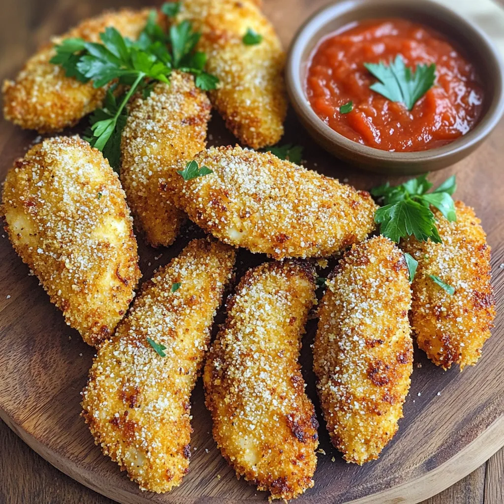 To make Air Fryer Garlic Parmesan Chicken Tenders, you need: - 1 pound chicken tenders - 1 cup all-purpose flour - 2 large eggs, beaten - 1 cup panko breadcrumbs - ½ cup freshly grated Parmesan cheese - 4 cloves garlic, finely minced - 1 teaspoon Italian seasoning - ½ teaspoon paprika - Salt and freshly ground pepper to taste - Olive oil spray These ingredients blend together to create a tasty and crunchy dish that everyone will enjoy. You can add more flavor to your chicken tenders with: - Dried herbs like thyme or oregano - A squeeze of lemon juice for brightness - A pinch of cayenne pepper for heat - Fresh herbs like parsley for garnish These extras can help you customize your dish for different tastes. For this recipe, gather these tools: - Three mixing bowls - A whisk or fork for the eggs - Measuring cups and spoons - An air fryer - Tongs for handling the chicken Having the right tools makes cooking easier and more fun. Enjoy the process! Set up your work area with three bowls. In the first bowl, add one cup of all-purpose flour. This will help the chicken stick to the coating. In the second bowl, beat two large eggs. This egg wash helps the coating adhere better. In the third bowl, mix one cup of panko breadcrumbs, half a cup of freshly grated Parmesan cheese, four minced garlic cloves, one teaspoon of Italian seasoning, half a teaspoon of paprika, and a sprinkle of salt and pepper. Stir everything well to blend the flavors. Grab each chicken tender, starting with the flour bowl. Dredge it in the flour and shake off the extra. Next, dip it into the egg, letting the excess drip off. Finally, roll the tender in the panko mix. Press down slightly to help the coating stick. Repeat this process for all the chicken tenders until they are well coated. Set your air fryer to preheat at 380°F for five minutes. This step is key for crispy chicken. While the air fryer preheats, spray the basket lightly with olive oil. Arrange the chicken tenders in a single layer, making sure not to overcrowd them. This helps them cook evenly. Once the air fryer is ready, you can start cooking your tasty chicken tenders! For Air Fryer Garlic Parmesan Chicken Tenders, set your air fryer to 380°F (193°C). Cook the tenders for 10 to 12 minutes. Flip them halfway through. This helps both sides get crispy and golden brown. To ensure even cooking, avoid overcrowding the basket. Place the tenders in a single layer. If you have many tenders, cook them in batches. Lightly spray the chicken with olive oil before cooking. This will help with crispiness and browning. To check for doneness, use a meat thermometer. The internal temperature should reach 165°F (75°C). This ensures the chicken is safe to eat. If you don’t have a thermometer, look for a golden brown color. The coating should be crispy and firm. {{image_4}} To boost flavor, try adding lemon zest. This brightens the dish and adds freshness. You might also mix in some red pepper flakes for heat. A dash of smoked paprika gives a nice smoky taste. Fresh herbs like thyme or oregano can add depth too. Just sprinkle them into your panko mix for extra flavor. The key to crispiness is the panko breadcrumbs and the egg wash. Use fresh panko for better texture. Don’t rush the dredging; coat each piece well. Press the breadcrumbs onto the chicken. This helps them stick during cooking. A light spray of olive oil before air frying is vital. It aids in browning and crisping the coating. If you are making a lot, don’t crowd the air fryer. Cook in batches to ensure even heat. This way, every piece gets crispy. You can keep cooked tenders warm in a low oven while finishing the rest. Just set the oven to about 200°F (93°C). This keeps them hot without cooking further. You can switch up the cheese in this recipe. Instead of Parmesan, try using mozzarella for a gooey texture. Cheddar gives a sharp flavor that many love. Even a mix of cheeses can add depth. Just remember to keep the amount the same, so the coating stays crunchy. Want to add some heat? Mix in cayenne pepper or chili flakes to the panko coating. You can also add a dash of hot sauce to the egg wash. This gives your tenders a spicy kick while keeping the garlic and Parmesan flavor intact. Adjust the spice level based on your taste. Don’t feel limited to chicken. You can use pork tenderloin or even shrimp. Both can be coated the same way and cooked in the air fryer. Just adjust the cooking time. Shrimp cooks faster, while pork may take a bit longer. This way, you can enjoy a variety of flavors and textures. To store your garlic parmesan chicken tenders, let them cool first. Once cool, place them in an airtight container. Make sure to layer parchment paper between the tenders to avoid sticking. Store them in the fridge for up to three days. For longer storage, use a freezer-safe container. Reheating chicken tenders can be tricky, but the air fryer works great! Set your air fryer to 350°F (175°C). Place the tenders in a single layer in the basket. Heat for about 5-7 minutes. This method keeps them crispy, and they taste fresh again! If you want to prep ahead, you can freeze the uncooked tenders. After coating them, lay them on a baking sheet. Freeze them for one hour, then transfer them to a freezer bag. They can stay frozen for up to three months. To cook, no need to thaw; just cook them for a few extra minutes in the air fryer. In this article, I covered how to make Air Fryer Garlic Parmesan Chicken Tenders. We explored the key ingredients, tools, and step-by-step cooking instructions. I shared tips for perfect cooking times and methods to enhance flavor and texture. You can also experiment with variations and learn the best ways to store and reheat leftovers. This dish is fun and simple to make, sure to please everyone. Enjoy your crispy, delicious tenders!