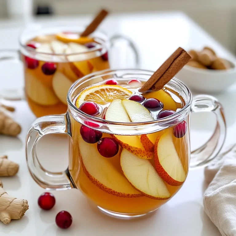 To make warm spiced pear mulled cider, gather these key ingredients: - 4 cups apple cider - 2 ripe pears, thinly sliced - 1 medium orange, juiced and zested - 1 cinnamon stick - 4 whole cloves - 3 star anise - 1/4 teaspoon freshly grated nutmeg - 1-inch piece of fresh ginger, thinly sliced You can enhance the flavor with some sweeteners and garnishes: - 2 tablespoons maple syrup (optional, adjust to taste) - A handful of fresh cranberries for garnish Fresh ingredients bring a bright taste to your cider. Here are some suggestions: - Slices of fresh pear for garnish - Additional orange slices for a vibrant touch - Fresh mint leaves for a refreshing contrast Start by pouring 4 cups of apple cider into a large saucepan. Heat it over medium heat. Stir it gently as it warms. Wait for it to reach a gentle simmer. Avoid boiling it, as this can change the flavor. Once the cider simmers, add 2 ripe pears, thinly sliced. Squeeze in the juice of 1 medium orange. Don’t forget to zest the orange before juicing. This adds a bright flavor. Mix everything well in the pot. Next, toss in the spices. Add 1 cinnamon stick, 4 whole cloves, and 3 star anise. Then, sprinkle in 1/4 teaspoon of freshly grated nutmeg. Finally, add a 1-inch piece of fresh ginger, thinly sliced. These spices create a warm and inviting aroma. Now it’s time to sweeten your cider. If you like it sweeter, stir in 2 tablespoons of maple syrup. Adjust the amount based on your taste. You can always add more later if needed. Let the mixture simmer on low heat for 20 to 25 minutes. This step helps all the flavors blend together. Your kitchen will smell amazing as the spices and fruits combine. After simmering, carefully strain the cider. Use a fine mesh sieve to remove the spices and fruit pieces. Pour the smooth cider into a clean pot or pitcher. This step ensures a nice finish. Ladle the warm mulled cider into mugs. For a festive touch, garnish with fresh cranberries and a slice of pear or orange on each mug. This adds color and a little extra flavor. Enjoy this cozy drink on a chilly evening! To make your Warm Spiced Pear Mulled Cider shine, use fresh ingredients. Fresh pears and oranges add a bright flavor. Grate your nutmeg instead of buying it ground. This small step brings out more taste. Always taste as you go. Adjust spices and sweetness to fit your liking. If you want a richer flavor, try adding a pinch of cardamom. It pairs well with the other spices. A gentle simmer is key to great cider. Start with medium heat, then reduce it to low once it starts bubbling. This keeps the flavors from burning. If you see big bubbles, lower the heat. Let it simmer for 20-25 minutes. This time allows the spices to blend well. Stir occasionally to keep everything moving and mix the flavors. If you have leftover cider, let it cool before storing. Pour it into a clean jar or bottle. Seal it tightly and store it in the fridge. Use it within a week for the best taste. To reheat, pour it back into a pot and warm it slowly. If you want to serve it cold, pour it over ice for a refreshing drink on warm days. {{image_4}} You can change the fruits in your mulled cider. Try using apples for a classic taste. Or add figs for a rich, sweet flavor. Peaches can give a fresh twist. If you want something tart, cranberries work well, too. Each fruit adds its own unique touch. Spices can change the whole drink. Besides cinnamon, you could use cardamom for a floral note. Anise can offer a sweet kick. Ginger adds warmth, while a pinch of black pepper gives a nice bite. Mix and match spices to find your favorite blend. This recipe easily adapts to your preference. For a cozy, non-alcoholic drink, stick to apple cider and spices. If you want a kick, add a splash of bourbon or rum. Both versions are warm and inviting, perfect for any gathering. Warm spiced pear mulled cider is perfect for many occasions. Think about cozy nights at home or holiday gatherings with friends. This drink warms you up and fills the room with a great scent. Serve it at parties, family get-togethers, or even during a chilly evening by the fire. It is a great way to celebrate fall and winter. This drink also makes a lovely gift during the holidays; just pour it into a nice bottle and share the warmth. This warm cider pairs well with many snacks. Try it with spiced nuts or cheese platters. Sweet treats like ginger cookies or apple pie also work great. The flavors of the cider blend nicely with these snacks. For a fun twist, serve it alongside savory bites, like mini quiches or crostini topped with cream cheese and fruit. These pairings will impress your guests and make your gathering even more special. Make your cider stand out with fun presentation ideas. Use clear glass mugs to show off the rich colors. Add a cinnamon stick to each mug for a rustic touch. You can also garnish each drink with fresh cranberries and a slice of pear or orange. This not only looks nice but adds a festive flair. If you want to go further, add a sprig of fresh mint on top for a pop of color. These small details will make your warm spiced pear mulled cider even more inviting. Yes, you can use a slow cooker for this cider. Start by adding all the ingredients to the slow cooker. Set it on low for about 3 to 4 hours. This gentle heat helps the flavors mix well. Stir occasionally to keep everything blended. To change the sweetness, taste the cider as it simmers. If it needs more sweetness, add more maple syrup. You can also use honey or brown sugar. Start with a small amount and add more if needed. If you don’t have maple syrup, try these options: - Honey - Agave nectar - Brown sugar - Coconut sugar Each choice brings a unique flavor to the cider. Adjust the amount based on your taste. You can keep leftover cider in the fridge for up to 5 days. Make sure to store it in an airtight container. Reheat it gently on the stove before serving again. Yes, you can freeze mulled cider. Pour it into freezer-safe containers, leaving space at the top for expansion. It will last for about 3 months in the freezer. To enjoy, simply thaw it in the fridge and reheat on the stove. In this blog post, we covered how to create delicious mulled cider. We discussed essential ingredients, optional add-ins, and fresh choices. Step-by-step, you learned to simmer, spice, and adjust sweetness. We also shared tips for flavor and storage, along with fun variations to try. Remember, this recipe is all about customization. Experiment with fruits and spices to make it your own. Enjoy serving it on cozy occasions, paired with tasty snacks. I hope you feel inspired to make your perfect mulled cider!