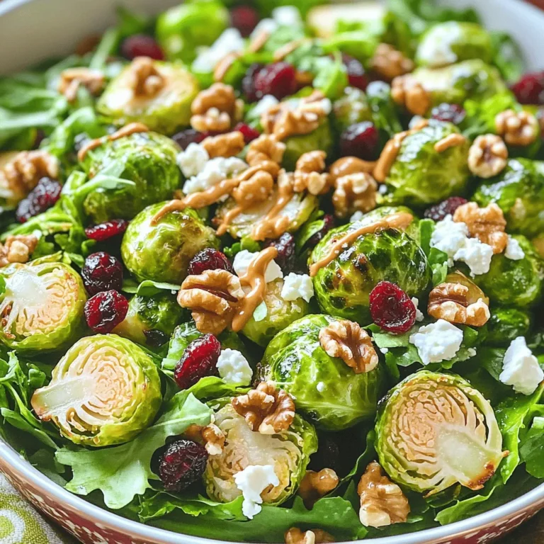 - 1 lb Brussels sprouts, trimmed and halved - 3 tablespoons honey - 2 tablespoons Dijon mustard - 1/4 cup walnuts, roughly chopped - 1/4 cup dried cranberries - 1/4 cup feta cheese, crumbled - 1 tablespoon olive oil - 1 tablespoon apple cider vinegar - 1/4 teaspoon garlic powder - Salt and freshly ground black pepper, to taste In this salad, the main ingredients stand out. Brussels sprouts bring a strong flavor and crunch. Honey adds sweetness, and Dijon mustard gives a nice tang. Together, they form a base that excites the taste buds. The additional ingredients enhance the dish. Walnuts provide a satisfying crunch, while dried cranberries add a burst of sweetness. Feta cheese adds creaminess and saltiness, balancing the overall flavors. For seasoning and dressing, olive oil is key. It helps to coat the Brussels sprouts well before roasting. Apple cider vinegar adds acidity, which brightens the dish. Garlic powder gives it depth, and salt and pepper bring everything together. Each ingredient plays a role in creating a fresh and simple salad that is full of flavor. - Preheat your oven to 400°F (200°C). - Trim and halve the Brussels sprouts. This helps them cook evenly. - In a bowl, mix the halved Brussels sprouts with 1 tablespoon of olive oil. Add salt and black pepper to taste. Toss until they are well coated. - Spread the Brussels sprouts on a baking sheet in a single layer. Roast them for 20-25 minutes. Stir them halfway through for even cooking. They should be golden brown and crispy. - In a small bowl, whisk together 3 tablespoons of honey, 2 tablespoons of Dijon mustard, 1 tablespoon of apple cider vinegar, and 1/4 teaspoon of garlic powder. Mix until it's smooth. - Taste your dressing. If you want it sweeter, add more honey. If you like it tangy, add more vinegar. - Let the roasted Brussels sprouts cool for about 5 minutes. In a large salad bowl, combine the warm sprouts with 1/4 cup of chopped walnuts, 1/4 cup of dried cranberries, and 1/4 cup of crumbled feta cheese. - Drizzle the honey mustard dressing over the salad. Toss everything gently until it's well mixed. Enjoy this fresh and simple Honey Mustard Brussels Sprout Salad! For great Brussels sprouts, start with fresh ones. Trim the ends and cut them in half. This helps them cook evenly. Use a good amount of olive oil and salt. This gives them a nice golden color. Spread them in a single layer on a baking sheet. This allows hot air to circulate. Stir them halfway through roasting for even crispness. Bake at 400°F for about 20-25 minutes. Look for them to be crispy on the edges and tender inside. You can change up the dressing to fit your taste. Try using maple syrup instead of honey for a sweeter twist. You could also add a touch of lemon juice for brightness. If you have leftover dressing, store it in the fridge. Use a sealed jar to keep it fresh. It should last about a week. Shake well before using it again. Presentation is key for any salad. Serve it in a large, shallow dish for a beautiful look. To add color, sprinkle fresh herbs like parsley or microgreens on top. This adds freshness and makes it eye-catching. You can also add extra walnuts or feta to make it more inviting. Enjoy the bright colors and flavors! {{image_4}} You can switch up nuts and cheese in this salad. If you don’t like walnuts, try pecans or almonds. You can also use sunflower seeds for a nut-free option. If feta isn’t your favorite, goat cheese or a dairy-free cheese works well. In spring or summer, add fresh veggies. Consider peas, asparagus, or bell peppers for a vibrant twist. In the fall, roasted squash can bring warmth to the dish. You can mix and match based on what you find at the market. For a vegan option, skip the cheese and use maple syrup instead of honey. This keeps the dish sweet and tasty without any animal products. If you need it gluten-free, check your mustard. Most Dijon mustards are gluten-free, but it's good to read the label. You can enjoy this salad without worrying about gluten! To spice things up, add a pinch of cayenne for heat. A sprinkle of smoked paprika can bring a nice depth of flavor, too. You might also try adding chopped herbs like parsley or cilantro for a fresh burst. For extra crunch, top with crispy chickpeas or crunchy croutons. These additions will not only enhance the texture but also make your salad even more enjoyable! To keep your Honey Mustard Brussels Sprout Salad fresh, place it in an airtight container. This helps lock in flavor and texture. Store it in the fridge for up to four days. The salad will stay tasty, but the Brussels sprouts may get a bit soft over time. If you want to warm up the salad, do it gently. Use a microwave on low power for about 30 seconds. Check it often to avoid making it mushy. For a lovely crunch, consider reheating the Brussels sprouts separately in a pan. After warming, add fresh toppings like extra walnuts or feta to bring it back to life. You can freeze this salad, but it won’t taste quite the same. The texture of the Brussels sprouts will change. If you choose to freeze it, do so before adding the dressing. Place it in a freezer-safe bag and remove as much air as possible. It can last up to three months in the freezer. When you’re ready to eat it, thaw in the fridge overnight and serve fresh toppings for the best taste. Yes, you can make the dressing ahead. This saves time when you prepare the salad. To store it, place the dressing in a jar with a lid. Keep it in the fridge for up to a week. Shake it well before using. If it thickens, add a little water to thin it out. This way, you always have a tasty dressing ready to go. Brussels sprouts are packed with nutrients. They are low in calories but high in fiber. A cup has vitamin C, vitamin K, and folate. They also contain antioxidants, which help protect your cells. Eating Brussels sprouts may support heart health and reduce inflammation. Incorporating them into your diet is a smart choice for a healthy lifestyle. You can use fresh cranberries, but they are very tart. Dried cranberries add sweetness and chewiness to the salad. If you want to use fresh, consider adding a bit of honey to balance the tartness. Chop them into smaller pieces. This helps spread the flavor throughout the salad. Make sure to taste as you go to get the balance just right. This blog post covered a tasty Brussels sprouts salad with interesting layers of flavor. We discussed the main ingredients, like Brussels sprouts, honey, and mustard, and included tips for perfect roasting. You learned how to make a simple dressing, mix all the ingredients, and enhance flavor with various options. Remember, you can get creative with substitutions and storage tips. This dish not only tastes good but also offers health benefits. Enjoy experimenting and making this salad your own!