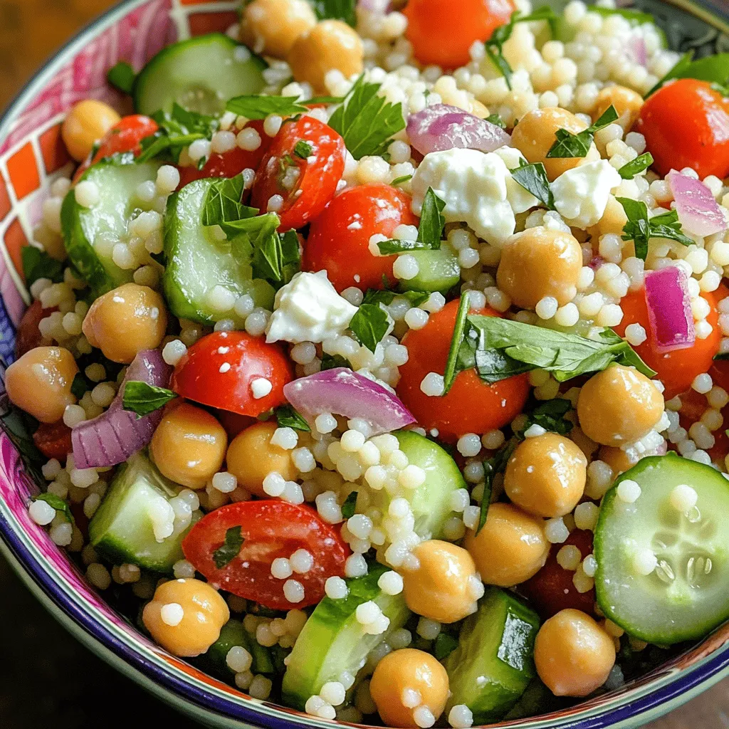 For a great Mediterranean couscous salad, you need these main ingredients: - 1 cup couscous - 1 1/4 cups vegetable broth - 1/2 cucumber, diced into small cubes - 1 cup cherry tomatoes, halved - 1/4 red onion, finely chopped - 1/2 bell pepper (red or yellow), diced - 1/2 cup canned chickpeas, rinsed and drained - 1/4 cup Kalamata olives, pitted and sliced - 1/4 cup fresh parsley, finely chopped - 1/4 cup fresh mint, finely chopped These ingredients add color, crunch, and flavor to the salad. The couscous serves as the base, soaking up all the tasty juices. To make the dressing, gather these simple ingredients: - 1/4 cup tahini - 2 tablespoons fresh lemon juice - 2 tablespoons extra virgin olive oil - Salt and ground black pepper to taste The tahini gives the dressing a creamy, nutty taste. Lemon juice adds brightness, while olive oil adds richness. If you want to take it up a notch, consider these optional garnishes: - Crumbled feta cheese Adding feta cheese brings a salty and creamy flavor. It pairs well with the other ingredients in the salad. With these ingredients, your Mediterranean couscous salad will be fresh, vibrant, and full of life. To start, bring 1 1/4 cups of vegetable broth to a boil in a medium saucepan. Once it bubbles, remove it from heat. Add 1 cup of couscous to the broth. Stir it gently, then cover the pan tightly. Let it sit for about 5 minutes. This helps the couscous soak up the broth and become fluffy. After 5 minutes, fluff the couscous with a fork. Break up any lumps you see. Set it aside to cool for about 10 minutes. Next, take a large mixing bowl. Add the diced cucumber, halved cherry tomatoes, chopped red onion, and diced bell pepper. Toss in 1/2 cup of rinsed chickpeas and 1/4 cup of sliced Kalamata olives. Then, add 1/4 cup of chopped fresh parsley and 1/4 cup of chopped fresh mint. Use a spatula to mix these ingredients gently so they stay whole. Now, grab a small bowl. Whisk together 1/4 cup of tahini, 2 tablespoons of fresh lemon juice, and 2 tablespoons of extra virgin olive oil. Add salt and ground black pepper to taste. Keep whisking until the mixture is smooth and creamy. If your dressing feels thick, add a splash of water. This helps to reach your preferred consistency. Add the cooled couscous to the bowl with the veggies. Toss everything together carefully. Then, drizzle the tahini dressing over the salad. Mix well until the salad is fully coated. Taste it! If it needs more flavor, adjust with more salt, pepper, or lemon juice. If you like, sprinkle crumbled feta cheese on top before serving. Enjoy your fresh and colorful Mediterranean Couscous Salad with Tahini! You can serve Mediterranean couscous salad as a main dish or a side. It pairs well with grilled chicken or fish. You might also enjoy it with pita bread or hummus. For a fun twist, try it in a wrap using lettuce or flatbread. This salad tastes great at room temperature or cold. To adjust the flavor, start by tasting the salad. You may want more salt, lemon juice, or pepper. If you like heat, add red pepper flakes. For a sweeter note, a splash of honey works wonders. Experiment with herbs too. Basil or dill can add a fresh touch. For a stunning presentation, use a bright bowl. Layer the ingredients for a colorful look. Drizzle extra tahini dressing on top for a creamy finish. Fresh herbs can add a lovely green pop. You can also add extra cherry tomatoes around the bowl’s edge for color. These small details make your dish stand out! {{image_4}} Adding protein to your Mediterranean couscous salad can make it heartier. You can include: - Grilled chicken, sliced thin - Shrimp, cooked and chilled - Tofu, cubed and sautéed - Hard-boiled eggs, quartered These options boost flavor and keep you full longer. Each protein pairs well with the salad's fresh ingredients. Feel free to swap ingredients based on your taste or what's on hand. Try using: - Quinoa instead of couscous for a gluten-free option - Spinach or arugula in place of parsley for a peppery kick - Feta cheese for goat cheese for a creamier texture - Sun-dried tomatoes instead of fresh for an intense flavor These swaps can change the taste and texture of your dish, making it unique every time. While tahini dressing shines, you can explore other options. Consider trying: - Lemon vinaigrette for a bright and zesty flavor - Yogurt dressing for creaminess and tang - Balsamic reduction for a sweet and tart twist - Hummus thinned with water as a fun alternative These dressings can add new layers to your salad and keep it exciting. Store your Mediterranean couscous salad in an airtight container. This keeps it fresh and tasty. If you have leftover salad, place it in the fridge within two hours of serving. It can stay fresh for up to three days. Make sure to stir it before serving again to mix the flavors. Freezing this salad is not the best choice. The veggies can lose their crunch and flavor when thawed. If you must freeze it, separate the dressing from the salad. You can freeze the salad mix for up to a month. When ready to eat, thaw it in the fridge overnight. If you want to eat the salad warm, heat only the couscous part. Place it in a microwave-safe bowl with a splash of water. Heat it for about 30 seconds. Stir and check if it’s warm enough. Add the fresh veggies and dressing after reheating. This keeps them crisp and bright. Yes, you can make this salad a day ahead. Just prepare the salad and dressing separately. Store them in the fridge. This way, the flavors blend well. If you don't have tahini, use peanut butter or sunflower seed butter. Both can give a creamy texture. You may need to adjust the taste with added lemon juice or garlic. The salad lasts about 3-4 days in the fridge. Keep it in an airtight container. If you add feta cheese, eat it within 2 days for best flavor. The salad is not gluten-free due to couscous. Couscous is made from wheat. For a gluten-free option, use quinoa or rice instead. They both pair well with the other ingredients. Mediterranean couscous salad blends fresh flavors and easy steps. You learned about main ingredients, dressings, and garnish options. I shared clear steps for preparation and tips for serving. Explore tasty variations to suit your taste and learn proper storage methods. This salad is perfect for any meal. Now you can create it with confidence and creativity. Enjoy making this dish!