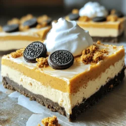 - 24 Oreo cookies, finely crushed - 1/2 cup unsalted butter, melted - 1 (8 oz) package cream cheese, softened to room temperature - 1 cup canned pumpkin puree (not pumpkin pie filling) - 1 cup powdered sugar, sifted - 1 teaspoon pure vanilla extract - 1 teaspoon pumpkin pie spice (or to taste) - 1 cup whipped topping (such as Cool Whip) The base of these bars starts with Oreo cookies. You need to crush them finely. This gives the dessert a rich, chocolatey flavor. Next, you mix the crushed Oreos with melted butter. This combo forms a crust that holds everything together. The filling is where the magic happens. Cream cheese adds creaminess and a nice tang. Make sure it’s soft. It blends better this way. The pumpkin puree gives the bars their fall flavor. Be sure to use pure pumpkin, not pie filling. Then, you add powdered sugar for sweetness. It helps balance the flavors. Vanilla extract adds depth, while pumpkin pie spice gives that warm, cozy taste. Lastly, whipped topping makes the filling light and fluffy. This is the secret to a great texture. - Additional crushed Oreos - Whipped cream For a little extra fun, you can add toppings. Crushed Oreos on top make it look pretty and tasty. Whipped cream adds a light, creamy finish. It’s all about making your dessert look and taste amazing! 1. Start by crushing 24 Oreo cookies in a bowl. You want them very fine. 2. Pour in 1/2 cup of melted unsalted butter. Mix until it looks like wet sand. 3. Grab a 9x9-inch baking dish. Press the Oreo mix firmly into the bottom. 4. Make sure it is even and compact. Then, chill it in the fridge while you make the filling. 1. In a clean bowl, take 1 (8 oz) package of softened cream cheese. Beat it until smooth and creamy. 2. Gradually add in 1 cup of canned pumpkin puree, 1 cup of sifted powdered sugar, 1 teaspoon of pure vanilla extract, and 1 teaspoon of pumpkin pie spice. 3. Mix everything well until the filling is smooth. 4. Now, carefully fold in 1 cup of whipped topping using a spatula. This keeps the mixture light and fluffy. 1. Take your chilled Oreo crust from the fridge. Spread the creamy pumpkin filling over the crust. 2. Use a spatula to smooth the top evenly. 3. If you like, sprinkle some crushed Oreos on top for added texture and taste. 4. Cover the dish with plastic wrap. Place it back in the fridge for at least 4 hours or overnight for better flavor. Now you have a delicious dessert ready to serve! To make your cheesecake smooth, use room temperature ingredients. This means letting the cream cheese sit out for about 30 minutes. When it’s soft, it blends easily with other ingredients. Next, when you mix in the whipped topping, use a folding technique. Start by adding a little whipped topping to your cream cheese mix. Gently scoop from the bottom and fold over. Repeat this until it’s all combined. This keeps the filling light and fluffy. For a great presentation, cut the bars into even squares. Place each square on a decorative plate. You can sprinkle some pumpkin pie spice on top for a nice touch. Garnishing with whipped cream adds creaminess and looks nice. You can also add crushed Oreos on top for extra flavor and crunch. These simple tips can make your no-bake cheesecake bars shine at any gathering! {{image_4}} You can easily switch up flavors in this dessert. For a fun twist, try adding different spices. Instead of just pumpkin pie spice, mix in cinnamon, nutmeg, or ginger. These spices can enhance the warm flavors of pumpkin. Experiment with your favorites! Another way to change the taste is by using flavored whipped topping. You can find options like cinnamon or vanilla. This small swap can add a new layer of flavor to your cheesecake bars. It’s a simple way to keep things fresh and exciting. If you need gluten-free options, there are alternatives for Oreo cookies. Look for gluten-free sandwich cookies at your local store. These work just as well in the crust. Your cheesecake bars will still have that great cookie crunch. For those on a vegan diet, you can substitute cream cheese. Look for vegan cream cheese options made from nuts or soy. These provide similar creaminess without any animal products. Your dessert will remain delicious and suitable for everyone. To keep your No-Bake Oreo Pumpkin Cheesecake Bars fresh, store them in the fridge. Use an airtight container or cover the dish tightly with plastic wrap. This prevents moisture loss and keeps the bars tasting great. They should stay fresh for several days. If you want to store them longer, freezing is an option. Cut the bars into portions and wrap each piece in plastic wrap. Then, place them in a freezer-safe bag. Make sure to label the bag with the date. They can last up to three months in the freezer. In the fridge, these cheesecake bars last about 4 to 5 days. Make sure to check for signs of spoilage. If you see any mold or the bars smell off, it's best to toss them. The texture may also change if they sit too long. Fresh is always best for this treat! No, you should not use pumpkin pie filling. Pumpkin pie filling has added spices and sugar. This can change the taste and texture of your cheesecake bars. Always choose plain pumpkin puree for the best flavor. These cheesecake bars need to set for at least 4 hours. For the best results, let them chill overnight. This allows the bars to firm up and develop rich flavors. Patience is key to enjoying a perfect treat! If you don’t have whipped topping, you can use heavy cream. To do this, whip the cream until it forms soft peaks. This will give your cheesecake bars a light texture. You can also use Greek yogurt for a tangy twist. Both options work well for this recipe. No-Bake Oreo Pumpkin Cheesecake Bars are easy and delicious. We covered the main ingredients, like Oreos, cream cheese, and pumpkin puree. You learned how to create the crust and filling, and we shared tips for the best texture. We also looked at fun variations, storage tips, and answered common questions. These bars are a treat for any season, and you can make them your own. Enjoy your baking adventure!