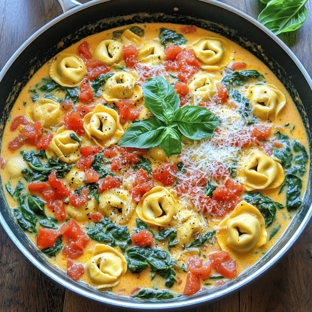 Cheese tortellini is the star of this dish. You need 9 oz (250g) of store-bought cheese tortellini. This pasta is soft and filled with creamy cheese. It cooks quickly, perfect for a one-pan meal. For freshness, we use: - 2 cups fresh spinach, roughly chopped - 1 can (14 oz) diced tomatoes with herbs - 2 cloves garlic, minced - 1 teaspoon Italian seasoning - Salt and pepper to taste - Grated Parmesan cheese, for serving - Fresh basil leaves, for garnish The spinach adds color and nutrients. The diced tomatoes bring flavor and moisture. Garlic and Italian seasoning boost taste, while basil and Parmesan finish the dish beautifully. Liquid ingredients make the sauce rich and creamy. You will need: - 1 cup vegetable broth - 1/2 cup heavy cream - 1 tablespoon olive oil The broth adds depth, while the heavy cream creates a luscious sauce. The olive oil helps sauté the garlic and adds a hint of richness. These liquids work together to make the dish savory and satisfying. Start by heating a large skillet on medium heat. Add 1 tablespoon of olive oil. When the oil shimmers, toss in 2 minced garlic cloves. Sauté for about 1 minute. The garlic will smell great! Next, pour in one can of diced tomatoes, including all the juices. Add 1 cup of vegetable broth and stir with a wooden spoon. Mix it well to combine all flavors. Raise the heat slightly and let the mix simmer gently. Once it bubbles, add 9 ounces of cheese tortellini. Cook them according to the package instructions. This usually takes around 3 to 5 minutes. Stir occasionally to keep them from sticking to the pan. After the tortellini are tender, pour in 1/2 cup of heavy cream. Sprinkle in 1 teaspoon of Italian seasoning and stir gently. Let this simmer for another 2 to 3 minutes. The sauce will thicken and become creamy. Now, add 2 cups of roughly chopped spinach. Season with salt and pepper to taste. Cook for another 2 minutes until the spinach wilts. Finally, remove the skillet from heat. Serve hot with grated Parmesan cheese on top and fresh basil leaves for garnish. To boost flavor, use fresh herbs. Basil and parsley add great freshness. Try adding a pinch of red pepper flakes for heat. This gives a nice kick to your dish. You can also add a splash of balsamic vinegar for tang. It balances the richness of the cream. Cook tortellini in simmering broth for extra taste. Stir gently to keep them from sticking. Keep the heat moderate to avoid overcooking. Once the sauce thickens, taste it. Adjust salt and pepper as needed. This makes sure every bite is tasty. For a lovely presentation, serve in shallow bowls. Create a small well in the center. This showcases the colorful dish beautifully. Top with extra Parmesan and a fresh basil leaf. It looks great and invites everyone to dig in. {{image_4}} You can switch up the cheese tortellini if you want. Try using mushroom tortellini for a rich taste. If you prefer a lighter option, choose spinach tortellini. For a gluten-free option, use gluten-free tortellini. You can also add other veggies like zucchini or bell peppers for extra crunch and flavor. This dish can adapt to many diets. For a vegan version, use plant-based tortellini and swap heavy cream for coconut milk. You can replace the Parmesan cheese with nutritional yeast for a cheesy flavor without dairy. If you need a low-carb option, try cauliflower gnocchi instead of tortellini. Make this meal year-round by changing the ingredients with the seasons. In summer, add fresh tomatoes and basil for a bright taste. In fall, consider using butternut squash or kale for warmth. Winter can bring roasted vegetables like carrots or parsnips, adding heartiness to your dish. After enjoying your One-Pan Tomato Spinach Tortellini, you may have some leftovers. Store them in an airtight container. This helps keep the flavors fresh. Place the container in the fridge. Your dish will stay good for about three days. Reheating is quick and easy. Use a skillet over medium heat. Add a splash of vegetable broth or water. This keeps the sauce creamy. Stir often until it’s hot. You can also use a microwave. Heat in short bursts, stirring in between. Want to save some for later? You can freeze this meal! Let it cool completely first. Transfer it to a freezer-safe container. Seal it well to prevent freezer burn. It can last for up to three months in the freezer. To eat, thaw it overnight in the fridge. Then, reheat it as mentioned above. Yes, you can use frozen tortellini. Just add them directly to the skillet. Cook them for about 5-7 minutes longer than fresh tortellini. Check the package for exact cooking times. This way, you still enjoy that lovely, soft texture. You can use half-and-half or coconut milk as a substitute for heavy cream. For a lighter option, try using milk mixed with a bit of flour. This keeps your dish creamy without the extra fat. Just remember, each substitute may slightly change the taste. This dish stays fresh for about 3-4 days in the fridge. Store it in an airtight container. When you reheat it, add a splash of broth or cream to keep it creamy. This helps bring back the original flavor and texture. This blog post covered how to make a tasty dish with cheese tortellini. We looked at the key ingredients, including vegetables and liquids. Then, I shared step-by-step cooking methods for great results. I offered tips to enhance flavor and suggestions for different ingredients. Also, I included storage advice to keep your dish fresh. Cooking can be fun and easy. I hope you enjoy making this dish as much as I do!