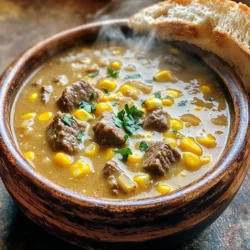 - 1 lb beef stew meat - 4 ears sweet corn, kernels removed (or 2 cups frozen) - 2 medium potatoes, diced - 1 large onion, chopped - 2 cloves garlic, minced These main ingredients create the heart of our chowder. The beef stew meat gives it a rich flavor. Sweet corn adds a nice sweetness that balances the dish. Potatoes add creaminess and texture. Onion and garlic bring depth and aroma to the chowder. - 4 cups beef broth (low-sodium preferred) - 1 cup milk (dairy or plant-based) - 1 cup heavy cream The broth forms the base of our chowder. Low-sodium beef broth keeps the flavors bright. Milk and heavy cream add creaminess and richness. Together, they make the chowder comforting and smooth. - 1 teaspoon dried thyme - 1 teaspoon smoked paprika - Salt and pepper to taste - Fresh parsley, chopped, for garnish Seasonings elevate the dish. Dried thyme gives an herbal note. Smoked paprika adds a hint of smokiness. Finally, salt and pepper enhance all the flavors. Fresh parsley adds a pop of color and freshness as a garnish. To start, heat 2 tablespoons of olive oil in a large skillet over medium-high heat. Once the oil is hot, add 1 pound of beef stew meat, cut into 1-inch cubes. Sear the beef for about 5 to 7 minutes. Make sure to turn the meat occasionally. You want it browned on all sides for good flavor. Once browned, use tongs to transfer the beef to your slow cooker. Next, lower the heat to medium in the same skillet. Add 1 large onion, chopped finely, and 2 cloves of minced garlic. Cook these for about 3 minutes. You want the onion to become translucent and fragrant. Once done, transfer this mixture into the slow cooker with the beef. Now it's time to add more ingredients. Mix in 2 medium potatoes, which you should dice into small cubes, and 4 ears of fresh sweet corn, with the kernels removed (or use 2 cups of frozen corn). Pour in 4 cups of low-sodium beef broth, then sprinkle in 1 teaspoon of dried thyme, 1 teaspoon of smoked paprika, salt, and freshly cracked black pepper. Stir everything well with a large spoon to make sure all flavors combine. Cover your slow cooker and set it to cook. If you're using the low setting, let it cook for 6 to 8 hours. For the high setting, it should take about 3 to 4 hours. Your chowder is ready when the beef is tender and the potatoes are soft. About 30 minutes before serving, carefully add 1 cup of milk and 1 cup of heavy cream to the slow cooker. This step is important. It makes the chowder creamy and rich. Stir the mixture occasionally to help the flavors meld together. Before you serve, taste the chowder. Adjust the seasoning as needed. Add more salt or pepper if you want. This step ensures each bowl is just right. When ready, ladle the chowder into bowls and garnish with freshly chopped parsley. Enjoy your hearty chowder! Searing beef is key to a great chowder. Browning adds depth and flavor. When the beef is brown, it locks in juices. This makes the meat tender and tasty. To prevent sticking, heat your skillet well. Use a good amount of olive oil. Lay the beef in a single layer. Don't crowd the pan. If the meat sticks, wait longer before turning. Leftovers can be a treat if stored right. Use airtight containers to keep the chowder fresh. Let it cool down before sealing. Store it in the fridge for up to three days. When reheating, add a splash of milk or cream. This keeps it creamy and rich. Heat it gently on low to avoid burning. Want more flavor? Try adding spices like cayenne pepper or chili powder. This adds heat and excitement. Fresh herbs like cilantro or basil can brighten the dish. For a smoky kick, add more smoked paprika. Always taste as you go. Adjust the seasoning to your liking for the best results. {{image_4}} You can add many vegetables to your chowder for extra flavor and nutrition. Consider adding: - Carrots: Diced or sliced for sweetness. - Celery: Chopped for crunch and flavor. - Bell peppers: Adds color and mild spice. - Peas: Fresh or frozen for a pop of green. These vegetables blend well. You can also try different herbs. For instance, adding fresh basil can give a nice twist. To make the chowder gluten-free, use gluten-free beef broth. Check the labels on your broth and cream to be sure they are gluten-free. You can also skip the heavy cream and use more milk if you like. For dairy-free alternatives, use plant-based milk, like almond or oat milk. Also, consider coconut cream for a rich flavor. This keeps the chowder creamy without dairy. This chowder pairs well with warm bread. I recommend serving it with: - Crusty baguette: Great for dipping. - Garlic bread: Adds extra flavor. - Cornbread: Complements the sweet corn. For toppings, sprinkle fresh parsley on each bowl. You can also add: - Shredded cheese: Cheddar works well. - Crispy bacon bits: For some crunch and saltiness. - Green onions: Adds a fresh kick. These options enhance the meal and make it even more enjoyable. You can keep the chowder in the fridge for about 3 to 4 days. Use an airtight container to keep it fresh. Glass or plastic containers work well. Make sure the chowder cools first before sealing it. This helps prevent moisture buildup. To freeze the chowder, let it cool completely. Then, pour it into freezer-safe bags or containers. Remove as much air as you can. This helps prevent freezer burn. When you're ready to eat, thaw it in the fridge overnight. Reheat it on the stove or in the microwave. Stir well while heating. Chowder can stay good in the freezer for about 3 to 4 months. After that, it may lose flavor and texture. Look for signs of spoilage. If it smells off or has an unusual color, it’s best to throw it out. Keeping track of your chowder's freshness helps you enjoy it at its best! To thicken your chowder, you can mash some of the potatoes. This gives a creamy texture. You can also stir in a bit of cornstarch mixed with water. Heat it till thick. Another option is adding more heavy cream. This adds richness and thickness. Yes, you can use different meats like chicken or pork. Just make sure to adjust the cooking time. Each meat cooks differently. Beef gives a rich flavor, but chicken can be lighter. Absolutely! Swap beef for hearty vegetables like mushrooms or beans. Use vegetable broth instead of beef broth. You can also add more corn and potatoes. This keeps the chowder filling and delicious. To spice it up, add red pepper flakes or cayenne pepper. Start with a little, then taste. If you want more heat, add more. You can also use a spicy sausage instead of beef for added flavor. Serve this chowder with warm crusty bread or rolls. A fresh salad pairs well too. For a complete meal, add some cheese on top. Fresh herbs like parsley also brighten the dish. Yes, you can! Just follow the same steps in a large pot. Cook on medium heat, stirring often. It should take about 30-45 minutes until the beef is tender. Adjust the liquid as needed, adding broth if it gets too thick. This chowder uses simple ingredients like beef, corn, and potatoes. We've explored how to prepare, cook, and serve it. Remember to adjust flavors and try new ingredients for variety. Store leftovers properly and enjoy them later. Now, get creative with your chowder! Whether to spice it up or change ingredients, the choice is yours. Enjoy your delicious bowl of comfort any time.