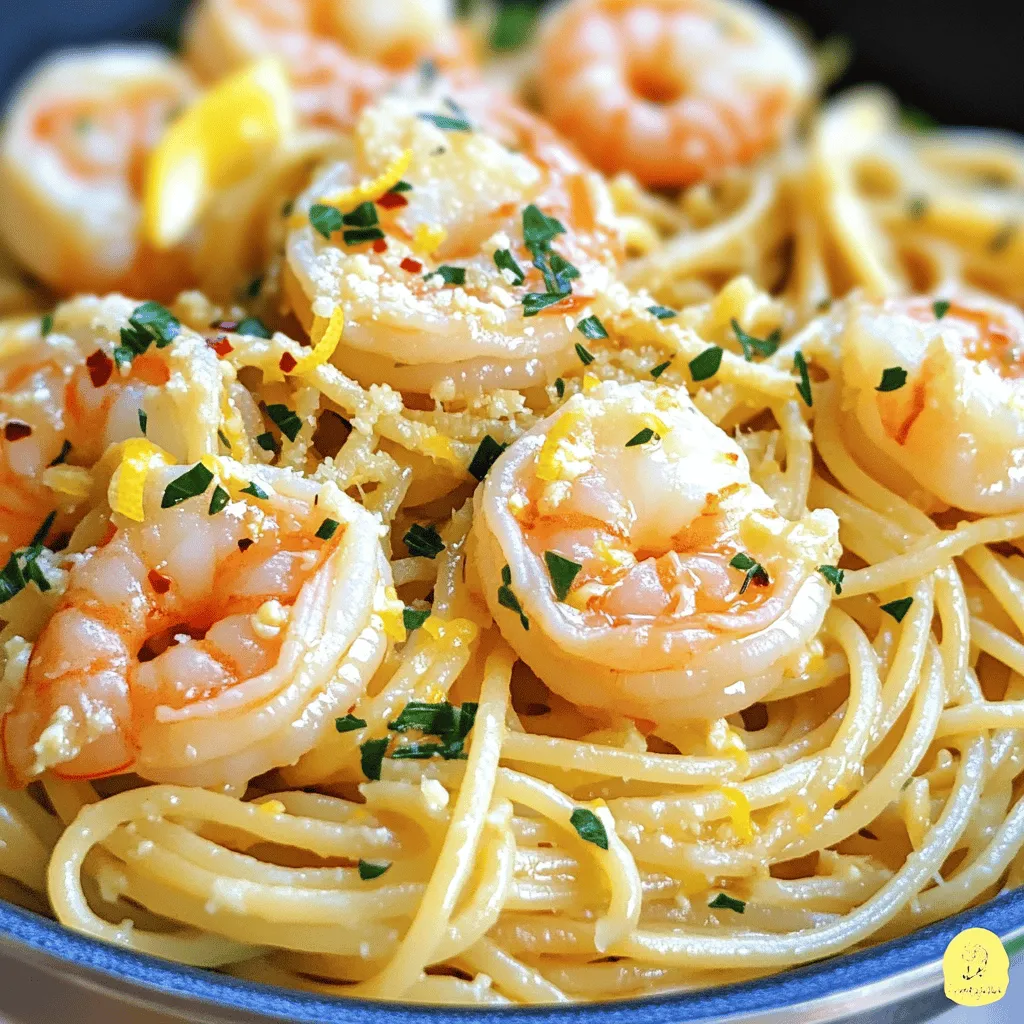 - 8 oz spaghetti or linguine - 1 lb large shrimp, peeled and deveined - 4 tablespoons unsalted butter, divided For this dish, I like to use spaghetti or linguine. Both types work well and hold the sauce nicely. Large shrimp add a sweet, meaty bite. Unsalted butter brings richness and depth to the dish. - 4 cloves garlic, minced - 1 teaspoon red pepper flakes (adjust to taste) - Zest of 1 lemon - 2 tablespoons fresh lemon juice Garlic is a must in this recipe. It gives the sauce a bold flavor. Red pepper flakes add heat, but you can adjust them to your taste. Lemon zest brightens the dish, while lemon juice adds a fresh, tangy kick. - 1/4 cup fresh parsley, finely chopped - Salt and freshly ground black pepper to taste - Grated Parmesan cheese for serving (optional) Chopped parsley adds color and freshness. Salt and pepper enhance all the flavors. Grated Parmesan cheese is optional, but it makes the dish even creamier and richer. Preparing the Water Start by filling a large pot with water. Add a generous amount of salt to the water. This step adds flavor to the pasta. Place the pot on the stove and turn the heat to high. Wait for the water to boil. Cooking Time for Al Dente Once the water boils, add 8 oz of spaghetti or linguine. Cook for about 8-10 minutes. You want it to be al dente, which means it should still have a slight bite. Before draining, save 1/2 cup of pasta water to use later. Drain the pasta and keep it warm in the pot. Melting the Butter In a large skillet, set the heat to medium. Add 2 tablespoons of unsalted butter. Wait until the butter melts and starts to sizzle. This is the perfect time to add the shrimp. Cooking Process of Shrimp Place 1 lb of large shrimp in the skillet in a single layer. Cook without stirring for 2-3 minutes. When the shrimp turn pink on one side, flip them over. Cook for another 1-2 minutes until they are fully opaque. Once done, remove the shrimp and set them aside on a plate. Adding Garlic and Red Pepper Flakes In the same skillet, add the remaining 2 tablespoons of butter. Let it melt. Stir in 4 minced garlic cloves and 1 teaspoon of red pepper flakes. Timing for Sautéing Sauté the garlic for about 1-2 minutes. Keep stirring until the garlic is fragrant and golden. Be careful not to burn it; burnt garlic will taste bitter. Mixing Shrimp and Pasta Next, return the cooked shrimp to the skillet. Add the drained pasta, along with the reserved pasta water. Also, add the lemon zest and 2 tablespoons of fresh lemon juice. Final Seasoning Tips Gently toss everything together. Make sure the pasta is well coated in the garlic sauce. Season with salt and freshly ground black pepper to taste. Presentation Tips To serve, remove the skillet from heat. Fold in 1/4 cup of chopped fresh parsley for a pop of color. Plate the pasta in shallow bowls while it's still hot. Serving Suggestions For an elegant touch, you can sprinkle some grated Parmesan cheese on top. Add extra lemon zest and parsley for a beautiful finish. Enjoy your Garlic Butter Shrimp Pasta! To make great garlic butter shrimp pasta, cook the pasta al dente. This means it should be firm but not hard. Al dente pasta has a nice bite. It also holds sauce well. Follow the package instructions for timing. Usually, it takes about 8-10 minutes. Water Reservoir Importance: Always save some pasta water. This water has starch, which helps the sauce stick. You only need about half a cup. Add it to the sauce when you mix in the pasta. It makes everything creamy and smooth. Avoiding Overcooked Shrimp: Shrimp cook fast. They can go from perfect to rubbery quickly. Cook them for 2-3 minutes on one side. When they turn pink, flip them. Cook for another 1-2 minutes. They should be opaque and firm, not chewy. Flavor Infusion Tips: For extra flavor, let the shrimp sit in the butter for a minute before you cook them. This adds richness. You can also marinate them in lemon juice and garlic for 15 minutes. This step boosts the taste even more. Adjusting Spice Level: Red pepper flakes give a nice kick. If you want less heat, use less. For more heat, add more. Taste as you go. This way, you find the right balance for your liking. Alternative Seasoning Suggestions: You can change the flavor by adding herbs. Fresh basil or thyme works well. You could also use a splash of white wine for depth. Experiment with different herbs and spices to make it your own! {{image_4}} You can make Garlic Butter Shrimp Pasta healthier with a few swaps: - Whole Wheat Pasta: This option adds fiber and nutrients. It keeps you full longer and gives a nutty taste. - Low-Carb Options: For a low-carb meal, try zucchini noodles or spaghetti squash. They are light and soak up flavors well. To give your dish a new twist, consider these flavor additions: - Adding Vegetables: Include spinach, cherry tomatoes, or bell peppers. They add color and nutrition. Try sautéing them with the shrimp for even more flavor. - Different Herbs: Swap parsley for basil or cilantro. Each herb brings its own unique taste. Fresh herbs enhance the dish and add brightness. If you want to switch up the seafood, here are some ideas: - Substituting Shrimp: You can use scallops or crab instead. Both options cook quickly and taste great in garlic butter sauce. - Mixed Seafood Ideas: Combine shrimp, mussels, and clams for a seafood medley. This mix adds a variety of textures and flavors. Just be sure to adjust cooking times for each type. How Long It Lasts You can keep garlic butter shrimp pasta in the fridge for about 3 days. Store it in an airtight container to keep it fresh. Proper Storage Techniques Make sure the pasta has cooled before you store it. Use a container that seals well. You can also cover it tightly with plastic wrap. This helps keep the flavors intact. Freezing the Dish To freeze garlic butter shrimp pasta, let it cool completely. Place it in a freezer-safe container or bag. Make sure to remove as much air as possible. It can last for up to 2 months in the freezer. Reheating Tips When you're ready to eat, thaw it in the fridge overnight. Heat it on the stove over low heat. Add a splash of water or broth to bring back the sauce's creaminess. Stir it gently until hot. Enjoy your meal just like fresh! For Garlic Butter Shrimp Pasta, I recommend either spaghetti or linguine. These shapes hold sauce well and twirl nicely on a fork. You can also try fettuccine for a thicker bite. Each option brings out the flavors of the shrimp and garlic. Yes, you can use frozen shrimp. They are often just as good as fresh. Here are some pros and cons: - Pros: - Convenient and ready to use. - Usually more affordable than fresh shrimp. - Cons: - They may need extra time to thaw and cook. - Texture can be less firm than fresh shrimp. If you opt for frozen shrimp, make sure to thaw them properly. Place them in the fridge overnight or run them under cold water. To add heat, consider these ideas: - Increase red pepper flakes. - Add diced jalapeños or serranos. - Mix in a splash of hot sauce. Start small, and taste as you go. You can always add more spice, but you can’t take it out once it's in. Absolutely! Here are some alternatives: - Use olive oil for a lighter taste. - Try coconut oil for a unique flavor. - Avocado oil is also a great option. These fats will alter the taste slightly but still keep the dish rich and delicious. This blog post covered everything you need to make Garlic Butter Shrimp Pasta. We explored key ingredients like pasta, shrimp, and butter. Then, we looked at flavors like garlic and lemon. I shared easy steps for cooking, adding tips to perfect your dish. You can try healthy swaps or mix in veggies too. Remember, enjoy your meal fresh or know how to store it well. Follow these steps, and you’ll create a dish everyone will love. Happy cooking!