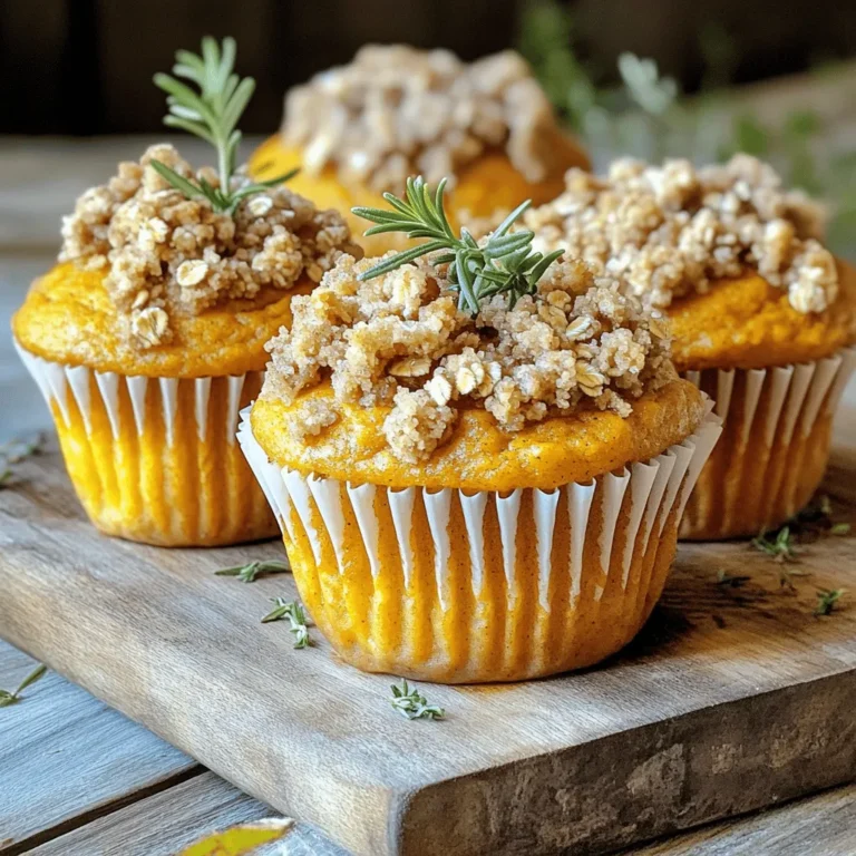 For these tasty Pumpkin Streusel Muffins, you will need: - 1 ½ cups all-purpose flour - 1 cup canned pumpkin puree - ½ cup packed brown sugar - ½ cup granulated sugar - 1/3 cup vegetable oil - 2 large eggs - 1 teaspoon pure vanilla extract - 1 teaspoon baking powder - ½ teaspoon baking soda - ½ teaspoon salt - 1 teaspoon ground cinnamon - ½ teaspoon ground nutmeg - ½ teaspoon ground ginger - ½ cup chopped pecans (optional, for added crunch) For the Streusel Topping: - ½ cup all-purpose flour - ¼ cup packed brown sugar - ¼ cup rolled oats - ½ teaspoon ground cinnamon - ¼ cup cold unsalted butter, diced To make your muffins just right, measure your ingredients carefully. Use a dry measuring cup for flour. Spoon the flour into the cup and level it with a knife. This helps avoid packing it down too tightly. For sugar, use the same method. When measuring liquid, use a clear measuring cup. Check the measurement at eye level. You can add personal touches to your muffins. Chopped pecans give a nice crunch but are optional. You can also mix in chocolate chips or dried fruits for extra flavor. If you want a touch of spice, add a pinch of cloves or allspice. If you like a sweeter muffin, increase the sugar by a couple of tablespoons. This flexibility lets you make these muffins your own! Start by preheating your oven to 350°F (175°C). This step warms the oven, ensuring even baking. Next, prepare your muffin tin. You can use paper liners or lightly grease each cup. This helps the muffins pop out easily. In a large bowl, combine the pumpkin puree, brown sugar, granulated sugar, and vegetable oil. Add in the eggs and vanilla extract. Whisk until everything blends well. You want a smooth, uniform mixture that looks inviting. In a separate bowl, sift the all-purpose flour, baking powder, baking soda, and salt. Add the ground cinnamon, nutmeg, and ginger. Mix well to combine. Gradually add this dry mix to the wet batter. Stir gently until just combined. If you like, fold in the chopped pecans for extra crunch. In a small bowl, mix the flour, brown sugar, rolled oats, and cinnamon for the streusel. Add the cold, diced butter. Use your fingers or a fork to mix until you have coarse crumbs. This crumbly topping adds a delightful texture. Using a spoon or an ice cream scoop, fill each muffin cup about two-thirds full with batter. Be generous and top each muffin with the streusel mixture. This creates a crunchy topping that contrasts nicely with the soft muffin. Once baked, let the muffins cool in the tin for about five minutes. Then, transfer them to a wire rack to cool completely. For serving, drizzle honey or maple syrup over the muffins. Arrange them on a rustic wooden board with fresh rosemary or autumn leaves for a seasonal touch. Enjoy the warm, inviting aroma as you serve these treats! To keep your pumpkin streusel muffins moist, follow these tips: - Use fresh ingredients. They make a big difference. - Do not overmix the batter. Stir just until combined. - Add a bit more pumpkin puree if the batter seems dry. - Bake muffins until they are golden brown. This helps lock in moisture. Many people make simple mistakes while baking muffins. Avoid these: - Overfilling muffin cups can lead to messy muffins. Fill them only two-thirds full. - Using cold eggs or oil can affect batter texture. Make sure they are at room temperature. - Forgetting to check your oven's temperature can lead to uneven baking. Use an oven thermometer. Testing muffins for doneness is easy. Here’s how: - Insert a toothpick into the center of a muffin. - If it comes out clean or with a few crumbs, they are done. - If there is wet batter on the toothpick, bake for a few more minutes. - Let muffins cool for a few minutes before removing them from the tin. This helps them set. {{image_4}} You can make these muffins gluten-free. Use a gluten-free flour blend. Make sure it has xanthan gum for better texture. The muffins will still be soft and tasty. You might want to try almond flour for a nice nutty flavor. To make vegan pumpkin streusel muffins, swap eggs for flaxseed meal. Mix one tablespoon of flaxseed meal with three tablespoons of water. Let it sit for a few minutes to thicken. You can also use coconut oil instead of vegetable oil. This change adds a hint of sweetness. Adding extra flavors makes these muffins even better. You can stir in chocolate chips for a sweet twist. Dried cranberries or raisins add chewiness and tartness. Try adding a pinch of nutmeg for a warm, cozy flavor. You can mix in chopped apples for fresh bites. Each addition brings a new taste and fun! To keep your muffins fresh, let them cool completely. Then, place them in an airtight container. You can store them at room temperature for up to three days. If you want to enjoy them later, the fridge can extend their life for about a week. However, this might change their texture a bit. If you want to save your muffins for longer, freezing is a great option. Wrap each muffin in plastic wrap. Then, place the wrapped muffins in a freezer bag. Make sure to remove as much air as possible. You can freeze them for up to three months. This way, you can enjoy your pumpkin streusel muffins whenever you like. When you’re ready to eat your muffins, reheating is easy. For the best results, use an oven or toaster oven. Preheat it to 350°F (175°C). Place the muffin on a baking sheet for about 5-10 minutes. This warms them up and brings back their lovely texture. If you’re in a hurry, you can use the microwave. Heat each muffin for about 10-15 seconds. Just be careful not to overheat them, as this can make them tough. Enjoy your warm, fresh muffins! Yes, you can use fresh pumpkin. Start with a small pumpkin. Cook it by baking or steaming until soft. Then, mash it until smooth. Measure out one cup for the recipe. Fresh pumpkin can add a brighter taste. To make these muffins dairy-free, replace the butter with coconut oil or a dairy-free spread. Use a non-dairy milk, like almond or oat milk, in place of any regular milk. This keeps the muffins moist and tasty. Each muffin has about 180 calories. It contains 3 grams of protein and 8 grams of fat. The muffins have about 24 grams of carbs and 2 grams of fiber. The exact values may change based on the ingredients you use. To check if the muffins are done, stick a toothpick in the center. If it comes out clean, they are ready. If you see batter on the toothpick, bake them a few more minutes. They should be golden brown and spring back when touched. This guide covers all you need to make perfect pumpkin streusel muffins. You learned about the key ingredients, methods, and tips for great texture. I shared ways to customize and store your muffins for longer enjoyment. Remember, simple steps lead to tasty results. Avoid common pitfalls, and you’ll succeed. Enjoy baking and trust your skills. Happy muffin-making!