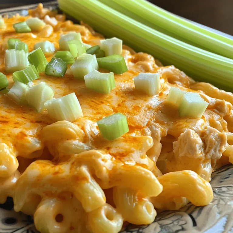 The key to making Buffalo Chicken Mac and Cheese is all about quality ingredients. Here’s what you need: - 2 cups uncooked elbow macaroni - 4 cups low-sodium chicken broth - 2 cups shredded cooked chicken (rotisserie preferred) - 1 cup buffalo sauce - 2 cups shredded sharp cheddar cheese - 1 cup cream cheese (cubed) - 1/2 cup grated Parmesan cheese - Seasonings: garlic powder, onion powder, salt, black pepper - Optional garnishes: chopped green onions, crunchy celery sticks Each ingredient plays a big role. The elbow macaroni serves as the base. The chicken broth gives it a rich flavor. Shredded rotisserie chicken adds convenience and taste. Buffalo sauce brings the heat, and cheese creates that creamy texture we all love. Cream cheese melts into a luscious sauce, while Parmesan adds depth. Don’t skimp on seasonings. They enhance the overall flavor. Garlic and onion powders are must-haves. Salt and black pepper round out the dish nicely. If you want to elevate your meal, consider garnishing with chopped green onions. They add freshness and color. Crunchy celery sticks on the side offer a nice contrast. With these ingredients, you’re on your way to a delicious, creamy, and spicy meal. Enjoy cooking! 1. First, add 2 cups of uncooked elbow macaroni to the slow cooker. 2. Pour in 4 cups of low-sodium chicken broth. Make sure the pasta is fully submerged. 3. Next, mix in 2 cups of shredded chicken and 1 cup of buffalo sauce. Stir well to combine. 4. Sprinkle in 1 teaspoon of garlic powder, 1 teaspoon of onion powder, and salt and black pepper to taste. Stir again to blend the flavors. 1. Now, top the mixture with 1 cup of cubed cream cheese. This will melt nicely during cooking. 2. Then, sprinkle 2 cups of shredded sharp cheddar cheese and 1/2 cup of grated Parmesan cheese on top. 1. Cover the slow cooker with its lid. Set it on low for 2 to 3 hours. 2. Once the time is up, stir the mix gently. This helps blend the melted cheeses into a creamy sauce. 3. Taste the dish. Adjust the seasoning if needed. If you like it spicier, add more buffalo sauce. Serve this dish hot for a creamy, spicy delight! To ensure even cooking of macaroni, stir it well in the broth. This keeps the pasta from clumping. You want every piece coated in that delicious chicken broth. For adjusting buffalo sauce, start with one cup. If you love heat, add more sauce later. Taste as you go to find your perfect balance. I love serving Buffalo Chicken Mac and Cheese in individual bowls. It makes each dish feel special. For an extra flair, drizzle some buffalo sauce on top. It not only looks great but adds more flavor. Your guests will appreciate the presentation. Chopped green onions add a nice pop of color and flavor. Just sprinkle them on top before serving. For a classic pairing, serve crunchy celery sticks on the side. They provide a refreshing bite that balances the rich cheese. Enjoy these simple touches for a delightful meal! {{image_4}} You can easily adjust this recipe to fit your diet. To make it gluten-free, choose gluten-free elbow macaroni. Many brands offer great options that taste just as good. Simply replace the pasta in the recipe, and you’re set. For those who need a dairy-free option, consider using plant-based cheese. There are many tasty alternatives on the market today. Look for brands that melt well to achieve that creamy texture we love. Feel free to play with the cheese in this dish. Adding Monterey Jack or Gouda can change the flavor profile. Both cheeses melt well, adding creaminess and a new taste. You can also boost nutrition by adding veggies. Spinach or diced tomatoes work great. These additions not only add color but also enhance the dish’s healthiness. Want to switch up the protein? You can use turkey or pork instead of chicken. Both options give a unique taste while still keeping the dish hearty. If you’re looking for a vegetarian choice, try adding beans. Black beans or chickpeas can offer a great source of protein. They mix well and add texture to the dish. Enjoy experimenting with these variations! After you enjoy your Buffalo Chicken Mac and Cheese, store leftovers in the fridge. Use an airtight container to keep it fresh. Make sure it cools down before sealing it. This dish can last about 3 to 4 days in the fridge. When ready to eat, simply take it out and enjoy! If you want to save some for later, freezing is a great option. First, let the dish cool completely. Then, transfer it to a freezer-safe container. Avoid filling it to the top; leave some space for expansion. It can stay good in the freezer for about 2 to 3 months. When you crave it, just thaw in the fridge overnight before reheating. To reheat without losing creaminess, use the stovetop or oven, not the microwave. On the stovetop, add a splash of chicken broth or milk to keep it creamy. Stir gently over low heat until hot. If using the oven, cover with foil and bake at 350°F until warm. This helps melt the cheese back into a smooth sauce. Enjoy every creamy bite! Yes, you can! While elbow macaroni is a classic choice, feel free to try other pasta types. Here are some great options: - Penne: This pasta holds sauce well and adds a fun twist. - Fusilli: The spirals catch more cheese and sauce for extra flavor. - Shells: These pasta shapes are fun and also hold sauce nicely. - Farfalle: These bow-tie shapes add a playful touch to your dish. If you want more heat, you have several options: - Add extra buffalo sauce. A little more sauce can boost the spice. - Use spicy cheese, like pepper jack, for a kick. - Mix in diced jalapeños for fresh heat. - Sprinkle red pepper flakes on top before serving for added spice. Absolutely! This dish is great for meal prep. Here’s how: - Prepare the dish as usual but don’t cook it right away. - Store it in the fridge for up to 24 hours before cooking. - You can also freeze it. Just ensure it’s in a freezer-safe container. - To reheat, thaw overnight in the fridge, then cook in the slow cooker as directed. Making this ahead can save time and still deliver great taste! This blog post covered a tasty Buffalo Chicken Mac and Cheese recipe. You learned about the right ingredients, preparation steps, and cooking tips. I shared ways to adapt the dish for dietary needs and added flavor variations. Proper storage and reheating guidelines will help keep it delicious. This dish is fun and easy to make. Whether you want spice or comfort, this recipe delivers. Enjoy experimenting to make it your own!