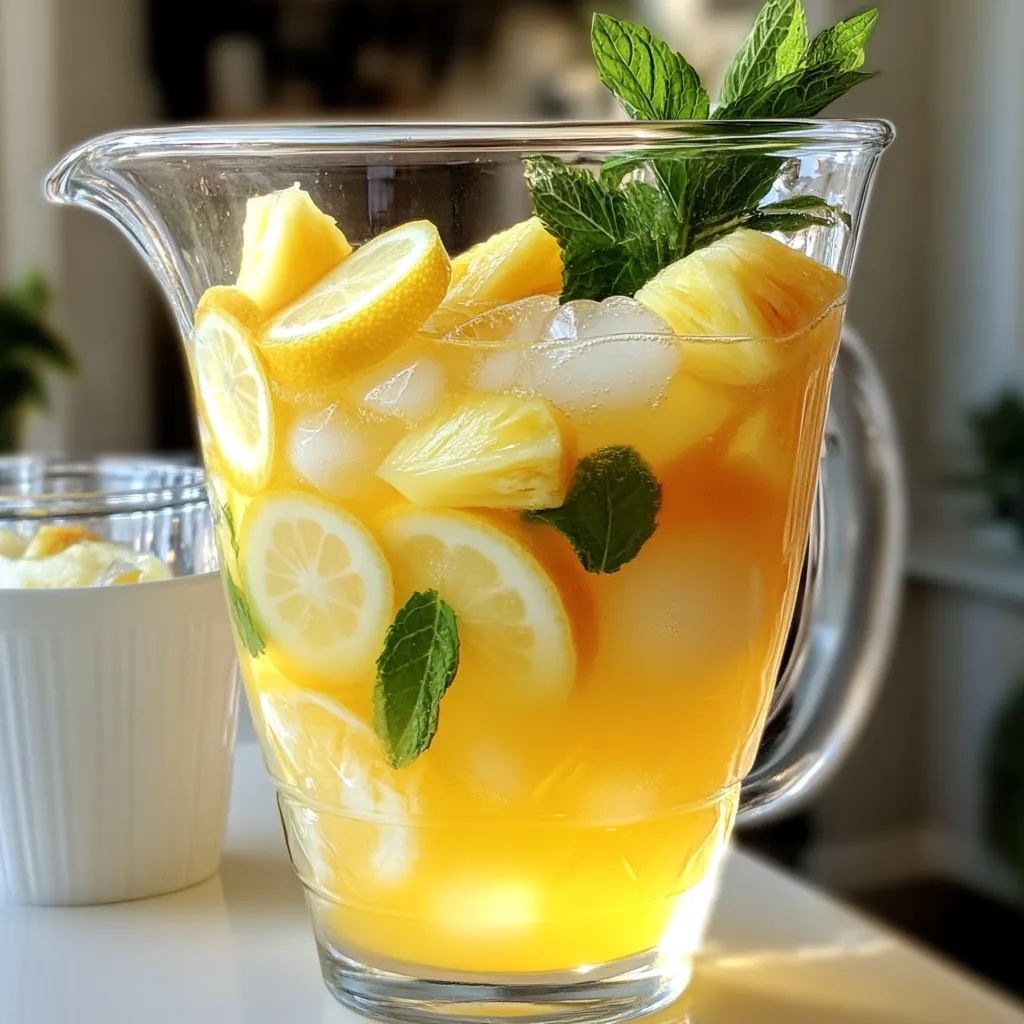- 2 cups fresh pineapple chunks - 1 cup fresh lemon juice - 3/4 cup granulated sugar - 4 cups cold water - 1/4 teaspoon sea salt - Fresh mint leaves for garnish - Pineapple slices for garnish - Lemon slices for garnish To make a refreshing pineapple lemonade, start with fresh ingredients. Using ripe pineapples gives a sweet and tangy base. You will need two cups of fresh pineapple chunks. For the zing, squeeze one cup of fresh lemon juice. This usually comes from six to eight medium lemons. Next, add three-quarters cup of granulated sugar. You can change this amount based on how sweet you want your drink. Then, grab four cups of cold water. This will help balance the flavors. Do not forget the sea salt! Just a quarter teaspoon will elevate the taste. For a beautiful finish, prepare fresh mint leaves, pineapple slices, and lemon slices to garnish. These will add color and freshness to each glass. Gather all these ingredients, and you are ready to create a delightful drink that will cool you down on hot days. 1. Begin by placing 2 cups of fresh pineapple chunks into a blender. This will create a smooth texture. 2. Add 1/2 cup of cold water to help the blending process. This helps the pineapple blend well. 3. Blend on high speed until the mixture is smooth and creamy. You want it to be fully combined. 4. Next, use a fine mesh sieve to strain the blended mixture into a large pitcher. 5. Press gently on the pulp to extract as much juice as possible. Discard any pulp that collects in the sieve. This gives you pure pineapple juice. 1. Pour 1 cup of fresh lemon juice into the pitcher with your pineapple juice. This adds a bright, tangy flavor. 2. Add 3/4 cup of granulated sugar. Stir thoroughly until the sugar dissolves. This ensures every sip is sweet. 3. Next, pour in the remaining 3.5 cups of cold water along with 1/4 teaspoon of sea salt. The salt enhances the overall flavor. 4. Stir again to combine all the ingredients. Taste your lemonade and adjust sweetness as needed. 1. For the best flavor, chill the lemonade in the refrigerator for at least 30 minutes before serving. This allows the flavors to meld. 2. When ready to serve, fill glasses with ice cubes. Pour the chilled lemonade over the ice. 3. Garnish each glass with fresh mint leaves, a slice of pineapple, and a slice of lemon. This adds a nice touch and makes it look beautiful. - Adjusting sweetness to taste: Taste your lemonade after mixing. If it’s not sweet enough, add more sugar. Start with a tablespoon, stir, and taste again. Repeat until you reach your perfect sweetness. - Diluting with water if flavors are too strong: If your lemonade is too strong, add a splash of cold water. This helps balance the flavors without losing the pineapple or lemon taste. Stir well, and then taste it again. - Serving in clear glasses for a visual appeal: Use clear glasses for serving. This shows off the bright yellow color of your lemonade. It makes your drink look fresh and inviting. - Adding decorative pineapple balls: For a fun touch, scoop out small balls from fresh pineapple. Place these on top of the drink. They add a nice look and extra flavor. Plus, they impress your guests! {{image_4}} Adding mint leaves gives your pineapple lemonade a fresh twist. Mint has a cooling effect that balances the sweet and tart flavors. It also adds a burst of aroma, making each sip more enjoyable. To add mint, simply muddle a few leaves in your glass before pouring in the lemonade. This releases the mint oils and enhances the drink’s freshness. Mixing in other fruits can elevate your drink. Strawberries and raspberries are excellent choices. They add vibrant color and a slight tang. You can blend them with the pineapple or use them as a garnish. Try adding a handful of berries to the pitcher for an inviting look. The sweet and sour notes will create a delightful fruit medley. To make a fizzy version, swap some cold water for sparkling water. This adds a fun, bubbly element that kids and adults enjoy. Start with 3 cups of cold water and 1 cup of sparkling water to keep it refreshing. Mix the sparkling water in right before serving to keep the bubbles alive. Pour it over ice and enjoy the delightful fizz! To keep your Pineapple Lemonade fresh, store it in the refrigerator. Use a tight-fitting lid or cover the pitcher with plastic wrap. This helps keep out odors and keeps your drink tasting great. Always chill it before serving for the best flavor. Pineapple Lemonade lasts about three to five days in the fridge. If you notice any change in smell or color, it is best to toss it. The flavors may start to fade after a few days, so enjoy it while it's fresh! Yes, you can freeze Pineapple Lemonade! Pour it into an ice cube tray or a freezer-safe container. When you want a cool treat, just pop out some cubes, or thaw a container in the fridge. It is a fun way to enjoy your drink later! Pineapples and lemons are both packed with nutrients. - Pineapple: It has vitamin C, manganese, and bromelain. Vitamin C boosts your immune system. Manganese helps with bone health. Bromelain aids digestion. - Lemon: It also has vitamin C, fiber, and antioxidants. Vitamin C supports skin health. Fiber promotes good digestion. Antioxidants fight free radicals. Together, these fruits make a nutritious drink that can refresh and energize you. Yes, you can prep this drink in advance. - Make the lemonade and store it in the fridge. It stays fresh for up to three days. - For the best taste, chill it for at least 30 minutes before serving. - If you want to serve it later, use a clean pitcher. This keeps it fresh and tasty. Yes, you can make sugar-free Pineapple Lemonade. - Use honey or agave syrup for a natural sweetener. - You can also try stevia or erythritol for a low-calorie option. - Adjust the amount based on your taste. These swaps keep the flavor and reduce calories. Enjoy your healthy twist! This post discussed making a refreshing Pineapple Lemonade. We covered the ingredients, from fresh pineapple to mint garnishes. I detailed each step, from blending to chilling. Plus, I shared tips for flavor and presentation. You can even explore fruit variations or a fizzy twist. Proper storage helps keep your drink fresh, ensuring delightful sips for days. Enjoy crafting your Pineapple Lemonade for any occasion. It's fun, tasty, and simple to make!