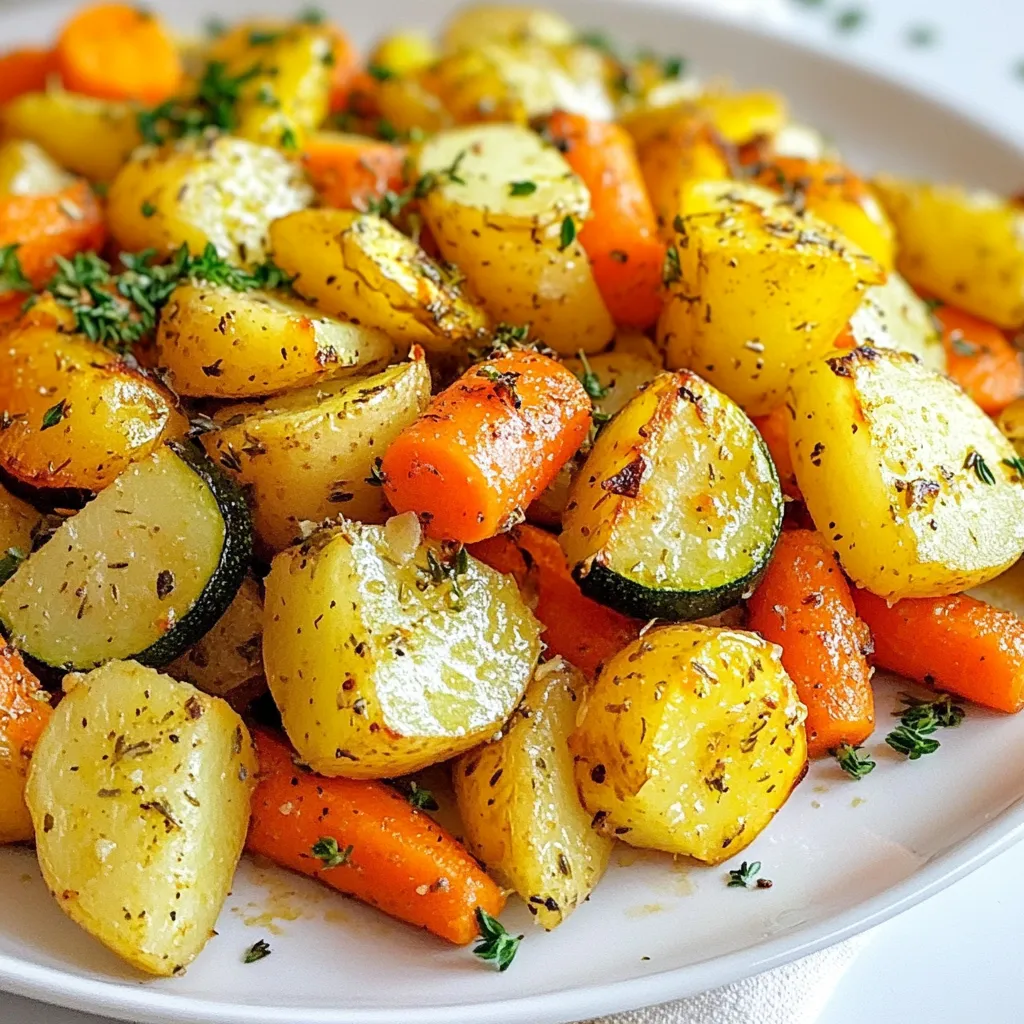 - 4 medium potatoes, diced - 3 large carrots, sliced - 2 medium zucchinis, sliced - 4 cloves of garlic, minced - 3 tablespoons extra virgin olive oil - 1 teaspoon dried oregano - 1 teaspoon dried thyme - 1 teaspoon smoked paprika - Salt and pepper to taste - Fresh parsley for garnish When I prepare Garlic Herb Potatoes, Carrots, and Zucchini, I love using fresh, vibrant ingredients. Each one adds its own charm. The potatoes provide a hearty base, while carrots bring sweetness. Zucchini adds a lovely texture. Garlic gives this dish a bold flavor. I prefer using minced garlic for a punch. Extra virgin olive oil is key for roasting. It helps all the flavors meld together. The dried oregano and thyme offer a warm, earthy taste. Smoked paprika adds a hint of smokiness that enhances the dish. Don’t forget the salt and pepper! They elevate all the other flavors. Lastly, fresh parsley is a must for garnish. It adds a pop of color and freshness. When you see that bright green, you know your dish is ready to shine! {{ingredient_image_2}} First, set your oven temperature to 425°F (220°C). This step is key for great roasting. A hot oven helps the veggies brown and crisp nicely. Next, combine 4 medium diced potatoes, 3 sliced large carrots, and 2 sliced medium zucchinis in a mixing bowl. Mixing these three will create a colorful and tasty medley. Each vegetable adds a different texture and flavor. Now, add 4 minced cloves of garlic, 3 tablespoons of extra virgin olive oil, 1 teaspoon of dried oregano, 1 teaspoon of dried thyme, and 1 teaspoon of smoked paprika to the bowl. Also, sprinkle in some salt and pepper to taste. Toss everything together well. This step lets the veggies soak up all the flavors, making every bite delicious. Transfer your vegetable mix onto a large baking sheet. Spread them out in a single layer to ensure even cooking. Roast in the preheated oven for 25-30 minutes. Remember to stir the veggies halfway through. This helps them cook evenly and develop a nice caramelization. Keep an eye on the vegetables. They are done when they turn golden brown and are tender. When finished, carefully take them out of the oven. Just before serving, sprinkle with fresh chopped parsley. This adds a nice pop of color and freshness to the dish. Enjoy your Garlic Herb Potatoes, Carrots, and Zucchini! For even cooking, cut all your veggies to the same size. I recommend using 1-inch cubes for potatoes and thick rounds for carrots. Slice zucchini into half-moons. This way, everything roasts at the same rate. If some pieces are bigger, they may not cook through. A sharp knife helps you achieve uniform sizes quickly. To add more depth to this dish, try fresh herbs like rosemary or basil. You can also use spices like cumin or chili powder for a kick. If you want a tangy flavor, add lemon zest or juice before roasting. A touch of cheese, like Parmesan, can elevate the taste as well. This Garlic Herb Veggie Medley works great with grilled chicken or fish. It can also be a filling main dish with crusty bread. For a light meal, serve it with a fresh salad on the side. The flavors blend well with almost any dish, making it a perfect go-to option. Pro Tips Choose Fresh Vegetables: Opt for the freshest vegetables you can find. Seasonal produce will enhance the flavor and texture of your medley significantly. Uniform Cutting: Ensure all vegetables are cut into similar sizes for even roasting. This prevents some pieces from becoming overcooked while others remain undercooked. Experiment with Herbs: Feel free to switch up the herbs according to your preference. Fresh herbs can elevate the dish even further if you have them on hand. Serve Immediately: For the best flavor and texture, serve the veggie medley right after roasting. It’s when they are at their most delicious and vibrant! {{image_4}} You can switch up the veggies in this dish. Feel free to add or replace any of the following: - Sweet potatoes for a sweeter taste - Bell peppers for vibrant color and crunch - Broccoli for a green boost - Asparagus for a fresh, spring flavor These options keep the dish exciting and allow you to use what you have at home. Explore new flavors by changing the herbs and spices. Here are some ideas: - Basil and rosemary offer a fragrant twist. - Italian seasoning can add a bold, familiar taste. - Curry powder brings warmth and depth. - Lemon zest brightens the dish and adds zest. Mix and match different herbs to suit your taste. This dish is easy to adapt for various diets: - For a vegan option, confirm that the olive oil is pure and use all plant-based ingredients. - To make it gluten-free, simply ensure all ingredients are labeled as gluten-free. These small changes make the Garlic Herb Potatoes Carrots Zucchini fit for everyone. Enjoy experimenting! To keep your Garlic Herb Potatoes, Carrots, and Zucchini fresh, let them cool first. Place the leftovers in an airtight container. Store them in the fridge for up to four days. This keeps the flavors intact while preventing spoilage. When you’re ready to enjoy your dish again, reheat it gently. You can use the oven or a skillet. If using the oven, preheat to 350°F (175°C). Spread the veggies on a baking sheet and heat for about 10-15 minutes. This method keeps the veggies crispy. If using a skillet, add a splash of water to keep them moist. Stir occasionally to heat evenly. If you want to save some for later, freezing is a great option. Allow the medley to cool completely. Then, place it in a freezer-safe bag or container. Squeeze out any excess air before sealing. This helps prevent freezer burn. You can freeze the veggie mix for up to three months. When ready to eat, thaw it overnight in the fridge. Reheat as mentioned above for the best taste. Yes, you can use fresh herbs instead of dried ones. Fresh herbs add a bright flavor to the dish. For this recipe, use three times the amount of fresh herbs. For example, if the recipe calls for 1 teaspoon of dried oregano, use 1 tablespoon of fresh oregano. Chop the fresh herbs finely and add them at the end of cooking. This gives a fresh taste and aroma. Roasting time can vary. The cooking time is usually around 25-30 minutes. Factors that affect the time include the size of the vegetable pieces and your oven's heat. Cut the veggies into even sizes for the best results. Stir the vegetables halfway through to ensure they cook evenly. Keep an eye on them; they should be golden and tender when done. This dish pairs well with many foods. Grilled meats like chicken, steak, or fish work great. It can also be a hearty vegetarian main dish. Serve it warm with a slice of crusty bread. The bread soaks up the flavors nicely, making every bite enjoyable. You can also serve it alongside a fresh salad for a balanced meal. This blog post shared a simple and tasty veggie roast recipe. You learned to prepare potatoes, carrots, and zucchini with herbs and spices. Roasting brings out their natural flavors. Tips for storage and variations help keep meals exciting. Remember, you can tweak ingredients to fit your taste or diet. Using this guide, you can create a healthy and delicious dish any time. Enjoy your cooking and savor every bite!