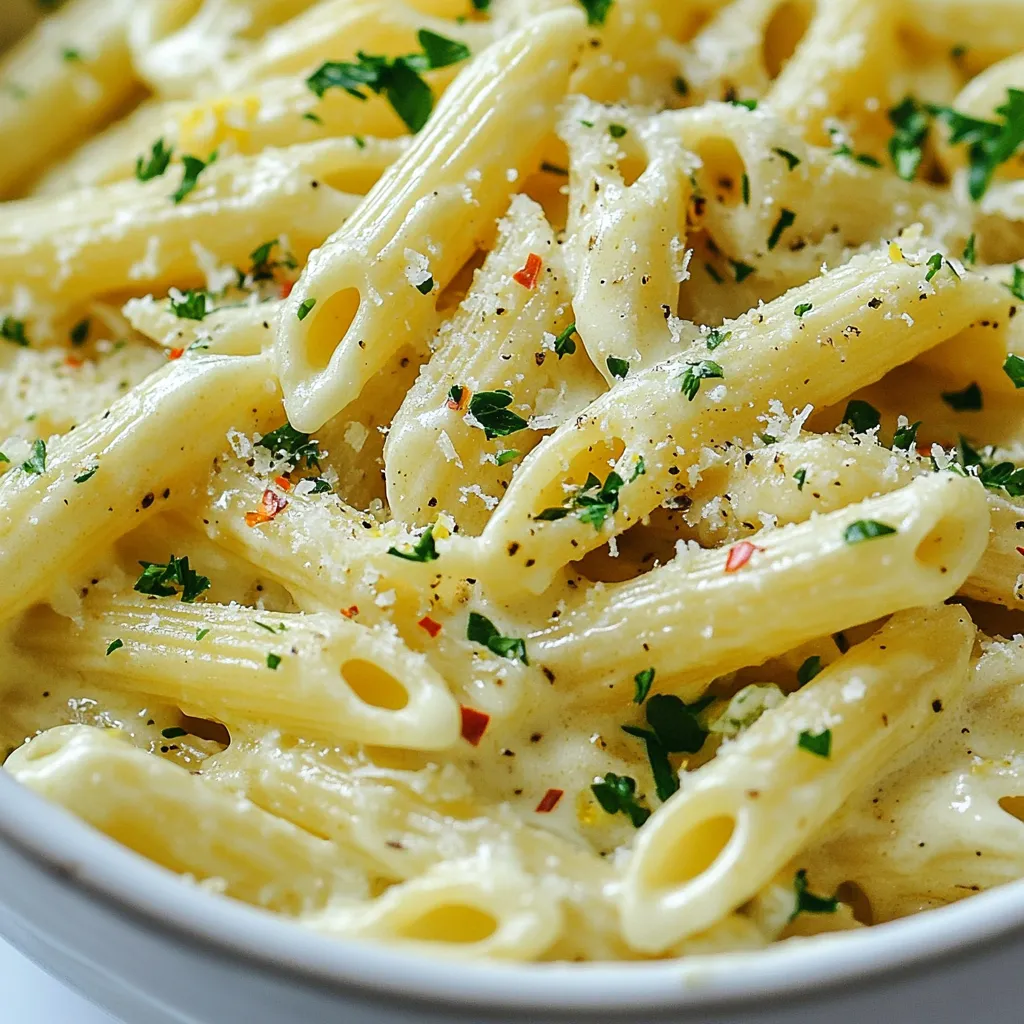 - 12 oz penne pasta - 6 cloves garlic, finely minced - 4 tablespoons unsalted butter - 2 tablespoons extra virgin olive oil - 1 teaspoon red pepper flakes (adjust to your spice preference) - 1 cup heavy cream - 1 cup freshly grated Parmesan cheese - 2 tablespoons fresh parsley, finely chopped for garnish - Salt and freshly ground black pepper to taste - Zest of 1 lemon When I make this garlic penne, I always start with the main ingredients. The penne pasta is my base. It has the right shape to hold the sauce. I use 12 ounces for four servings. I finely mince six cloves of garlic. This adds depth and flavor. The unsalted butter and extra virgin olive oil help create a rich sauce. I use four tablespoons of butter and two tablespoons of oil to ensure a smooth mix. Next, I focus on the additional ingredients. I love a bit of heat, so I add one teaspoon of red pepper flakes. You can adjust this to fit your taste. The heavy cream gives the sauce a creamy texture. I use one cup for that perfect richness. Freshly grated Parmesan cheese adds a salty kick. One cup of cheese makes it extra special. I finish with two tablespoons of fresh parsley for color and freshness. For seasoning, I add salt and black pepper to taste. I also use the zest of one lemon. This brightens the dish and balances the creaminess. Every bite should be flavorful and inviting. {{ingredient_image_2}} First, bring a large pot of water to a rolling boil. Add a generous amount of salt to the water. This salt will help flavor the pasta as it cooks. Once the water is boiling, add the 12 oz of penne pasta. Cook it for about 11-12 minutes. The pasta should be al dente, which means it should still have a slight bite. After cooking, drain the pasta but keep about 1 cup of the pasta water. Set the pasta aside for now. Next, grab a spacious skillet. Combine 4 tablespoons of unsalted butter and 2 tablespoons of extra virgin olive oil over medium heat. Wait for the mixture to get hot. Then, add 6 finely minced cloves of garlic and 1 teaspoon of red pepper flakes. Sauté this mix for about 2-3 minutes. Keep stirring to avoid burning the garlic. You want it to turn a light golden color and smell amazing. Now, carefully pour in 1 cup of heavy cream into the skillet. Stir it well to mix it with the garlic and oil. Let the cream simmer for about 2-3 minutes. This will help it thicken a bit. Slowly add in 1 cup of freshly grated Parmesan cheese. Keep stirring until the cheese melts and forms a creamy sauce. Time to bring it all together! Add the drained penne pasta into the skillet with the garlic cream sauce. Toss the pasta gently in the sauce. You want each piece to be well coated. If the sauce looks too thick, add a little of that reserved pasta water. Do this slowly until you reach the creamy consistency you like. Season with salt and freshly ground black pepper to taste. Once everything is mixed, remove the skillet from the heat. Fold in the zest of 1 lemon. This adds a bright flavor that makes the dish pop. Now, it's ready to serve! Divide the penne into bowls. For a nice touch, top with finely chopped fresh parsley. You can also sprinkle more grated Parmesan cheese if you like. Enjoy your delicious Restaurant Style Garlic Penne! - Choosing the right pasta: Use penne pasta for this dish. Its shape holds the creamy sauce well. Other shapes, like fettuccine, may not work as nicely. - Importance of pasta water: Always save some pasta water. This starchy water helps the sauce stick to the pasta. It also adjusts the sauce's thickness, making it creamy and smooth. - Adjusting spice levels with red pepper flakes: Start with one teaspoon of red pepper flakes. If you want more heat, add more to suit your taste. This spice adds a nice kick. - Variations in cheese types: While Parmesan is great, you can try Pecorino Romano or Asiago. Each brings a unique flavor to the dish. Mix and match to find your perfect combination. - Best serving dishes: Serve the penne in wide, shallow bowls. This makes the dish look elegant and allows the sauce to shine. - Adding fresh herbs for garnish: Top the dish with freshly chopped parsley. It adds color and a fresh taste. You can also use basil or chives for a different twist. Pro Tips Fresh Garlic Matters: Always opt for fresh garlic instead of pre-minced. The flavor is significantly better and adds a depth that jarred garlic cannot match. Perfectly Cooked Pasta: Make sure to cook the penne al dente. This ensures it holds its shape and texture when combined with the creamy sauce. Adjust the Creaminess: If the sauce is too thick, use the reserved pasta water gradually. It not only thins the sauce but also helps it cling to the pasta better. Garnish for Color: Adding fresh parsley not only enhances the visual appeal but also balances the richness of the dish with its fresh flavor. {{image_4}} You can easily make garlic penne vegetarian. To do this, replace cream with a plant-based option, like coconut cream or cashew cream. This change keeps the dish creamy without using dairy. Adding fresh veggies boosts flavor and nutrition. Try spinach, cherry tomatoes, or roasted bell peppers. They add color and taste to your meal. For a heartier dish, add protein. You can sauté chicken or shrimp in the garlic base. This step enhances the flavor and makes the meal filling. If you prefer a plant-based choice, tofu works well. Cube the tofu and sauté it until golden. Both options match nicely with the creamy sauce. Want to switch things up? Consider alternative sauces. A creamy pesto sauce brings a fresh, herbal note. Simply mix in store-bought or homemade pesto with the cream. If you like tomato, a tomato-based sauce is a great choice. Use crushed tomatoes and herbs to make a light, tangy sauce. This option brings a new twist to your garlic penne. To keep your garlic penne fresh, store it in an airtight container. Glass or plastic containers work well. This dish can last in the fridge for up to three days. Make sure it cools down before sealing it. For best results, reheat your garlic penne in a skillet. Add a splash of water or cream to keep it moist. Heat over medium-low, stirring often. This way, you avoid overcooking the pasta. If you use a microwave, cover it with a lid to trap steam. Heat in short bursts, stirring in between. To freeze garlic penne, let it cool completely first. Place it in a freezer-safe bag or container. Remove as much air as possible to prevent freezer burn. This dish can be frozen for up to three months. When you want to enjoy it again, thaw it overnight in the fridge. Reheat it the same way you would for leftovers. Add a bit of cream or reserved pasta water to regain the creamy texture. To make garlic penne gluten-free, you can use gluten-free penne pasta. Many brands offer this option made from rice, corn, or quinoa. Cook it just like regular penne. Follow the package instructions for the best results. Always check the labels to ensure they are certified gluten-free. Yes, you can make this dish ahead of time. Cook the pasta and sauce separately, then combine them just before serving. This keeps the pasta from getting mushy. Store the pasta and sauce in airtight containers in the fridge. Reheat them on the stove or in a microwave before serving. Garlic penne pairs well with several side dishes. Here are some great options: - A simple green salad with lemon vinaigrette. - Roasted vegetables like zucchini and bell peppers. - Garlic bread for extra flavor and crunch. - Grilled chicken or shrimp for added protein. To adjust the spice level, you can change the amount of red pepper flakes. Start with a small amount, like half a teaspoon. Taste the sauce and add more if needed. If it gets too spicy, add more cream or cheese to tone it down. This garlic penne recipe is simple and fun. We explored key ingredients, from pasta to Parmesan. You learned how to cook the dish step-by-step, plus tips for taste and presentation. Make it your own with variations or add proteins. Store leftovers right and enjoy them later. Whether you want a cozy meal or a special dish, garlic penne fits the bill. Now, grab your ingredients and start cooking!