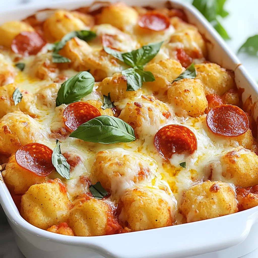 To make a great Pizza Tot Casserole, you need the following main ingredients: - 1 pound ground beef or turkey - 1 small onion, finely diced - 1 red bell pepper, diced into small cubes - 2 cups pizza sauce - 1 teaspoon Italian seasoning - Salt and freshly cracked pepper to taste - 2 cups shredded mozzarella cheese - 1 cup sliced pepperoni - 1 (32-ounce) bag frozen tater tots - 1/2 cup grated Parmesan cheese - Fresh basil leaves for garnish These items create a comforting and tasty dish. The blend of meat, cheese, and veggies gives it charm. The tater tots add a fun twist that kids adore. You can customize your casserole with optional toppings and add-ins. Consider these choices: - Sliced olives for a briny bite - Diced mushrooms for extra earthiness - Spinach for a pop of color and nutrition - Crumbled feta cheese for a tangy kick These extras let you tailor the dish to your family’s tastes. It’s a great way to use leftovers too! If you have dietary needs, there are easy swaps: - Use ground chicken or plant-based meat for a lighter option. - Swap tater tots for sweet potato tots for a healthier twist. - Choose gluten-free pizza sauce to keep it gluten-free. - Vegan cheese can replace mozzarella for a dairy-free variant. These substitutions help everyone enjoy this dish without worry. You can still make it delicious and satisfying! {{ingredient_image_2}} To start, gather all your ingredients. You will need: - 1 pound ground beef or turkey - 1 small onion, finely diced - 1 red bell pepper, diced into small cubes - 2 cups pizza sauce - 1 teaspoon Italian seasoning - Salt and freshly cracked pepper to taste - 2 cups shredded mozzarella cheese - 1 cup sliced pepperoni - 1 (32-ounce) bag frozen tater tots - 1/2 cup grated Parmesan cheese - Fresh basil leaves for garnish (optional) First, preheat your oven to 425°F (220°C). This step is key for crispy tots. Next, brown the ground meat in a skillet over medium heat. Cook until there is no pink left. Drain any excess fat to keep it light. Add the diced onion and red bell pepper. Sauté for about five minutes. You want the onion to be soft and clear. Now, pour in the pizza sauce and sprinkle in the Italian seasoning. Add salt and pepper to taste. Stir it well and let it simmer for five more minutes. This lets all the flavors mix nicely. Grab a large casserole dish. Spread half of the sauce mixture evenly on the bottom. This makes a tasty base. Next, layer half of the frozen tater tots over the sauce. Top with half of the shredded mozzarella cheese and half of the sliced pepperoni. Repeat this process. Add the remaining sauce, tater tots, mozzarella, and pepperoni. Each layer should be packed with flavor. Finish with a generous sprinkle of grated Parmesan cheese on top. This will give it a nice golden crust. Place your casserole in the preheated oven. Bake for about 25 to 30 minutes. You’ll know it’s done when the tater tots turn golden brown and the cheese is bubbly. Once it’s ready, take it out of the oven and let it cool for a few minutes. This helps it set before you cut into it. If you want, garnish with fresh basil leaves before serving. It adds a nice touch and some fresh flavor. Enjoy your meal! To achieve crispy tater tots, preheat your oven to 425°F (220°C). Spread the frozen tater tots in a single layer. This helps them cook evenly and get that golden crust. Bake them for about 20 minutes before adding them to the casserole. This step ensures every bite is crunchy. Seasoning is key to making your pizza tot casserole shine. Adding Italian seasoning enhances the pizza flavor. Don't forget to sprinkle salt and freshly cracked pepper throughout. For extra zest, consider adding garlic powder or crushed red pepper flakes. This adds heat and depth to your dish. Layering is essential for a well-balanced casserole. Start with half of the sauce on the bottom. This keeps everything moist. Then add half of the tater tots, followed by cheese and pepperoni. Repeat with the remaining ingredients. Make sure every layer is even. This helps each bite be full of flavor. Pro Tips Perfectly Browned Meat: Ensure your ground meat is well-browned to develop deeper flavors. Don't rush this step; allow it to caramelize slightly for that savory taste. Layering for Crispiness: When layering the tater tots, try to spread them evenly to ensure all parts get that delightful crispiness when baked. Cheese Variations: Feel free to mix different cheeses like cheddar or pepper jack with mozzarella for a unique flavor profile and added depth. Customize Your Toppings: Get creative with toppings! Add veggies like mushrooms or olives, or switch up the protein for a fun twist on this classic dish. {{image_4}} You can easily make a vegetarian version of this casserole. Substitute the ground meat with lentils or mushrooms. Both options add great flavor and texture. Use more veggies like zucchini, spinach, or olives. Top it with extra cheese for a rich taste. This dish remains fun and tasty for all! If you love heat, add spicy pepperoni or sausage. These meats give the casserole a bold kick. You can mix in jalapeños or crushed red pepper for extra spice. Just be careful not to overpower the dish. Balance is key to keep everyone happy. For a gluten-free version, try using cauliflower tater tots. They taste great and give a unique twist. Another option is to make homemade tater tots using gluten-free potatoes. Just ensure all other ingredients are gluten-free too. Enjoy a delicious meal without worry! After your meal, let the casserole cool down. Transfer any leftovers to an airtight container. This helps keep the flavors fresh. Store it in the fridge for up to three days. If you want to keep it longer, consider freezing. To reheat, preheat your oven to 350°F (175°C). Place the casserole in an oven-safe dish. Cover it with foil to keep it moist. Heat for about 20-25 minutes. If you want a crispy top, remove the foil for the last 5 minutes. You can also use a microwave. Heat in short bursts, checking often to avoid overcooking. For meal prep, you can freeze Pizza Tot Casserole. First, cool it completely. Cut it into portions and wrap each piece tightly in plastic wrap. Place them in a freezer-safe bag or container. This way, it stays fresh for up to three months. When ready to eat, thaw in the fridge overnight before reheating. Yes, you can make Pizza Tot Casserole ahead of time. Prepare the dish as usual, but stop before baking. Cover it tightly with plastic wrap and store it in the fridge for up to 24 hours. When you're ready to bake, just pop it in the oven. You may need to add a few extra minutes to the cooking time. To reheat Pizza Tot Casserole, preheat your oven to 350°F (175°C). Place the casserole in an oven-safe dish and cover it with foil. Heat for about 15-20 minutes or until it's hot throughout. You can also reheat individual portions in the microwave for about 1-2 minutes. Yes! Fresh vegetables work well in this dish. You can chop fresh onions and bell peppers instead of frozen ones. Sauté them until soft before adding to the sauce. Fresh veggies can add great flavor and texture to the casserole. Pizza Tot Casserole lasts about 3-4 days in the fridge. Store it in an airtight container to keep it fresh. If you want to save it longer, consider freezing it. Just remember to label it with the date! Pizza Tot Casserole brings comfort and fun to your meals. We covered its tasty ingredients, easy steps, and helpful tips. You can customize it with different toppings or make it vegetarian or gluten-free. Storage and reheating tips ensure you enjoy leftovers too. With these ideas, you can create a dish your whole family will love. Don't wait; it's time to make your own delicious casserole!