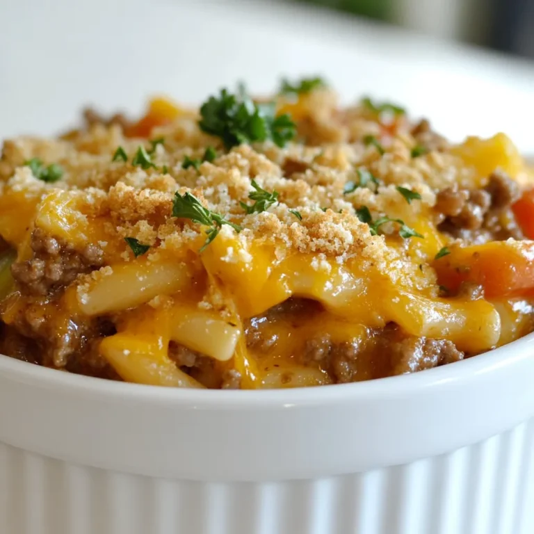 - 1 lb ground beef - 1 medium onion, finely diced - 2 cloves garlic, minced - 1 can (15 oz) mixed vegetables, drained and rinsed - 1 can (10.5 oz) cream of mushroom soup - 1 cup beef broth - 2 cups cooked pasta (such as elbow, shells, or any preferred shape) - 1 cup shredded cheddar cheese - 1 teaspoon Italian seasoning - Salt and freshly cracked pepper to taste - ½ cup breadcrumbs - 2 tablespoons olive oil I love using simple, fresh ingredients for Hobo Ground Beef Casserole. This dish comes together easily. Each ingredient plays a role. Ground beef adds protein. Onions and garlic bring flavor. Mixed vegetables add color and nutrition. Cream of mushroom soup gives the casserole a creamy base. Beef broth enhances the beef flavor. Cooked pasta makes the dish hearty. Shredded cheese melts beautifully on top. Italian seasoning adds a nice touch. Don't forget to season with salt and pepper. Breadcrumbs give it a crunchy topping. Olive oil keeps everything moist and tasty. You can find all these ingredients at your local store. {{ingredient_image_2}} - Preheat the Oven: Start by preheating your oven to 350°F (175°C). This makes sure the oven is hot when the casserole goes in. - Sauté Aromatics: In a large skillet, heat 2 tablespoons of olive oil over medium heat. Once it's warm, add 1 finely diced onion and 2 minced garlic cloves. Sauté it for 3-4 minutes until the onion looks clear and smells good. - Cook the Beef: Add 1 pound of ground beef to the skillet. Use a spatula to break it apart as it cooks. Keep cooking for about 5-7 minutes until the beef is brown and cooked through. Drain any extra fat to make the dish lighter. - Combine Ingredients: Stir in 1 can of drained mixed vegetables, 1 can of cream of mushroom soup, 1 cup of beef broth, and 2 cups of cooked pasta. Add 1 teaspoon of Italian seasoning and season with salt and pepper. Mix well so everything is blended. - Prepare for Baking: Transfer the mix into a greased 9x13 inch baking dish. Spread it out evenly. - Add Cheese & Topping: Sprinkle 1 cup of shredded cheddar cheese on top. In a small bowl, mix ½ cup of breadcrumbs with the remaining tablespoon of olive oil. Sprinkle this breadcrumb mix over the cheese for a crunchy topping. - Bake: Put the casserole in the preheated oven and bake for 25-30 minutes. Watch it closely until it is bubbly and the top is golden brown. To ensure even cooking, always preheat your oven. A hot oven helps your casserole cook through. When you brown the beef, make sure it is in a single layer. This way, it cooks evenly. Use a spatula to break up clumps while cooking. This helps the beef brown nicely. For presentation, serve the casserole in individual bowls. This makes it feel special. Add a sprinkle of fresh parsley on top. It adds color and flavor. Consider serving crusty bread on the side. It’s perfect for soaking up the tasty sauce. You can swap out the ground beef for turkey or chicken. This gives a lighter option. If you want more veggies, add bell peppers or carrots. They add color and nutrition. Feel free to mix in some cooked sausage for extra flavor. Pro Tips Use Lean Ground Beef: Opt for lean ground beef to reduce excess fat and calories in your casserole, making it a healthier meal option. Experiment with Vegetables: Feel free to substitute the mixed vegetables with your favorite fresh or frozen vegetables for added nutrition and flavor. Cheese Variations: Try different types of cheese, such as mozzarella or pepper jack, for a unique taste and texture in your casserole. Make it Ahead: Assemble the casserole ahead of time and store it in the refrigerator or freezer. Just bake it when you're ready to serve! {{image_4}} You can easily switch ingredients in Hobo Ground Beef Casserole. For a vegetarian version, use meat substitutes like lentils or plant-based ground beef. This keeps the meal hearty and satisfying while being meat-free. If you need gluten-free options, choose gluten-free pasta and gluten-free cream of mushroom soup. This way, everyone can enjoy this tasty dish. To make the casserole more exciting, try adding different spices. A pinch of paprika or chili powder can give it a nice kick. You can also use herbs like oregano or basil for a fresh taste. Changing the cheese can also change the flavor. Instead of cheddar, try mozzarella or pepper jack cheese. Each type brings a unique twist, making your dish special every time. After you make Hobo Ground Beef Casserole, let it cool. This helps keep it fresh. Cover the dish tightly with plastic wrap or aluminum foil. You can also use an airtight container. Store it in the fridge for up to three days. Always check for signs of spoilage, like bad smells or mold, before eating. To freeze your casserole, first let it cool completely. Cut it into portions for easy reheating. Wrap each piece tightly in plastic wrap, then place them in a freezer bag. Squeeze out as much air as you can. This helps prevent freezer burn. Your casserole can stay good for about three months in the freezer. When you’re ready to eat, thaw it in the fridge overnight. Reheat in the oven at 350°F (175°C) until hot. Hobo Ground Beef Casserole tastes best when fresh. In the fridge, it will last about three days. If you freeze it, aim to eat it within three months. To keep it fresh longer, always store it in airtight containers. This keeps out moisture and air, which can spoil your meal. Enjoy your leftovers while they are still tasty! How long does it take to bake? It takes about 25 to 30 minutes to bake the casserole. You want it to be bubbly and golden brown on top. Can I prepare the casserole ahead of time? Yes, you can prepare it ahead of time. Assemble the casserole and cover it tightly with foil. Store it in the fridge for up to 24 hours. Bake it when you're ready to enjoy. What can I serve with Hobo Ground Beef Casserole? I recommend crusty bread or a fresh salad. These sides pair well and add a nice balance to the meal. Can leftovers be reheated? If so, how? Yes, you can reheat leftovers. Place them in the microwave or oven. If using the oven, cover the dish with foil and heat at 350°F (175°C) until warm. Enjoy your tasty meal again! This blog post covered the tasty Hobo Ground Beef Casserole recipe. We explored the key ingredients, cooking steps, and great tips to make it shine. You can customize it easily and enjoy leftovers later. Try new variations to keep meals exciting. With this article, you now have the tools to create a delicious dish that everyone will love. Enjoy making your casserole and share it with family and friends!