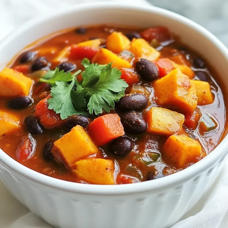 - 2 medium sweet potatoes, peeled and diced into bite-sized pieces - 1 can (15 oz) black beans, thoroughly drained and rinsed - 1 can (14 oz) diced tomatoes, including the juice for added flavor - 1 red bell pepper, diced into small cubes - 1 medium onion, chopped finely - 3 cloves garlic, minced or pressed - 1 teaspoon ground cumin - 1 teaspoon smoked paprika - ½ teaspoon chili powder - ½ teaspoon cayenne pepper (adjust based on your spice preference) - 2 cups vegetable broth or stock - 1 tablespoon olive oil - Salt and freshly ground black pepper to taste - Fresh cilantro leaves, roughly chopped, for garnish Sweet potatoes bring a sweet taste and a creamy texture. Black beans add protein and fiber. Diced tomatoes give a juicy base for the chili. Red bell pepper adds a nice crunch. Onion and garlic provide depth of flavor. For seasoning, ground cumin gives warmth. Smoked paprika adds a hint of smoke. Chili powder gives heat, while cayenne pepper kicks it up a notch. Vegetable broth ties everything together. Olive oil helps to sauté the veggies. Salt and pepper enhance all the flavors. To finish, fresh cilantro adds brightness. It also makes the dish look appealing. These ingredients blend to create a hearty meal. You can enjoy it alone or pair it with rice or cornbread. {{ingredient_image_2}} Start by heating the olive oil in a large pot over medium heat. Once the oil shimmers, add the chopped onion. Sauté the onion for about 3 to 4 minutes. You want it to turn translucent and slightly golden. Next, add the minced garlic and diced red bell pepper. Stir for another 2 to 3 minutes. The mixture will smell wonderful as the bell pepper softens. Now, mix in the diced sweet potatoes. Stir everything together to ensure even distribution. Let the sweet potatoes cook for 5 minutes. This helps them start to soften. Next, sprinkle in the ground cumin, smoked paprika, chili powder, and cayenne pepper. Stir well to coat the vegetables with the spices. Cook this mixture for one more minute. This toasting brings out the spices' best flavors. Carefully pour in the vegetable broth. After that, add the diced tomatoes with their juice and the rinsed black beans. Stir everything together, bringing the mixture to a gentle boil. Reduce the heat to low and cover the pot. Let the chili simmer for 25 to 30 minutes. Check it occasionally to ensure it doesn’t stick. Your sweet potatoes should be tender enough to pierce with a fork. After simmering, taste the chili and season it with salt and freshly ground black pepper. If you want a thicker chili, mash a few sweet potato cubes against the pot's side with the back of a spoon. Once done, ladle the chili into bowls and garnish each serving with fresh cilantro. To get the best taste from your chili, adjust the spice levels. Start with the basic amounts of chili powder and cayenne pepper. If you like more heat, add more cayenne. If you want it milder, reduce the chili powder. You can also mix in a little sugar to balance the heat. For a thicker chili, mash some sweet potato chunks against the pot's side. This adds body without changing the flavor too much. You can also add a cornstarch slurry. Mix cornstarch with cold water, then stir it in during the last few minutes of cooking. Mashing sweet potatoes helps create a smooth texture. You want some chunks for heartiness, but a little mash adds creaminess. Stirring well while the chili simmers lets the flavors blend nicely. Cook the chili low and slow to enhance the taste. This gives the spices time to blend in. Keep the lid on to trap moisture. Stir occasionally to prevent sticking and ensure even cooking. This chili pairs great with warm cornbread. The sweet bread contrasts nicely with the spicy chili. You can also serve it over rice for a filling meal. For toppings, try avocado slices or a dollop of sour cream. These add creaminess and coolness to the dish. Fresh cilantro on top adds a pop of color and flavor. Enjoy your chili with family and friends! Pro Tips Adjust the Spice Level: Feel free to modify the amount of cayenne pepper based on your personal tolerance for heat. Start with a smaller amount and add more if you like it spicier. Use Fresh Herbs: If you have fresh herbs on hand, consider adding a sprinkle of oregano or thyme during cooking for an extra layer of flavor. Make it a Meal: To turn this chili into a complete meal, serve it over quinoa or brown rice for added protein and fiber. Storage Tips: This chili stores well in the refrigerator for up to 5 days and can be frozen for up to 3 months. Just make sure to let it cool completely before freezing! {{image_4}} You can easily change beans in this chili. Try kidney beans or pinto beans for a new taste. Each type of bean adds a unique flavor and texture. You can also swap the sweet potatoes for butternut squash. This change offers a different sweetness and color. Mixing in zucchini or corn can also add a nice crunch. This recipe can fit many diets. It is already vegan since it uses no meat or dairy. To make it gluten-free, ensure your broth is certified gluten-free. Most canned beans and tomatoes are also gluten-free. You can use different vegetable stocks to match your taste. You can control the heat in this chili. If you prefer milder flavors, skip the cayenne pepper. You can also reduce the chili powder. For those who love spice, add extra cayenne or a dash of hot sauce. Fresh jalapeños or chipotle peppers can give it a nice kick. Adjust to your taste for the perfect bowl of chili. To store leftovers, let the chili cool first. Then, scoop it into an airtight container. Make sure to seal it well. You can keep the chili in the fridge for up to five days. This helps keep all the flavors fresh. When you’re ready to eat, just take it out and reheat. If you want to freeze your chili, use freezer-safe containers. Fill them up, leaving some space at the top. This allows for expansion when the chili freezes. You can freeze the chili for up to three months. It’s a great option for meal prep. You’ll have a tasty meal ready for busy days. To reheat without losing flavor, use a pot on the stove. Add a splash of water or broth to keep it moist. Heat it on low, stirring often. You can also use the microwave. Just cover the bowl with a lid or a damp paper towel. This helps keep the moisture in. Heat it in short bursts, stirring in between. Enjoying your chili warm and flavorful is what it’s all about! Yes, you can make this chili in a slow cooker! Start by sautéing the onion, garlic, and red bell pepper in a pan. Once they are soft, transfer them to the slow cooker. Add the diced sweet potatoes, black beans, diced tomatoes, and spices. Pour in the vegetable broth and mix everything well. Cook on low for about 6-8 hours or on high for 3-4 hours. It will be delicious and full of flavor. Sweet Potato Black Bean Chili can last for about 4 to 5 days in the fridge. Make sure to store it in an airtight container to keep it fresh. If you see any mold or the chili smells off, it’s best to throw it away. Always check before eating leftovers to stay safe. Absolutely! This chili is perfect for meal prep. You can make a big batch and store it in the fridge or freezer. It tastes even better as it sits. This means you can enjoy quick meals during the week. Just reheat and enjoy. Plus, it is packed with nutrients and flavor, making it a great choice for healthy eating. This blog post explored making Sweet Potato Black Bean Chili. We discussed the key ingredients, such as sweet potatoes, black beans, and spices. You learned step-by-step instructions for preparation and cooking. We shared tips for enhancing flavor and texture. Feel free to customize it with different beans or spices. This chili is perfect for meal prep, easy to store, and delightful to eat. Enjoy making it your own!