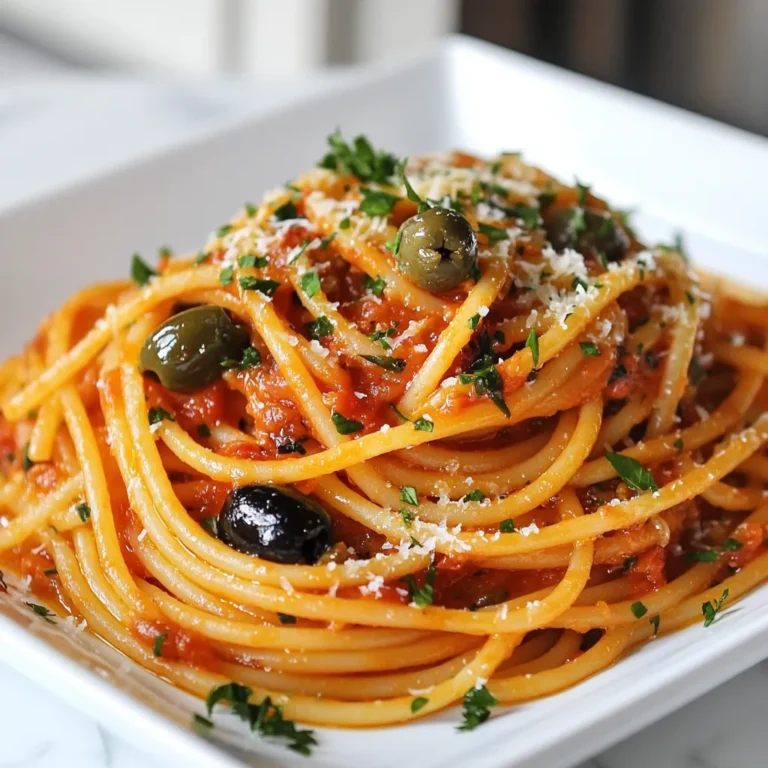 - 400g spaghetti or linguine - 3 tablespoons extra virgin olive oil - 4 cloves garlic, finely minced Pasta Puttanesca needs simple yet bold ingredients. Spaghetti or linguine forms the base of this dish. The extra virgin olive oil adds richness, while minced garlic gives it a strong flavor. These three items are key to a great start. - 1 teaspoon red pepper flakes - 1 can (400g) crushed tomatoes - 2 tablespoons capers, rinsed and drained Red pepper flakes bring heat. You can adjust the amount to match your taste. Crushed tomatoes add a nice body to the sauce. They give the dish its classic red color. Capers are small but mighty. They bring a briny kick that pairs well with the other flavors. - 100g black olives, pitted and sliced - 1 tablespoon granulated sugar - Fresh parsley and grated Parmesan cheese Black olives provide a deep, savory note. I prefer Kalamata for their rich taste. Granulated sugar helps balance the acidity of the tomatoes. Fresh parsley adds a pop of color and freshness. If you like, sprinkle some grated Parmesan on top for added creaminess. {{ingredient_image_2}} First, bring 4-5 liters of salted water to a boil. Add 400g of spaghetti or linguine. Cook it for about 8-10 minutes until it is al dente. Before you drain the pasta, save ½ cup of the pasta water in a bowl. Drain the pasta and set it aside. Next, heat 3 tablespoons of extra virgin olive oil in a large skillet over medium heat. After a minute, add 4 cloves of minced garlic and 1 teaspoon of red pepper flakes. Sauté for 1-2 minutes. Make sure the garlic is fragrant but not brown. Then, pour in 1 can of crushed tomatoes. Stir well and let it cook for 5-7 minutes. This helps the sauce thicken. Now, it’s time to add flavor. Mix in 2 tablespoons of rinsed capers, 100g of pitted and sliced black olives, and 1 tablespoon of granulated sugar. Season with salt and freshly ground black pepper to taste. Stir the sauce well and let it simmer for 3-4 more minutes. Taste it and adjust the seasoning if needed. Finally, add the drained pasta to the skillet with the sauce. Use tongs or a pasta fork to toss the pasta so it gets coated evenly. If the sauce is too thick, add some of the reserved pasta water, one tablespoon at a time, until you reach the right consistency. - Use high-quality olive oil. It makes a big difference in taste. - Adjust spice levels to fit your taste. Add more or less red pepper flakes. - Always reserve pasta water before draining. This water helps sauce stick to pasta. - Cook pasta and sauce at the same time. This keeps everything fresh and hot. - Serve pasta in bowls for a cozy feel. Add a sprig of parsley on top. - For a grand touch, use a large platter. This works well for family-style meals. Pro Tips Adjust the Spice Level: If you prefer a milder dish, reduce the red pepper flakes. You can also add them incrementally while tasting the sauce to find your perfect heat level. Use High-Quality Olive Oil: The flavor of the olive oil will significantly impact your dish. Choose a good quality extra virgin olive oil for the best taste. Fresh Herbs for Garnish: While parsley adds a nice touch, consider using fresh basil or oregano for an aromatic twist that complements the sauce beautifully. Storing Leftovers: Store any leftovers in an airtight container in the fridge for up to 3 days. Reheat gently on the stove, adding a splash of water or olive oil to prevent drying out. {{image_4}} If you want to change things up, consider these swaps. You can use gluten-free pasta like rice or corn pasta. This option works well for those avoiding gluten. You can also try different olives. Green olives add a nice twist. Add-ins like artichokes or sun-dried tomatoes can boost flavor. You can make Pasta Puttanesca vegetarian or vegan. Just skip the cheese or use a vegan option. Add more vegetables like spinach or mushrooms to enhance the dish. For spice lovers, try adding crushed red pepper or black pepper. Fresh herbs like basil or oregano can also brighten the dish. To complete your meal, pair Pasta Puttanesca with a fresh salad. A simple green salad with lemon dressing works great. You can also serve it with garlic bread for a comforting side. For drinks, a glass of red wine, like Chianti, pairs well. The wine's acidity complements the sauce nicely. To store leftover Pasta Puttanesca, let it cool first. Place it in an airtight container. This helps keep it fresh. It can last in the fridge for up to three days. Use glass or BPA-free plastic containers for best results. When reheating, aim to keep pasta moist. You can add a splash of water or olive oil. This prevents it from drying out. The stovetop method works best. Heat it in a pan over low heat, stirring often. If you use a microwave, cover it with a damp paper towel. This helps it steam and stay soft. To freeze Pasta Puttanesca, let it cool completely. Portion it into freezer-safe containers. It can last for up to three months in the freezer. For thawing, place it in the fridge overnight. Reheat it on the stovetop or microwave. Add some water to keep it from drying out. Pasta Puttanesca is an Italian dish. It hails from Naples. The name means "in the style of the whore." The dish is quick and full of flavor. Traditional ingredients include: - Spaghetti or linguine - Garlic - Olive oil - Crushed tomatoes - Red pepper flakes - Capers - Black olives These ingredients create a bold and savory sauce. The combination of salty olives and capers brings a unique taste. The red pepper flakes add a spicy kick, which many love. To make Pasta Puttanesca less spicy, you can adjust the red pepper flakes. Start with half a teaspoon instead of a full teaspoon. Other tips include: - Omit the red pepper flakes for a milder flavor. - Add more crushed tomatoes to dilute the heat. - Serve with a dollop of plain yogurt to cool the spice. These changes can help balance the heat while keeping the dish tasty. Yes, you can make Pasta Puttanesca ahead of time. The flavors meld beautifully when it sits. For storage: - Keep the pasta and sauce separate. This helps prevent sogginess. - Store in airtight containers in the fridge for up to three days. When ready to eat, simply reheat the sauce and toss it with freshly cooked pasta. Pasta Puttanesca pairs well with many side dishes. Here are some ideas: - A simple green salad with olive oil and vinegar. - Crusty bread for dipping in the sauce. - Roasted vegetables for added nutrition. You can also serve it with grated Parmesan cheese on top for extra flavor. Pasta Puttanesca is simple, flavorful, and brings joy to any table. This dish features key ingredients like spaghetti, garlic, and olives, enhanced with crushed tomatoes and capers. Follow the steps to create a sauce that combines these flavors smoothly, and serve it with stylish garnishes. Remember to adjust spice levels and try different ingredient swaps to suit your taste. Whether you’re cooking for a crowd or just for yourself, Pasta Puttanesca is a great choice. Enjoy every bite!