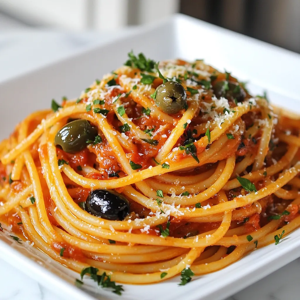 - 400g spaghetti or linguine - 3 tablespoons extra virgin olive oil - 4 cloves garlic, finely minced Pasta Puttanesca needs simple yet bold ingredients. Spaghetti or linguine forms the base of this dish. The extra virgin olive oil adds richness, while minced garlic gives it a strong flavor. These three items are key to a great start. - 1 teaspoon red pepper flakes - 1 can (400g) crushed tomatoes - 2 tablespoons capers, rinsed and drained Red pepper flakes bring heat. You can adjust the amount to match your taste. Crushed tomatoes add a nice body to the sauce. They give the dish its classic red color. Capers are small but mighty. They bring a briny kick that pairs well with the other flavors. - 100g black olives, pitted and sliced - 1 tablespoon granulated sugar - Fresh parsley and grated Parmesan cheese Black olives provide a deep, savory note. I prefer Kalamata for their rich taste. Granulated sugar helps balance the acidity of the tomatoes. Fresh parsley adds a pop of color and freshness. If you like, sprinkle some grated Parmesan on top for added creaminess. {{ingredient_image_2}} First, bring 4-5 liters of salted water to a boil. Add 400g of spaghetti or linguine. Cook it for about 8-10 minutes until it is al dente. Before you drain the pasta, save ½ cup of the pasta water in a bowl. Drain the pasta and set it aside. Next, heat 3 tablespoons of extra virgin olive oil in a large skillet over medium heat. After a minute, add 4 cloves of minced garlic and 1 teaspoon of red pepper flakes. Sauté for 1-2 minutes. Make sure the garlic is fragrant but not brown. Then, pour in 1 can of crushed tomatoes. Stir well and let it cook for 5-7 minutes. This helps the sauce thicken. Now, it’s time to add flavor. Mix in 2 tablespoons of rinsed capers, 100g of pitted and sliced black olives, and 1 tablespoon of granulated sugar. Season with salt and freshly ground black pepper to taste. Stir the sauce well and let it simmer for 3-4 more minutes. Taste it and adjust the seasoning if needed. Finally, add the drained pasta to the skillet with the sauce. Use tongs or a pasta fork to toss the pasta so it gets coated evenly. If the sauce is too thick, add some of the reserved pasta water, one tablespoon at a time, until you reach the right consistency. - Use high-quality olive oil. It makes a big difference in taste. - Adjust spice levels to fit your taste. Add more or less red pepper flakes. - Always reserve pasta water before draining. This water helps sauce stick to pasta. - Cook pasta and sauce at the same time. This keeps everything fresh and hot. - Serve pasta in bowls for a cozy feel. Add a sprig of parsley on top. - For a grand touch, use a large platter. This works well for family-style meals. Pro Tips Adjust the Spice Level: If you prefer a milder dish, reduce the red pepper flakes. You can also add them incrementally while tasting the sauce to find your perfect heat level. Use High-Quality Olive Oil: The flavor of the olive oil will significantly impact your dish. Choose a good quality extra virgin olive oil for the best taste. Fresh Herbs for Garnish: While parsley adds a nice touch, consider using fresh basil or oregano for an aromatic twist that complements the sauce beautifully. Storing Leftovers: Store any leftovers in an airtight container in the fridge for up to 3 days. Reheat gently on the stove, adding a splash of water or olive oil to prevent drying out. {{image_4}} If you want to change things up, consider these swaps. You can use gluten-free pasta like rice or corn pasta. This option works well for those avoiding gluten. You can also try different olives. Green olives add a nice twist. Add-ins like artichokes or sun-dried tomatoes can boost flavor. You can make Pasta Puttanesca vegetarian or vegan. Just skip the cheese or use a vegan option. Add more vegetables like spinach or mushrooms to enhance the dish. For spice lovers, try adding crushed red pepper or black pepper. Fresh herbs like basil or oregano can also brighten the dish. To complete your meal, pair Pasta Puttanesca with a fresh salad. A simple green salad with lemon dressing works great. You can also serve it with garlic bread for a comforting side. For drinks, a glass of red wine, like Chianti, pairs well. The wine's acidity complements the sauce nicely. To store leftover Pasta Puttanesca, let it cool first. Place it in an airtight container. This helps keep it fresh. It can last in the fridge for up to three days. Use glass or BPA-free plastic containers for best results. When reheating, aim to keep pasta moist. You can add a splash of water or olive oil. This prevents it from drying out. The stovetop method works best. Heat it in a pan over low heat, stirring often. If you use a microwave, cover it with a damp paper towel. This helps it steam and stay soft. To freeze Pasta Puttanesca, let it cool completely. Portion it into freezer-safe containers. It can last for up to three months in the freezer. For thawing, place it in the fridge overnight. Reheat it on the stovetop or microwave. Add some water to keep it from drying out. Pasta Puttanesca is an Italian dish. It hails from Naples. The name means "in the style of the whore." The dish is quick and full of flavor. Traditional ingredients include: - Spaghetti or linguine - Garlic - Olive oil - Crushed tomatoes - Red pepper flakes - Capers - Black olives These ingredients create a bold and savory sauce. The combination of salty olives and capers brings a unique taste. The red pepper flakes add a spicy kick, which many love. To make Pasta Puttanesca less spicy, you can adjust the red pepper flakes. Start with half a teaspoon instead of a full teaspoon. Other tips include: - Omit the red pepper flakes for a milder flavor. - Add more crushed tomatoes to dilute the heat. - Serve with a dollop of plain yogurt to cool the spice. These changes can help balance the heat while keeping the dish tasty. Yes, you can make Pasta Puttanesca ahead of time. The flavors meld beautifully when it sits. For storage: - Keep the pasta and sauce separate. This helps prevent sogginess. - Store in airtight containers in the fridge for up to three days. When ready to eat, simply reheat the sauce and toss it with freshly cooked pasta. Pasta Puttanesca pairs well with many side dishes. Here are some ideas: - A simple green salad with olive oil and vinegar. - Crusty bread for dipping in the sauce. - Roasted vegetables for added nutrition. You can also serve it with grated Parmesan cheese on top for extra flavor. Pasta Puttanesca is simple, flavorful, and brings joy to any table. This dish features key ingredients like spaghetti, garlic, and olives, enhanced with crushed tomatoes and capers. Follow the steps to create a sauce that combines these flavors smoothly, and serve it with stylish garnishes. Remember to adjust spice levels and try different ingredient swaps to suit your taste. Whether you’re cooking for a crowd or just for yourself, Pasta Puttanesca is a great choice. Enjoy every bite!