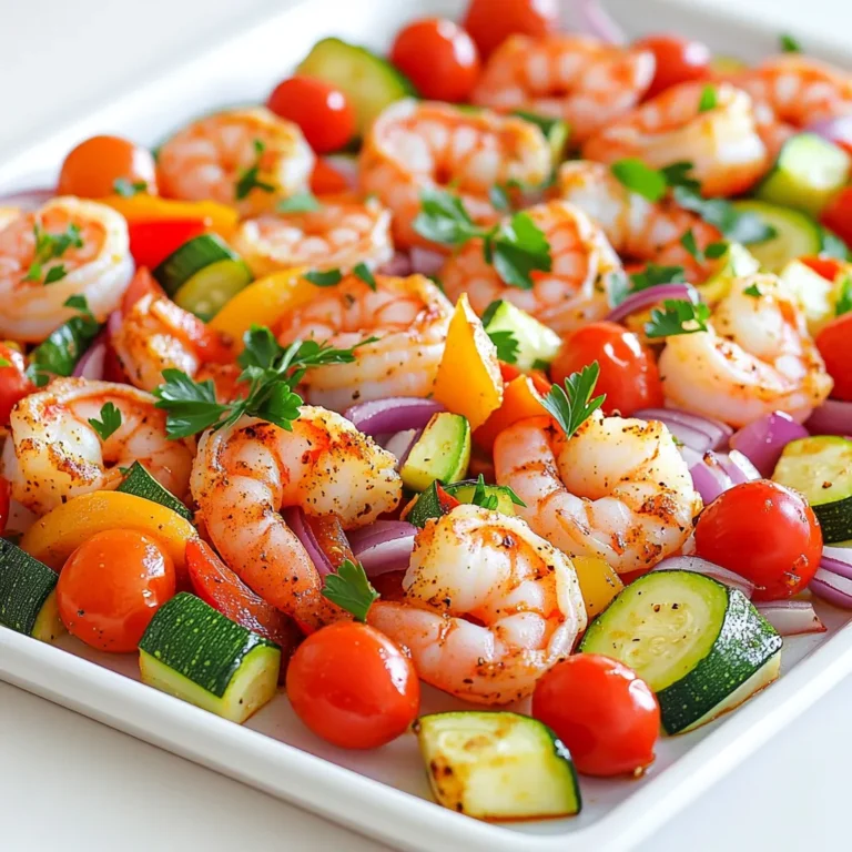 - 1 lb large shrimp, peeled and deveined - 1 bell pepper (any color), sliced into strips - 1 medium zucchini, sliced into half-moons - 1 red onion, cut into wedges - 2 cups cherry tomatoes, halved - 3 tablespoons olive oil - 2 tablespoons Cajun seasoning - 1 teaspoon garlic powder - Salt and freshly cracked black pepper to taste - Fresh parsley, finely chopped (for garnish) Gather these ingredients before you start. Using fresh shrimp makes a big difference in taste. I like to pick a bell pepper that adds color. Zucchini adds a nice texture, while red onions give a sweet flavor. Cherry tomatoes burst with juice when cooked, adding a lovely sweetness. The olive oil helps the seasoning stick. Cajun seasoning gives it that bold kick. Garlic powder adds depth. Don’t forget salt and pepper to enhance the flavors. Finally, fresh parsley brightens up the dish. Have everything ready? You’ll be amazed at how these simple ingredients come together for a tasty meal. Let’s get cooking! Start by preheating your oven to 425°F (220°C). This step is key for crisp veggies and juicy shrimp. A hot oven ensures everything cooks evenly and quickly. Next, grab a large, rimmed sheet pan. Lay out your sliced bell pepper, zucchini, red onion wedges, and halved cherry tomatoes. Make sure to spread them evenly. This colorful mix will add flavor and make your dish look great. In a medium bowl, combine your peeled and deveined shrimp with olive oil, Cajun seasoning, garlic powder, salt, and black pepper. Toss everything together gently. You want the shrimp fully coated in the seasoning. This is where the magic happens! Now, pour the seasoned shrimp over the veggies on the sheet pan. Use a spatula to mix them together. Make sure the shrimp and veggies are well combined. This helps the flavors blend during cooking. Spread all the ingredients in a single layer on the pan. This is important for even cooking. Place the sheet pan in the preheated oven. Bake for about 12-15 minutes. Keep an eye on it! The shrimp should turn pink and the veggies should be tender and slightly caramelized. Once cooked, carefully take the sheet pan out of the oven. Let it cool for a minute. Before serving, sprinkle finely chopped fresh parsley over the top. This adds a bright touch. You can serve directly from the pan for a casual vibe or plate individual servings for a nice touch. Enjoy your flavorful meal with crusty bread or rice! To get the best flavor, use quality Cajun seasoning. You can make your own blend too. Mix paprika, cayenne, garlic powder, onion powder, and herbs. Adjust the spice level to fit your taste. Adding a squeeze of lemon juice before serving brightens the dish. Fresh parsley as a garnish adds color and a fresh taste. Cook shrimp for 12-15 minutes at 425°F (220°C). Watch them closely. You want them pink and firm, not rubbery. The veggies should be tender with slight caramelization. If you like your veggies softer, add them to the pan first. Cook for 5 minutes before adding shrimp. This dish shines served straight from the sheet pan. Pair it with crusty bread to soak up the juices. You can also serve it over rice or quinoa. For a refreshing touch, serve with a simple salad. A light vinaigrette complements the rich flavors well. Enjoy your meal with a glass of crisp white wine or iced tea. {{image_4}} You can switch up the veggies in this dish. Try using: - Asparagus - Broccoli florets - Carrots, sliced thin - Cauliflower, cut into small pieces These veggies add different flavors and textures. Each one pairs well with the shrimp and Cajun spices. Feel free to mix and match based on what you have at home or what’s in season. While Cajun seasoning gives a great kick, you can explore other spice blends. Some tasty options include: - Creole seasoning for a different flavor. - A blend of smoked paprika and cumin for warmth. - Italian herbs for a milder taste. Experimenting with spices can make each meal unique. Just remember to adjust the amount to suit your taste. If you're looking to keep it low-carb, focus on non-starchy veggies. Use: - Spinach - Mushrooms - Bell peppers (they're low in carbs) You can skip the tomatoes or use fewer of them. For a keto twist, add cheese. Crumbled feta or shredded mozzarella melts nicely over the dish. This way, you keep the flavors while staying within your diet goals. To keep your Cajun shrimp and veggie sheet pan fresh, let it cool. Once cool, transfer leftovers to an airtight container. This helps keep the flavors locked in. Make sure to store it in the fridge within two hours of cooking. When you're ready to eat, you can reheat your meal. The oven works best for this. Preheat your oven to 350°F (175°C). Spread the shrimp and veggies on a baking sheet. Heat for about 10-15 minutes or until hot. You can also use a microwave. Just place a portion in a microwave-safe bowl. Cover and heat for 2-3 minutes. Stir halfway to make sure it heats evenly. Your Cajun shrimp and veggie dish lasts well in the fridge. It will stay good for 3-4 days when stored properly. If you want to keep it longer, consider freezing it. In the freezer, it can last for about 2-3 months. Just remember to use a freezer-safe container. Yes, you can use frozen shrimp. Just remember to thaw it first. Place the shrimp in a bowl of cold water for about 15-20 minutes. This way, you keep the shrimp juicy and tender. If you don’t have Cajun seasoning, you can make your own mix. Combine paprika, cayenne pepper, garlic powder, and oregano. This mix gives a similar spicy kick. You can also try chili powder or Creole seasoning as alternatives. Cooked shrimp turn pink and opaque. You can also check the shape. They should curl into a C shape. If the shrimp are tight and form an O shape, they may be overcooked. Absolutely! You can grill the shrimp and veggies. Just toss them on skewers or use a grill basket. Grill them for about 5-7 minutes, turning often, until the shrimp are cooked and veggies are tender. Enjoy that smoky flavor! You learned how to make a tasty shrimp dish in our guide. We went over the key ingredients, step-by-step instructions, and helpful tips. You can mix it up with different veggies and spices. Keep leftovers stored well for future meals. Remember, cooking should be fun and easy. Now, get ready to impress your friends with this delicious meal!
