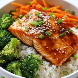 For these tasty bowls, you need a few key items: - 2 fresh salmon fillets - 1 cup jasmine rice - 1 cup water - 1/4 cup low-sodium soy sauce - 2 tablespoons honey - 1 tablespoon rice vinegar - 1 teaspoon freshly minced ginger - 1 clove garlic, finely minced - 1 tablespoon sesame oil These ingredients create the heart of the dish. Fresh salmon gives a rich flavor. Jasmine rice adds a sweet touch. The sauce mixes savory and sweet for perfect bites. Don’t forget your veggies for color and crunch: - 1 cup broccoli florets - 1 medium carrot, julienned - 2 green onions, finely sliced - Sesame seeds for garnish Broccoli and carrots bring nutrition and color to your dish. Green onions add a fresh taste. Sesame seeds give a nice crunch on top. The right seasonings enhance all the flavors: - Low-sodium soy sauce - Honey - Rice vinegar - Freshly minced ginger - Minced garlic - Sesame oil - Salt and pepper These seasonings balance the dish. The soy sauce adds umami. Ginger and garlic bring warmth. Honey adds sweetness, while sesame oil gives a nutty flavor. Salt and pepper help round out the taste. {{ingredient_image_2}} Start by rinsing 1 cup of jasmine rice under cold water. Rinse until the water runs clear. This step helps the rice become fluffy. In a medium saucepan, add the rinsed rice and 1 cup of water. Bring it to a boil over high heat. Once boiling, reduce the heat to low. Cover the pan and let it simmer for about 15 minutes. The rice will be tender when all the water is absorbed. While the rice cooks, prepare the teriyaki sauce. In a small saucepan, combine 1/4 cup of low-sodium soy sauce, 2 tablespoons of honey, 1 tablespoon of rice vinegar, 1 teaspoon of minced ginger, and 1 clove of minced garlic. Heat this mixture over medium heat. Stir continuously for 2-3 minutes. The sauce will heat through and thicken slightly. Remove it from the heat and set aside. Next, cook the salmon. In a skillet, heat 1 tablespoon of sesame oil over medium-high heat. Season 2 fresh salmon fillets with salt and pepper. When the oil is hot, place the salmon skin-side down into the skillet. Cook for 4-5 minutes until the skin is crispy and golden brown. Gently flip the salmon. Brush the teriyaki sauce over the top. Cook for another 3-4 minutes until the salmon is fully cooked and flakes easily. Using the same skillet, add 1 cup of broccoli florets and 1 medium julienned carrot. Sauté these for 2-3 minutes. Stir frequently until they are bright and tender-crisp. For added flavor, drizzle a little of the teriyaki sauce over the vegetables while they cook. To assemble the bowls, divide the cooked jasmine rice into two serving bowls. Place a salmon fillet on top of each bowl. Add the sautéed vegetables beside the salmon. Drizzle any remaining teriyaki sauce for extra flavor. Garnish with sliced green onions and a sprinkle of sesame seeds for a nice crunch. To make fluffy jasmine rice, rinsing is key. Rinse the rice under cold water. Keep rinsing until the water runs clear. This step helps remove extra starch. It prevents the rice from being sticky. After rinsing, combine the rice with water in a saucepan. Bring it to a boil on high heat. Then, lower the heat to a simmer. Cover the pan and let it cook for about 15 minutes. Check to see if the water is absorbed. The rice should be tender and fluffy. To know when salmon is fully cooked, check the color. The outer flesh should turn from bright pink to a lighter shade. It should also flake easily with a fork. If you have a meat thermometer, aim for an internal temperature of 145°F. If you don’t have one, look for a slight white substance. This is albumin, which appears when the fish is done. Cook the salmon skin-side down first to get that crispy texture. Want to adjust the teriyaki sauce to your taste? Start by changing the sweetness. Add more honey for a sweeter sauce. If you like it saltier, increase the soy sauce. A splash of rice vinegar can add a nice tang. You can also add a bit of sesame oil for a richer flavor. For a spicy kick, mix in some red pepper flakes. Always taste as you go to find the flavor you love. Pro Tips Rinse the Rice: Always rinse your jasmine rice under cold water before cooking to remove excess starch. This will result in fluffier rice and prevent it from becoming sticky. Perfectly Cooked Salmon: For the best texture, cook the salmon skin-side down until crispy before flipping. This ensures the flesh stays moist while developing a crispy exterior. Boost the Flavor: Drizzle a bit of the reserved teriyaki sauce over the sautéed vegetables while cooking for an extra layer of flavor, enhancing the overall dish. Presentation Matters: Serve your bowls with a side of extra teriyaki sauce and a slice of lime. This not only adds visual appeal but also allows guests to customize their flavor experience. {{image_4}} You can change a few ingredients to suit your taste. If you don’t have salmon, use chicken or shrimp. Both work great with teriyaki sauce. For rice, jasmine is best, but you can use brown rice or quinoa for a healthier twist. You can also swap out vegetables. Try bell peppers, snap peas, or zucchini instead of broccoli and carrots. It all depends on what you like! If you want a vegan or vegetarian meal, tofu or tempeh is a good choice. Both can soak up the teriyaki sauce well. Cut the tofu into cubes and press it to remove excess water. Then, cook it like the salmon, adding the sauce for flavor. Tempeh has a nutty taste and is a great protein source. You can steam it before adding to your bowl for a tender texture. You can easily change the taste by adjusting the sauce. Add some red pepper flakes for heat or a splash of orange juice for a citrus twist. If you love garlic, double the amount for more flavor. You can also use different sauces. Try teriyaki with a bit of miso for a savory depth. Experimenting can lead you to your perfect bowl! To store your Teriyaki Salmon Rice Bowls, put them in airtight containers. This keeps the flavors fresh. Let the food cool down first. Then, cover tightly and place it in the fridge. You can safely store leftovers for 2-3 days. When ready to eat, reheat in the microwave or on the stove. Add a splash of water to keep the rice moist. Heat until warm, but don’t overcook. Freezing is an option for your Teriyaki Salmon Rice Bowls. First, cool the dish completely. Then, place portions in freezer-safe containers. Seal well to avoid freezer burn. You can freeze them for up to a month. To defrost, move the bowl to the fridge overnight. For quick defrosting, use the microwave's defrost setting. Once thawed, reheat as mentioned above. Each component of the dish has a different shelf life. Cooked salmon lasts 3-4 days in the fridge. Jasmine rice can stay fresh for about a week. The teriyaki sauce lasts around 1 week if stored well. For frozen items, the taste and texture remain good for 1 month. Keeping track of these times helps you enjoy your meal at its best. To make teriyaki sauce, you need a few simple ingredients: - 1/4 cup low-sodium soy sauce - 2 tablespoons honey - 1 tablespoon rice vinegar - 1 teaspoon minced ginger - 1 clove minced garlic 1. Combine all ingredients in a small saucepan. 2. Heat over medium until warm. 3. Stir for 2-3 minutes until it thickens slightly. This sauce adds a sweet and savory flavor to your salmon. You can serve many tasty sides with your rice bowls: - Steamed edamame - Seaweed salad - Pickled vegetables - Miso soup These sides add color and texture. They also enhance the meal's flavor. Yes, you can! Here are some rice options: - Brown rice - Quinoa - Cauliflower rice Each type has its own cooking method. For brown rice, cook it longer for 40-45 minutes. Quinoa cooks in about 15 minutes. Cauliflower rice needs just a few minutes in a pan. Teriyaki salmon is not spicy at all. It has a sweet and savory taste. If you want it spicier, add red pepper flakes. You can also drizzle some chili oil on top for a kick. Adjust the heat to suit your taste! You can make delicious Teriyaki Salmon Rice Bowls at home. We covered all the main ingredients like fresh salmon, jasmine rice, and tasty veggies. You learned how to cook the rice, prepare the teriyaki sauce, and sauté the vegetables. I shared tips for perfect rice and salmon. Remember, you can mix up ingredients for your taste. Storing leftovers properly will keep your meals fresh. Cooking can be fun and rewarding. Try new things and enjoy every bite!