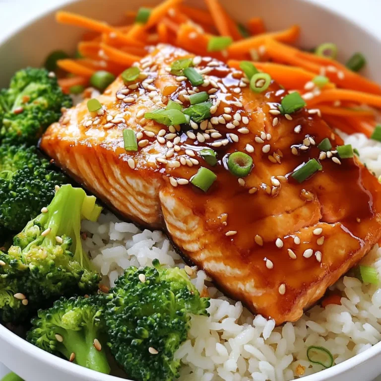 For these tasty bowls, you need a few key items: - 2 fresh salmon fillets - 1 cup jasmine rice - 1 cup water - 1/4 cup low-sodium soy sauce - 2 tablespoons honey - 1 tablespoon rice vinegar - 1 teaspoon freshly minced ginger - 1 clove garlic, finely minced - 1 tablespoon sesame oil These ingredients create the heart of the dish. Fresh salmon gives a rich flavor. Jasmine rice adds a sweet touch. The sauce mixes savory and sweet for perfect bites. Don’t forget your veggies for color and crunch: - 1 cup broccoli florets - 1 medium carrot, julienned - 2 green onions, finely sliced - Sesame seeds for garnish Broccoli and carrots bring nutrition and color to your dish. Green onions add a fresh taste. Sesame seeds give a nice crunch on top. The right seasonings enhance all the flavors: - Low-sodium soy sauce - Honey - Rice vinegar - Freshly minced ginger - Minced garlic - Sesame oil - Salt and pepper These seasonings balance the dish. The soy sauce adds umami. Ginger and garlic bring warmth. Honey adds sweetness, while sesame oil gives a nutty flavor. Salt and pepper help round out the taste. {{ingredient_image_2}} Start by rinsing 1 cup of jasmine rice under cold water. Rinse until the water runs clear. This step helps the rice become fluffy. In a medium saucepan, add the rinsed rice and 1 cup of water. Bring it to a boil over high heat. Once boiling, reduce the heat to low. Cover the pan and let it simmer for about 15 minutes. The rice will be tender when all the water is absorbed. While the rice cooks, prepare the teriyaki sauce. In a small saucepan, combine 1/4 cup of low-sodium soy sauce, 2 tablespoons of honey, 1 tablespoon of rice vinegar, 1 teaspoon of minced ginger, and 1 clove of minced garlic. Heat this mixture over medium heat. Stir continuously for 2-3 minutes. The sauce will heat through and thicken slightly. Remove it from the heat and set aside. Next, cook the salmon. In a skillet, heat 1 tablespoon of sesame oil over medium-high heat. Season 2 fresh salmon fillets with salt and pepper. When the oil is hot, place the salmon skin-side down into the skillet. Cook for 4-5 minutes until the skin is crispy and golden brown. Gently flip the salmon. Brush the teriyaki sauce over the top. Cook for another 3-4 minutes until the salmon is fully cooked and flakes easily. Using the same skillet, add 1 cup of broccoli florets and 1 medium julienned carrot. Sauté these for 2-3 minutes. Stir frequently until they are bright and tender-crisp. For added flavor, drizzle a little of the teriyaki sauce over the vegetables while they cook. To assemble the bowls, divide the cooked jasmine rice into two serving bowls. Place a salmon fillet on top of each bowl. Add the sautéed vegetables beside the salmon. Drizzle any remaining teriyaki sauce for extra flavor. Garnish with sliced green onions and a sprinkle of sesame seeds for a nice crunch. To make fluffy jasmine rice, rinsing is key. Rinse the rice under cold water. Keep rinsing until the water runs clear. This step helps remove extra starch. It prevents the rice from being sticky. After rinsing, combine the rice with water in a saucepan. Bring it to a boil on high heat. Then, lower the heat to a simmer. Cover the pan and let it cook for about 15 minutes. Check to see if the water is absorbed. The rice should be tender and fluffy. To know when salmon is fully cooked, check the color. The outer flesh should turn from bright pink to a lighter shade. It should also flake easily with a fork. If you have a meat thermometer, aim for an internal temperature of 145°F. If you don’t have one, look for a slight white substance. This is albumin, which appears when the fish is done. Cook the salmon skin-side down first to get that crispy texture. Want to adjust the teriyaki sauce to your taste? Start by changing the sweetness. Add more honey for a sweeter sauce. If you like it saltier, increase the soy sauce. A splash of rice vinegar can add a nice tang. You can also add a bit of sesame oil for a richer flavor. For a spicy kick, mix in some red pepper flakes. Always taste as you go to find the flavor you love. Pro Tips Rinse the Rice: Always rinse your jasmine rice under cold water before cooking to remove excess starch. This will result in fluffier rice and prevent it from becoming sticky. Perfectly Cooked Salmon: For the best texture, cook the salmon skin-side down until crispy before flipping. This ensures the flesh stays moist while developing a crispy exterior. Boost the Flavor: Drizzle a bit of the reserved teriyaki sauce over the sautéed vegetables while cooking for an extra layer of flavor, enhancing the overall dish. Presentation Matters: Serve your bowls with a side of extra teriyaki sauce and a slice of lime. This not only adds visual appeal but also allows guests to customize their flavor experience. {{image_4}} You can change a few ingredients to suit your taste. If you don’t have salmon, use chicken or shrimp. Both work great with teriyaki sauce. For rice, jasmine is best, but you can use brown rice or quinoa for a healthier twist. You can also swap out vegetables. Try bell peppers, snap peas, or zucchini instead of broccoli and carrots. It all depends on what you like! If you want a vegan or vegetarian meal, tofu or tempeh is a good choice. Both can soak up the teriyaki sauce well. Cut the tofu into cubes and press it to remove excess water. Then, cook it like the salmon, adding the sauce for flavor. Tempeh has a nutty taste and is a great protein source. You can steam it before adding to your bowl for a tender texture. You can easily change the taste by adjusting the sauce. Add some red pepper flakes for heat or a splash of orange juice for a citrus twist. If you love garlic, double the amount for more flavor. You can also use different sauces. Try teriyaki with a bit of miso for a savory depth. Experimenting can lead you to your perfect bowl! To store your Teriyaki Salmon Rice Bowls, put them in airtight containers. This keeps the flavors fresh. Let the food cool down first. Then, cover tightly and place it in the fridge. You can safely store leftovers for 2-3 days. When ready to eat, reheat in the microwave or on the stove. Add a splash of water to keep the rice moist. Heat until warm, but don’t overcook. Freezing is an option for your Teriyaki Salmon Rice Bowls. First, cool the dish completely. Then, place portions in freezer-safe containers. Seal well to avoid freezer burn. You can freeze them for up to a month. To defrost, move the bowl to the fridge overnight. For quick defrosting, use the microwave's defrost setting. Once thawed, reheat as mentioned above. Each component of the dish has a different shelf life. Cooked salmon lasts 3-4 days in the fridge. Jasmine rice can stay fresh for about a week. The teriyaki sauce lasts around 1 week if stored well. For frozen items, the taste and texture remain good for 1 month. Keeping track of these times helps you enjoy your meal at its best. To make teriyaki sauce, you need a few simple ingredients: - 1/4 cup low-sodium soy sauce - 2 tablespoons honey - 1 tablespoon rice vinegar - 1 teaspoon minced ginger - 1 clove minced garlic 1. Combine all ingredients in a small saucepan. 2. Heat over medium until warm. 3. Stir for 2-3 minutes until it thickens slightly. This sauce adds a sweet and savory flavor to your salmon. You can serve many tasty sides with your rice bowls: - Steamed edamame - Seaweed salad - Pickled vegetables - Miso soup These sides add color and texture. They also enhance the meal's flavor. Yes, you can! Here are some rice options: - Brown rice - Quinoa - Cauliflower rice Each type has its own cooking method. For brown rice, cook it longer for 40-45 minutes. Quinoa cooks in about 15 minutes. Cauliflower rice needs just a few minutes in a pan. Teriyaki salmon is not spicy at all. It has a sweet and savory taste. If you want it spicier, add red pepper flakes. You can also drizzle some chili oil on top for a kick. Adjust the heat to suit your taste! You can make delicious Teriyaki Salmon Rice Bowls at home. We covered all the main ingredients like fresh salmon, jasmine rice, and tasty veggies. You learned how to cook the rice, prepare the teriyaki sauce, and sauté the vegetables. I shared tips for perfect rice and salmon. Remember, you can mix up ingredients for your taste. Storing leftovers properly will keep your meals fresh. Cooking can be fun and rewarding. Try new things and enjoy every bite!