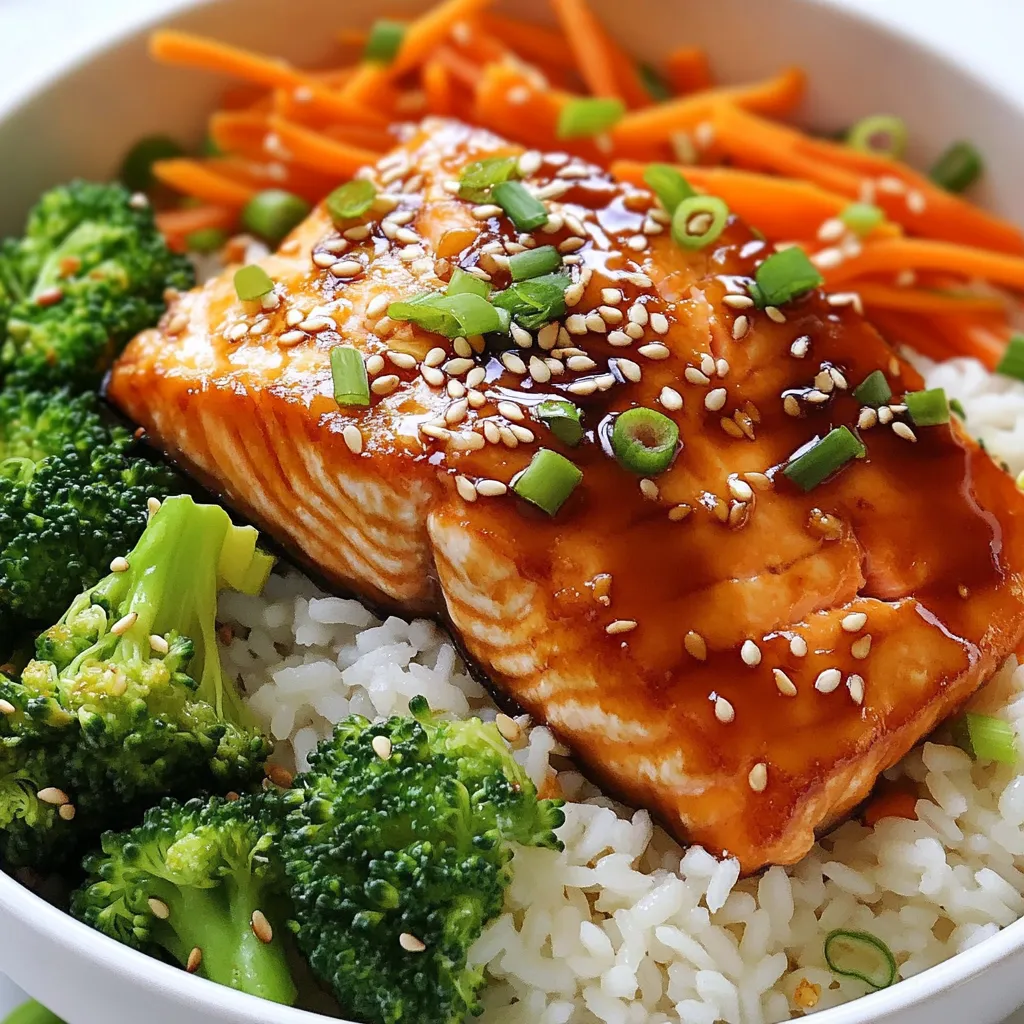 For these tasty bowls, you need a few key items: - 2 fresh salmon fillets - 1 cup jasmine rice - 1 cup water - 1/4 cup low-sodium soy sauce - 2 tablespoons honey - 1 tablespoon rice vinegar - 1 teaspoon freshly minced ginger - 1 clove garlic, finely minced - 1 tablespoon sesame oil These ingredients create the heart of the dish. Fresh salmon gives a rich flavor. Jasmine rice adds a sweet touch. The sauce mixes savory and sweet for perfect bites. Don’t forget your veggies for color and crunch: - 1 cup broccoli florets - 1 medium carrot, julienned - 2 green onions, finely sliced - Sesame seeds for garnish Broccoli and carrots bring nutrition and color to your dish. Green onions add a fresh taste. Sesame seeds give a nice crunch on top. The right seasonings enhance all the flavors: - Low-sodium soy sauce - Honey - Rice vinegar - Freshly minced ginger - Minced garlic - Sesame oil - Salt and pepper These seasonings balance the dish. The soy sauce adds umami. Ginger and garlic bring warmth. Honey adds sweetness, while sesame oil gives a nutty flavor. Salt and pepper help round out the taste. {{ingredient_image_2}} Start by rinsing 1 cup of jasmine rice under cold water. Rinse until the water runs clear. This step helps the rice become fluffy. In a medium saucepan, add the rinsed rice and 1 cup of water. Bring it to a boil over high heat. Once boiling, reduce the heat to low. Cover the pan and let it simmer for about 15 minutes. The rice will be tender when all the water is absorbed. While the rice cooks, prepare the teriyaki sauce. In a small saucepan, combine 1/4 cup of low-sodium soy sauce, 2 tablespoons of honey, 1 tablespoon of rice vinegar, 1 teaspoon of minced ginger, and 1 clove of minced garlic. Heat this mixture over medium heat. Stir continuously for 2-3 minutes. The sauce will heat through and thicken slightly. Remove it from the heat and set aside. Next, cook the salmon. In a skillet, heat 1 tablespoon of sesame oil over medium-high heat. Season 2 fresh salmon fillets with salt and pepper. When the oil is hot, place the salmon skin-side down into the skillet. Cook for 4-5 minutes until the skin is crispy and golden brown. Gently flip the salmon. Brush the teriyaki sauce over the top. Cook for another 3-4 minutes until the salmon is fully cooked and flakes easily. Using the same skillet, add 1 cup of broccoli florets and 1 medium julienned carrot. Sauté these for 2-3 minutes. Stir frequently until they are bright and tender-crisp. For added flavor, drizzle a little of the teriyaki sauce over the vegetables while they cook. To assemble the bowls, divide the cooked jasmine rice into two serving bowls. Place a salmon fillet on top of each bowl. Add the sautéed vegetables beside the salmon. Drizzle any remaining teriyaki sauce for extra flavor. Garnish with sliced green onions and a sprinkle of sesame seeds for a nice crunch. To make fluffy jasmine rice, rinsing is key. Rinse the rice under cold water. Keep rinsing until the water runs clear. This step helps remove extra starch. It prevents the rice from being sticky. After rinsing, combine the rice with water in a saucepan. Bring it to a boil on high heat. Then, lower the heat to a simmer. Cover the pan and let it cook for about 15 minutes. Check to see if the water is absorbed. The rice should be tender and fluffy. To know when salmon is fully cooked, check the color. The outer flesh should turn from bright pink to a lighter shade. It should also flake easily with a fork. If you have a meat thermometer, aim for an internal temperature of 145°F. If you don’t have one, look for a slight white substance. This is albumin, which appears when the fish is done. Cook the salmon skin-side down first to get that crispy texture. Want to adjust the teriyaki sauce to your taste? Start by changing the sweetness. Add more honey for a sweeter sauce. If you like it saltier, increase the soy sauce. A splash of rice vinegar can add a nice tang. You can also add a bit of sesame oil for a richer flavor. For a spicy kick, mix in some red pepper flakes. Always taste as you go to find the flavor you love. Pro Tips Rinse the Rice: Always rinse your jasmine rice under cold water before cooking to remove excess starch. This will result in fluffier rice and prevent it from becoming sticky. Perfectly Cooked Salmon: For the best texture, cook the salmon skin-side down until crispy before flipping. This ensures the flesh stays moist while developing a crispy exterior. Boost the Flavor: Drizzle a bit of the reserved teriyaki sauce over the sautéed vegetables while cooking for an extra layer of flavor, enhancing the overall dish. Presentation Matters: Serve your bowls with a side of extra teriyaki sauce and a slice of lime. This not only adds visual appeal but also allows guests to customize their flavor experience. {{image_4}} You can change a few ingredients to suit your taste. If you don’t have salmon, use chicken or shrimp. Both work great with teriyaki sauce. For rice, jasmine is best, but you can use brown rice or quinoa for a healthier twist. You can also swap out vegetables. Try bell peppers, snap peas, or zucchini instead of broccoli and carrots. It all depends on what you like! If you want a vegan or vegetarian meal, tofu or tempeh is a good choice. Both can soak up the teriyaki sauce well. Cut the tofu into cubes and press it to remove excess water. Then, cook it like the salmon, adding the sauce for flavor. Tempeh has a nutty taste and is a great protein source. You can steam it before adding to your bowl for a tender texture. You can easily change the taste by adjusting the sauce. Add some red pepper flakes for heat or a splash of orange juice for a citrus twist. If you love garlic, double the amount for more flavor. You can also use different sauces. Try teriyaki with a bit of miso for a savory depth. Experimenting can lead you to your perfect bowl! To store your Teriyaki Salmon Rice Bowls, put them in airtight containers. This keeps the flavors fresh. Let the food cool down first. Then, cover tightly and place it in the fridge. You can safely store leftovers for 2-3 days. When ready to eat, reheat in the microwave or on the stove. Add a splash of water to keep the rice moist. Heat until warm, but don’t overcook. Freezing is an option for your Teriyaki Salmon Rice Bowls. First, cool the dish completely. Then, place portions in freezer-safe containers. Seal well to avoid freezer burn. You can freeze them for up to a month. To defrost, move the bowl to the fridge overnight. For quick defrosting, use the microwave's defrost setting. Once thawed, reheat as mentioned above. Each component of the dish has a different shelf life. Cooked salmon lasts 3-4 days in the fridge. Jasmine rice can stay fresh for about a week. The teriyaki sauce lasts around 1 week if stored well. For frozen items, the taste and texture remain good for 1 month. Keeping track of these times helps you enjoy your meal at its best. To make teriyaki sauce, you need a few simple ingredients: - 1/4 cup low-sodium soy sauce - 2 tablespoons honey - 1 tablespoon rice vinegar - 1 teaspoon minced ginger - 1 clove minced garlic 1. Combine all ingredients in a small saucepan. 2. Heat over medium until warm. 3. Stir for 2-3 minutes until it thickens slightly. This sauce adds a sweet and savory flavor to your salmon. You can serve many tasty sides with your rice bowls: - Steamed edamame - Seaweed salad - Pickled vegetables - Miso soup These sides add color and texture. They also enhance the meal's flavor. Yes, you can! Here are some rice options: - Brown rice - Quinoa - Cauliflower rice Each type has its own cooking method. For brown rice, cook it longer for 40-45 minutes. Quinoa cooks in about 15 minutes. Cauliflower rice needs just a few minutes in a pan. Teriyaki salmon is not spicy at all. It has a sweet and savory taste. If you want it spicier, add red pepper flakes. You can also drizzle some chili oil on top for a kick. Adjust the heat to suit your taste! You can make delicious Teriyaki Salmon Rice Bowls at home. We covered all the main ingredients like fresh salmon, jasmine rice, and tasty veggies. You learned how to cook the rice, prepare the teriyaki sauce, and sauté the vegetables. I shared tips for perfect rice and salmon. Remember, you can mix up ingredients for your taste. Storing leftovers properly will keep your meals fresh. Cooking can be fun and rewarding. Try new things and enjoy every bite!