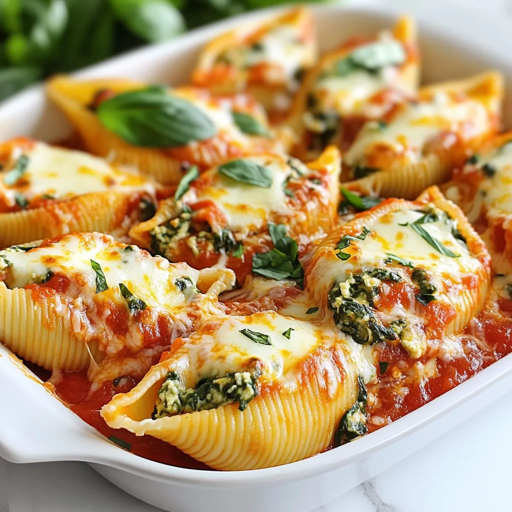 When making spinach ricotta stuffed shells, you need a few key ingredients. These will help you create a delicious and cheesy dish. Here’s the list: - 20 jumbo pasta shells - 1 cup fresh ricotta cheese - 2 cups fresh spinach, finely chopped - 1 cup shredded mozzarella cheese, divided - 1/2 cup finely grated Parmesan cheese - 1 large egg - 1 teaspoon garlic powder - 1 teaspoon onion powder - 1 teaspoon Italian seasoning - Salt and freshly ground black pepper to taste - 2 cups marinara sauce - Fresh basil leaves, for garnish Each ingredient plays a vital role. The jumbo pasta shells hold the tasty filling. Ricotta cheese gives a creamy texture. Spinach adds color and nutrition. Mozzarella melts beautifully on top. Parmesan cheese adds depth of flavor. The egg helps bind the filling. Garlic and onion powders bring extra taste. Italian seasoning gives it a nice herbal note. Salt and pepper enhance everything. Finally, marinara sauce keeps the shells moist while baking. Fresh basil makes a lovely garnish. Now that you know the ingredients, you can gather everything you need. This dish is simple yet full of flavor. Happy cooking! {{ingredient_image_2}} - Preheat the oven to 375°F (190°C). - Cook jumbo pasta shells until they are al dente. Start by preheating your oven. This step is key to making sure your dish cooks evenly. While the oven heats, cook the pasta shells. Follow the package instructions carefully. You want them soft but still firm enough to hold the filling. Once cooked, drain the shells and let them cool a bit. This will make them easier to handle later. - Mix ricotta, spinach, mozzarella, Parmesan, egg, and spices. - Ensure consistency is creamy and well blended. In a large mixing bowl, combine the ricotta cheese and finely chopped spinach. Add half of the mozzarella cheese, the grated Parmesan cheese, and the egg. Then, sprinkle in garlic powder, onion powder, Italian seasoning, and a pinch of salt and pepper. Mix everything well. The goal is to create a creamy filling that is smooth and well combined. This mixture will give your shells a rich flavor. - Fill each shell with the mixture. - Arrange shells in a baking dish and cover with marinara sauce. - Top with remaining mozzarella cheese and bake. Now comes the fun part: filling the shells! Use a spoon or small scoop to fill each shell generously with the mixture. Place the stuffed shells seam-side up in a greased 9x13-inch baking dish. Make sure they fit snugly but aren’t overcrowded. Once they are all filled, pour marinara sauce over the shells. Cover them completely to keep them moist while baking. Lastly, sprinkle the remaining mozzarella cheese on top for that cheesy goodness. Cover the baking dish with aluminum foil. Place it in the preheated oven and bake for 20 minutes. After that, remove the foil and bake for another 10 minutes. You want the cheese to be melted and bubbly, with a golden hue. Once done, let the dish cool for about 5 minutes. This helps with serving. Enjoy your delicious spinach ricotta stuffed shells! - How to achieve the perfect al dente pasta Cook the jumbo shells just until firm. Follow the package instructions carefully. Test one shell to ensure it has a slight bite. This makes filling easier and helps keep the shape. - Ensuring even filling distribution in shells Use a small scoop or a spoon. Fill each shell generously, but do not overstuff. This way, every shell gets a taste of the creamy filling, and they bake evenly. - Presentation tips for serving the dish Place the stuffed shells on a large, flat platter. Drizzle extra marinara sauce around the edge for color. Top with fresh basil leaves for a nice touch. This makes your dish look inviting and fresh. - Wine pairings that complement spinach ricotta stuffed shells Pair these shells with a light white wine, like Pinot Grigio. It balances the richness of the cheese. A soft red, like Chianti, also works well, enhancing the flavors of the marinara. - Tips for preparing in advance You can prepare the filling and stuff the shells a day before. Store them in the fridge, covered with plastic wrap. Just add the sauce and cheese before baking. - Reheating instructions for leftovers To reheat, cover the dish with foil. Bake at 350°F (175°C) for about 20 minutes. Check if heated through before serving. This keeps the shells moist and tasty. Pro Tips Tip Title: Use Fresh Spinach: Fresh spinach not only provides a vibrant color but also enhances the flavor of the filling. Avoid using frozen spinach, as it may contain excess moisture. Tip Title: Bake Covered: Covering the dish with foil during the first part of baking helps to steam the shells, keeping them moist and preventing them from drying out. Tip Title: Cheese Variations: Feel free to experiment with different types of cheese! Adding a blend of cheeses such as Gouda or Fontina can elevate the flavor profile. Tip Title: Let it Rest: Allowing the dish to cool for a few minutes after baking helps the filling set, making it easier to serve without spilling. {{image_4}} To make spinach ricotta stuffed shells gluten-free, choose gluten-free pasta shells. Many brands offer great options that taste just as good. You can find them in most stores. Cook these shells as you would regular pasta. Follow the package instructions for the best results. For a vegetarian twist, keep the recipe as is. It’s already meat-free and packed with flavor. You can also use egg substitutes if needed. Just ensure they help bind the filling well. You can easily switch up the flavor of your stuffed shells. Adding fresh herbs like basil or parsley can make a big difference. You can also try using dried herbs like oregano or thyme. These can add a nice touch to your dish. Incorporating other vegetables into the filling is another great idea. You can mix in finely chopped mushrooms, zucchini, or bell peppers. These veggies add extra nutrients and color. Just make sure to sauté them first to get rid of excess moisture. To keep your spinach ricotta stuffed shells fresh, refrigerate them in an airtight container. Make sure they cool down before sealing. They will stay good in the fridge for about 3 to 5 days. If you want to enjoy them later, freezing is a great option. To freeze your stuffed shells, let them cool completely first. Then, place them in a single layer in a freezer-safe dish. You can also wrap them tightly in plastic wrap, then foil. This keeps them from freezer burn. They can stay frozen for up to 3 months. When you’re ready to eat, thaw them in the fridge overnight. To reheat, place them in a baking dish with a bit of marinara sauce on top. Cover with foil and bake at 375°F (190°C) for about 25 minutes. Remove the foil for the last 10 minutes to get that lovely cheese bubbly and golden. Enjoy your meal! To prevent the shells from breaking, cook them until they are just al dente. This means they should still have a slight bite. When draining, be gentle. Use a large pot and enough water to avoid crowding. You can also add a little oil to the water. This helps keep the shells from sticking together. Yes, you can use store-bought marinara sauce! It saves time and still tastes great. Look for a brand with simple ingredients. If you want, you can add extra spices or herbs to enhance the flavor. Homemade sauce is also an option if you have time. If you need a substitute for ricotta cheese, try cottage cheese. It has a similar texture but is a bit runnier. You can blend it to make it creamier. Cream cheese is another choice, though it will make the filling richer. Silken tofu is great for a dairy-free option. You can make this dish ahead in a few easy steps. Prepare the stuffed shells and place them in the baking dish. Cover with marinara sauce and cheese. Instead of baking, wrap the dish tightly in foil. You can store it in the fridge for up to 24 hours. When ready, bake it straight from the fridge, adding a few extra minutes to the time. This blog post covered how to make delicious spinach ricotta stuffed shells. You learned about key ingredients, easy steps to prepare the dish, and helpful tips for success. Don't forget to explore variations to suit your needs. Preparing ahead and storing properly ensures your meal remains tasty. With these insights, you can impress everyone with your cooking skills. Enjoy your stuffed shells and have fun experimenting with flavors!