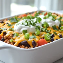 To make a tasty Weight Watchers taco casserole, gather these main ingredients: - 1 lb lean ground turkey or chicken - 1 can (15 oz) black beans, drained and rinsed - 1 can (15 oz) diced tomatoes with green chilies - 1 cup frozen corn - 1 packet taco seasoning (low-sodium) - 1 small onion, finely chopped - 2 cloves garlic, minced - 1 cup reduced-fat shredded cheddar cheese - 1 cup fat-free Greek yogurt (for serving) - 2 green onions, thinly sliced (for garnish) - Fresh cilantro, finely chopped (for garnish) - Salt and pepper to taste These ingredients work together to create a filling meal. The lean meat brings protein, while beans add fiber. The tomatoes and corn give it a vibrant taste. Garnishes can elevate your meal. Consider these options: - Sliced jalapeños for heat - Avocado slices for creaminess - Lime wedges for a zesty touch - Extra cilantro for freshness These toppings let you personalize each serving. You can mix and match to suit your taste. You can substitute some ingredients for a healthier dish. Try these swaps: - Ground turkey or chicken can be replaced with lean beef or plant-based meat. - Use fresh tomatoes instead of canned for less sodium. - Swap frozen corn with fresh corn when in season. - For a dairy-free option, use cashew cream instead of Greek yogurt. These changes can boost flavor and nutrition. Making small swaps helps keep the dish light and enjoyable for everyone. {{ingredient_image_2}} First, gather all your ingredients. You need: - 1 lb lean ground turkey or chicken - 1 can (15 oz) black beans, drained and rinsed - 1 can (15 oz) diced tomatoes with green chilies - 1 cup frozen corn - 1 packet taco seasoning (low-sodium) - 1 small onion, finely chopped - 2 cloves garlic, minced - 1 cup reduced-fat shredded cheddar cheese - 1 cup fat-free Greek yogurt (for serving) - 2 green onions, thinly sliced (for garnish) - Fresh cilantro, finely chopped (for garnish) - Salt and pepper to taste Make sure to rinse the black beans and chop the onion and garlic. This step makes cooking easier and faster. Start by preheating your oven to 350°F (175°C). In a large skillet, lightly spray with non-stick cooking spray. Heat the skillet over medium heat. Once hot, add the chopped onion and minced garlic. Sauté them until the onion turns clear, about 3-4 minutes. Next, add the lean ground turkey or chicken. Break it into small pieces as it cooks. Cook until the meat is browned and no longer pink, around 6-8 minutes. If there's extra fat, drain it carefully. Now, stir in the rinsed black beans, diced tomatoes with green chilies, frozen corn, and taco seasoning. Mix it well and let it simmer for about 5 minutes. Season with salt and pepper to your taste. Grab a 9x13 inch baking dish. Spread the meat and bean mixture evenly across the bottom. Make sure it’s level. Then, sprinkle the reduced-fat cheddar cheese on top, covering the mixture completely. Now, place the dish in your preheated oven. Bake for 20-25 minutes. You want the cheese to melt and bubble. When it’s done, take it out and let it cool for about 5 minutes. When serving, add a dollop of fat-free Greek yogurt, sprinkle sliced green onions, and top with chopped cilantro. This adds a fresh touch to your flavorful meal. If you want a quicker meal, adjust the cooking time. You can sauté the turkey or chicken more quickly. Cook it until browned, about 5-6 minutes. If you use a larger baking dish, check the casserole early. It may cook faster than the full 25 minutes. Always check for bubbly cheese to know it's done. This casserole is great on its own, but you can add more. Serve with a side salad for some crunch. You can also offer lime wedges for a zesty kick. For more flavor, try adding sliced jalapeños. You can even serve it with tortilla chips for some fun texture. To reheat leftovers, use your oven or microwave. If you use the oven, set it to 350°F (175°C). Place the casserole in a dish, cover it with foil, and heat for about 15-20 minutes. If using the microwave, warm it in short bursts. Check every minute to avoid overcooking. Enjoy your tasty leftovers! Pro Tips Choose Lean Meat: Opt for lean ground turkey or chicken to keep the casserole flavorful yet healthy, reducing unnecessary fats. Layering is Key: Ensure even layers of meat and cheese for a consistent flavor and texture throughout the casserole. Spice It Up: Customize the level of heat by adding diced jalapeños or using spicy taco seasoning to suit your taste. Garnish for Freshness: Fresh herbs like cilantro and green onions not only enhance presentation but also add a burst of flavor to each serving. {{image_4}} You can easily make a vegetarian version of this taco casserole. Start by swapping out the meat. Use one can of black beans and one can of kidney beans instead. You can also add more veggies, like bell peppers or zucchini. This adds color and nutrients. For a hearty texture, you might include cooked lentils. The flavors from the taco seasoning will still shine through, making it tasty and filling. To boost the flavor of your taco casserole, consider some simple swaps. Use fire-roasted diced tomatoes instead of regular ones. This adds a nice smoky flavor. Try different beans, like pinto or chickpeas, for variety. You can also change the cheese. Use pepper jack cheese for a creamy, spicy kick. Fresh herbs, like oregano or thyme, can add freshness to the dish. Each swap can make your meal unique and exciting. If you love heat, there are easy ways to spice up your casserole. Add sliced jalapeños to the meat mixture for a kick. You can also mix in some hot sauce or diced green chilies. For an extra spicy cheese layer, use a spicy cheese blend. Lastly, top the casserole with fresh chopped cilantro for a fresh burst of flavor. These small changes can take your taco casserole to a whole new level of heat. After you enjoy the Weight Watchers Taco Casserole, cool it to room temperature. Place it in an airtight container. This helps keep it fresh. Store it in the fridge for up to three days. When you want to eat it again, just pull it out and reheat. You can freeze the casserole for later use. First, let it cool completely. Then, cut it into portions. Wrap each piece in plastic wrap. After that, place the wrapped portions in a freezer-safe bag. Remove as much air as you can. This will help keep it tasty and avoid freezer burn. The casserole can stay in the freezer for up to three months. To reheat a frozen piece, take it out and let it thaw overnight in the fridge. If you want, you can also bake it straight from frozen. Increase the bake time to about 35-40 minutes at 350°F. Ensure the center is hot before serving. If you prefer, use a microwave for a quicker option. Just heat it in short bursts, stirring in between, until it’s warm. The Weight Watchers points for this taco casserole depend on your specific plan. On average, it can range from 6 to 8 points per serving. This count may change based on your choice of meat and cheese. Using lean turkey keeps points low. For the most accurate count, check the ingredients you use with the app. Yes, you can make this casserole in advance. Prepare it up to the baking step. Cover it tightly and store it in the fridge. You can bake it the next day. This saves time and makes dinner easy. Just add a few extra minutes to the baking time if it’s cold from the fridge. Absolutely! To make this casserole gluten-free, use gluten-free taco seasoning. Most canned beans and tomatoes are gluten-free too. Always check the labels to be sure. Using corn and fresh toppings like Greek yogurt keeps it safe and tasty for everyone. This article covered all you need for a tasty Weight Watchers taco casserole. We explored the essential ingredients and optional garnishes, along with healthy swaps. I walked you through each cooking step and shared handy tips for serving and reheating. You also learned about delicious variations, from vegetarian options to spicy twists. Remember, how you store it matters too! Following these steps and tips will make this dish a hit. Enjoy creating your casserole!