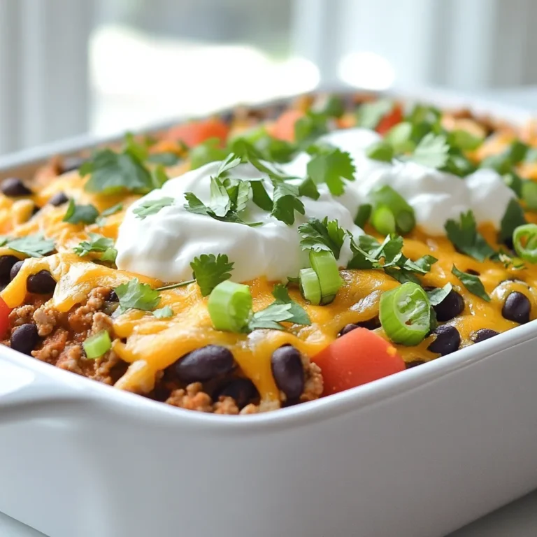 To make a tasty Weight Watchers taco casserole, gather these main ingredients: - 1 lb lean ground turkey or chicken - 1 can (15 oz) black beans, drained and rinsed - 1 can (15 oz) diced tomatoes with green chilies - 1 cup frozen corn - 1 packet taco seasoning (low-sodium) - 1 small onion, finely chopped - 2 cloves garlic, minced - 1 cup reduced-fat shredded cheddar cheese - 1 cup fat-free Greek yogurt (for serving) - 2 green onions, thinly sliced (for garnish) - Fresh cilantro, finely chopped (for garnish) - Salt and pepper to taste These ingredients work together to create a filling meal. The lean meat brings protein, while beans add fiber. The tomatoes and corn give it a vibrant taste. Garnishes can elevate your meal. Consider these options: - Sliced jalapeños for heat - Avocado slices for creaminess - Lime wedges for a zesty touch - Extra cilantro for freshness These toppings let you personalize each serving. You can mix and match to suit your taste. You can substitute some ingredients for a healthier dish. Try these swaps: - Ground turkey or chicken can be replaced with lean beef or plant-based meat. - Use fresh tomatoes instead of canned for less sodium. - Swap frozen corn with fresh corn when in season. - For a dairy-free option, use cashew cream instead of Greek yogurt. These changes can boost flavor and nutrition. Making small swaps helps keep the dish light and enjoyable for everyone. {{ingredient_image_2}} First, gather all your ingredients. You need: - 1 lb lean ground turkey or chicken - 1 can (15 oz) black beans, drained and rinsed - 1 can (15 oz) diced tomatoes with green chilies - 1 cup frozen corn - 1 packet taco seasoning (low-sodium) - 1 small onion, finely chopped - 2 cloves garlic, minced - 1 cup reduced-fat shredded cheddar cheese - 1 cup fat-free Greek yogurt (for serving) - 2 green onions, thinly sliced (for garnish) - Fresh cilantro, finely chopped (for garnish) - Salt and pepper to taste Make sure to rinse the black beans and chop the onion and garlic. This step makes cooking easier and faster. Start by preheating your oven to 350°F (175°C). In a large skillet, lightly spray with non-stick cooking spray. Heat the skillet over medium heat. Once hot, add the chopped onion and minced garlic. Sauté them until the onion turns clear, about 3-4 minutes. Next, add the lean ground turkey or chicken. Break it into small pieces as it cooks. Cook until the meat is browned and no longer pink, around 6-8 minutes. If there's extra fat, drain it carefully. Now, stir in the rinsed black beans, diced tomatoes with green chilies, frozen corn, and taco seasoning. Mix it well and let it simmer for about 5 minutes. Season with salt and pepper to your taste. Grab a 9x13 inch baking dish. Spread the meat and bean mixture evenly across the bottom. Make sure it’s level. Then, sprinkle the reduced-fat cheddar cheese on top, covering the mixture completely. Now, place the dish in your preheated oven. Bake for 20-25 minutes. You want the cheese to melt and bubble. When it’s done, take it out and let it cool for about 5 minutes. When serving, add a dollop of fat-free Greek yogurt, sprinkle sliced green onions, and top with chopped cilantro. This adds a fresh touch to your flavorful meal. If you want a quicker meal, adjust the cooking time. You can sauté the turkey or chicken more quickly. Cook it until browned, about 5-6 minutes. If you use a larger baking dish, check the casserole early. It may cook faster than the full 25 minutes. Always check for bubbly cheese to know it's done. This casserole is great on its own, but you can add more. Serve with a side salad for some crunch. You can also offer lime wedges for a zesty kick. For more flavor, try adding sliced jalapeños. You can even serve it with tortilla chips for some fun texture. To reheat leftovers, use your oven or microwave. If you use the oven, set it to 350°F (175°C). Place the casserole in a dish, cover it with foil, and heat for about 15-20 minutes. If using the microwave, warm it in short bursts. Check every minute to avoid overcooking. Enjoy your tasty leftovers! Pro Tips Choose Lean Meat: Opt for lean ground turkey or chicken to keep the casserole flavorful yet healthy, reducing unnecessary fats. Layering is Key: Ensure even layers of meat and cheese for a consistent flavor and texture throughout the casserole. Spice It Up: Customize the level of heat by adding diced jalapeños or using spicy taco seasoning to suit your taste. Garnish for Freshness: Fresh herbs like cilantro and green onions not only enhance presentation but also add a burst of flavor to each serving. {{image_4}} You can easily make a vegetarian version of this taco casserole. Start by swapping out the meat. Use one can of black beans and one can of kidney beans instead. You can also add more veggies, like bell peppers or zucchini. This adds color and nutrients. For a hearty texture, you might include cooked lentils. The flavors from the taco seasoning will still shine through, making it tasty and filling. To boost the flavor of your taco casserole, consider some simple swaps. Use fire-roasted diced tomatoes instead of regular ones. This adds a nice smoky flavor. Try different beans, like pinto or chickpeas, for variety. You can also change the cheese. Use pepper jack cheese for a creamy, spicy kick. Fresh herbs, like oregano or thyme, can add freshness to the dish. Each swap can make your meal unique and exciting. If you love heat, there are easy ways to spice up your casserole. Add sliced jalapeños to the meat mixture for a kick. You can also mix in some hot sauce or diced green chilies. For an extra spicy cheese layer, use a spicy cheese blend. Lastly, top the casserole with fresh chopped cilantro for a fresh burst of flavor. These small changes can take your taco casserole to a whole new level of heat. After you enjoy the Weight Watchers Taco Casserole, cool it to room temperature. Place it in an airtight container. This helps keep it fresh. Store it in the fridge for up to three days. When you want to eat it again, just pull it out and reheat. You can freeze the casserole for later use. First, let it cool completely. Then, cut it into portions. Wrap each piece in plastic wrap. After that, place the wrapped portions in a freezer-safe bag. Remove as much air as you can. This will help keep it tasty and avoid freezer burn. The casserole can stay in the freezer for up to three months. To reheat a frozen piece, take it out and let it thaw overnight in the fridge. If you want, you can also bake it straight from frozen. Increase the bake time to about 35-40 minutes at 350°F. Ensure the center is hot before serving. If you prefer, use a microwave for a quicker option. Just heat it in short bursts, stirring in between, until it’s warm. The Weight Watchers points for this taco casserole depend on your specific plan. On average, it can range from 6 to 8 points per serving. This count may change based on your choice of meat and cheese. Using lean turkey keeps points low. For the most accurate count, check the ingredients you use with the app. Yes, you can make this casserole in advance. Prepare it up to the baking step. Cover it tightly and store it in the fridge. You can bake it the next day. This saves time and makes dinner easy. Just add a few extra minutes to the baking time if it’s cold from the fridge. Absolutely! To make this casserole gluten-free, use gluten-free taco seasoning. Most canned beans and tomatoes are gluten-free too. Always check the labels to be sure. Using corn and fresh toppings like Greek yogurt keeps it safe and tasty for everyone. This article covered all you need for a tasty Weight Watchers taco casserole. We explored the essential ingredients and optional garnishes, along with healthy swaps. I walked you through each cooking step and shared handy tips for serving and reheating. You also learned about delicious variations, from vegetarian options to spicy twists. Remember, how you store it matters too! Following these steps and tips will make this dish a hit. Enjoy creating your casserole!