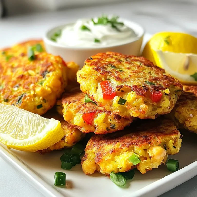 For the base of your chickpea fritters, you will need: - 1 can (15 oz) chickpeas, drained and rinsed - 1/2 cup finely diced red bell pepper - 1/4 cup sliced green onions - 1/4 cup freshly chopped cilantro - 2 cloves garlic, finely minced - 1 teaspoon ground cumin - 1/2 teaspoon smoked paprika - 1/2 teaspoon baking powder - 1/4 cup chickpea flour (besan) - Salt and freshly ground black pepper, to taste - Olive oil, for frying These ingredients create a tasty, crunchy, and healthy snack. Chickpeas are rich in protein and fiber. The red bell pepper adds sweetness, while green onions give a fresh bite. Fresh herbs like cilantro bring a bright flavor. To make your fritters even better, consider these optional ingredients: - Yogurt sauce, for a creamy dip - Lemon wedges, to add a zesty kick You can also adapt the recipe for different diets. For vegan options, use plant-based yogurt. If you want to avoid gluten, substitute chickpea flour with your favorite gluten-free flour. Each change can give your fritters a unique twist. {{ingredient_image_2}} To start, you need to mash the chickpeas. Take one can of chickpeas, drain and rinse them. In a large bowl, use a fork or potato masher. Mash them until they are mostly smooth, but keep some texture. This gives the fritters a nice bite. Next, incorporate veggies and spices into the chickpeas. Add half a cup of finely diced red bell pepper, a quarter cup of sliced green onions, and a quarter cup of freshly chopped cilantro. Don’t forget two cloves of finely minced garlic! Mix in one teaspoon of ground cumin and half a teaspoon of smoked paprika for a flavor boost. Add half a teaspoon of baking powder and a quarter cup of chickpea flour. Finally, season with salt and freshly ground black pepper to taste. Stir everything until it is well combined. Now, it’s time to shape the patties. With slightly damp hands, take some of the chickpea mixture and shape small patties. Aim for about two to three inches in diameter. Heat a skillet over medium heat and drizzle in some olive oil. Once the oil is warm, carefully place your fritters into the skillet. Be sure not to overcrowd the skillet. This helps them cook evenly. Fry the fritters for about four to five minutes on each side. You want them to turn golden brown and crispy. When the fritters are done, transfer them to a plate lined with paper towels. This will help drain any excess oil. For serving, arrange the fritters warm on a platter. Add some fresh lemon wedges and a tangy yogurt sauce on the side. This adds a zesty kick that pairs perfectly with the fritters. Enjoy your delicious snack! To get the best texture, balance your mixture well. You want it slightly chunky. This keeps the fritters from becoming too mushy. If you mash the chickpeas too much, you lose that nice bite. Avoid overcrowding in the skillet. When you add too many fritters at once, they steam instead of fry. This can lead to soft fritters instead of crispy ones. Cook them in batches to ensure even cooking. Adding spices or herbs can really boost the flavor. I love using garlic, cumin, and smoked paprika. Fresh herbs like cilantro or parsley add a nice pop. Feel free to experiment with your favorites. For the extra mixture, store it in a sealed container in the fridge. You can use it within a few days. This way, you always have a quick snack ready to fry. Pro Tips Use Fresh Ingredients: Always opt for fresh herbs and vegetables to enhance the flavor profile of your fritters. Adjust the Spice Level: Feel free to add more spices or chili flakes if you prefer a spicier kick in your fritters. Chill the Mixture: For firmer fritters, refrigerate the chickpea mixture for about 30 minutes before shaping and frying. Explore Dipping Sauces: Experiment with different dipping sauces like tahini or spicy aioli for a unique twist. {{image_4}} You can mix up the flavor of chickpea fritters by adding different veggies or legumes. For example, try adding grated zucchini or shredded carrots. They boost nutrition and add a nice crunch. You can also swap in black beans or lentils for a new twist. Want to spice things up? Incorporate cheese into your fritters. Feta or mozzarella works well. You can also add spicy elements like chopped jalapeños or a dash of hot sauce. These simple changes can create exciting new tastes. Chickpea fritters are great for many diets. They are naturally vegan, as they use chickpeas and veggies. You can also make them gluten-free. Just use alternative flours like almond or coconut flour instead of chickpea flour. This keeps the fritters light and tasty. Feel free to experiment with your own ideas. The base recipe is very flexible. With a few tweaks, you can make these fritters fit any diet while keeping them delicious. To keep your fritters fresh, let them cool first. Place them in an airtight container. They will stay good in the fridge for 3 to 4 days. If you want to keep them longer, freezing is a great option. Wrap each fritter in plastic wrap, then place them in a freezer bag. They can last for up to 3 months in the freezer. To reheat, the oven is the best choice. Preheat the oven to 375°F (190°C). Place the fritters on a baking sheet. Heat them for about 10 to 15 minutes. This method keeps them crispy. If you use a microwave, it can make them soft. To avoid this, heat them for just a short time. You can also use a skillet over medium heat to bring back their crunch. Just a minute or two on each side will do the trick! Chickpea fritters stay fresh for about 3 to 4 days in the fridge. To keep them tasty, store them in an airtight container. This helps lock in their flavor and keeps them from drying out. If you want them to last longer, consider freezing them. They can last for up to 3 months in the freezer. Just remember to thaw them before reheating. Yes, you can bake chickpea fritters for a lighter option. Preheat your oven to 400°F (200°C). Place the shaped fritters on a lined baking sheet. Brush or spray them lightly with olive oil. Bake for about 20-25 minutes, flipping halfway through. This method gives you crispy fritters without all the oil. Baking is a great way to enjoy them in a healthier way. Chickpea fritters pair well with various sides and sauces. Here are some great options to try: - Yogurt sauce: A tangy yogurt sauce adds creaminess. - Lemon wedges: Fresh lemon juice brightens the flavors. - Salad: A simple salad can add crunch and freshness. - Dipping sauces: Try tahini or a spicy salsa for extra zest. These sides make your meal more enjoyable and tasty! Chickpea fritters are a simple and tasty dish. You learned how to make them using chickpeas, fresh veggies, and herbs. I also shared tips for cooking and achieving the right texture. Feel free to try different flavors or follow dietary needs. Remember to store leftovers properly and reheat them for the best taste. These fritters are enjoyable and versatile. You can serve them with yogurt sauce or other dips. Enjoy making and sharing this fun recipe with others!