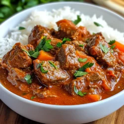 To make a great Nigerian beef stew, you need some key ingredients. Here’s what you will need: - 2 lbs beef, cut into 1-inch cubes - 4 large ripe tomatoes, blended into a smooth puree - 1 large onion, finely chopped - 2 red bell peppers, blended into a smooth consistency - 1 scotch bonnet pepper, blended (adjust according to your spice preference) - 4 cloves garlic, minced - 1-inch piece of ginger, minced - 1/4 cup vegetable oil - 2 cups beef broth or water - 1 teaspoon dried thyme - 1 teaspoon curry powder - Salt to taste - Fresh parsley or cilantro, chopped, for garnish These ingredients create a rich and flavorful base for your stew. The tomatoes and peppers add a vibrant color, while the beef provides a hearty taste. To take your stew to the next level, consider these optional ingredients: - 2 tablespoons ground crayfish (for extra depth of flavor) Ground crayfish gives your stew a unique taste that many love. It's a common ingredient in Nigerian cooking and adds a special touch. If you want to change the number of servings, adjust the ingredients. Here’s a simple guide: - For 4 servings: Cut beef to 1.5 lbs, tomatoes to 3, and use 1.5 cups broth. - For 8 servings: Increase beef to 3 lbs, tomatoes to 5, and use 3 cups broth. This way, you can enjoy this delicious dish with friends or family, no matter the size of your gathering. {{ingredient_image_2}} For this stew, you need to gather all your ingredients first. This makes cooking easier and faster. Here’s what you will need: - 2 lbs beef, cut into 1-inch cubes - 4 large ripe tomatoes, blended into a smooth puree - 1 large onion, finely chopped - 2 red bell peppers, blended into a smooth consistency - 1 scotch bonnet pepper, blended (adjust according to your spice preference) - 4 cloves garlic, minced - 1-inch piece of ginger, minced - 1/4 cup vegetable oil - 2 cups beef broth or water - 1 teaspoon dried thyme - 1 teaspoon curry powder - 2 tablespoons ground crayfish (optional for extra depth of flavor) - Salt to taste - Fresh parsley or cilantro, chopped, for garnish Start by heating the vegetable oil in a large pot over medium heat. When it shimmers, add the chopped onion. Sauté it for about 5 minutes until it turns translucent. Next, stir in the minced garlic and ginger. Cook for 2 more minutes. This will make your kitchen smell great! Now, pour in the blended tomatoes, red bell peppers, and scotch bonnet pepper. Stir everything well and let it cook for 10-15 minutes. Make sure to stir occasionally. The sauce should thicken, and you will see oil separating from it. This means your base is ready! Once your base sauce is ready, add the beef cubes. Make sure to stir well so every piece gets coated with the sauce. Sauté the beef for about 5 minutes. This step helps to start browning the beef, adding a nice flavor to your stew. Now, season your mixture with dried thyme, curry powder, and salt. Stir everything well. Carefully pour in the beef broth or water and bring it to a boil. When it starts boiling, reduce the heat to low. Cover the pot and let it simmer for 1 to 1.5 hours. Stir occasionally to keep it from sticking. You want the beef to become tender and flavorful. If you choose to use ground crayfish, add it during the last 10 minutes of cooking. This gives your stew a unique taste. After the beef is tender, taste the stew. Adjust the seasoning with more salt if needed. Finally, just before serving, garnish your stew with freshly chopped parsley or cilantro. This adds a nice touch and freshness to your dish! To achieve tender beef, choose the right cut. Chuck or brisket works best. These cuts have enough fat and connective tissue. Browning the beef before simmering adds flavor. Sear the beef cubes in hot oil until golden. This step locks in juices and enhances taste. Remember, low and slow is key. Simmer for at least one hour. This allows the meat to break down and become fork-tender. Spice levels can vary based on your taste. Start with the blended scotch bonnet pepper. Add just one for mild heat. If you want more spice, you can add another. Always taste as you go. You can also balance heat with sweet or creamy sides. Consider serving with coconut rice or cooling yogurt. This helps if the stew is too spicy. The right stew consistency matters for a great dish. After blending your base sauce, cook it down. Aim for a thick sauce that coats the beef. If your stew is too thick, add beef broth or water. If it’s too thin, simmer it longer. Stir often to prevent sticking. You want a rich, hearty stew that clings to rice. Adjust the final texture before serving. This ensures each bite is delicious and satisfying. Pro Tips Marinating the Beef: For enhanced flavor, consider marinating the beef cubes in a mixture of salt, thyme, and a bit of the blended pepper mixture for at least an hour before cooking. Balancing Spice Levels: If you prefer a milder stew, remove the seeds from the scotch bonnet pepper before blending, as this will reduce its heat significantly. Thickening the Stew: If you desire a thicker stew, you can blend a small portion of the cooked stew and stir it back in towards the end of cooking. Serving Suggestions: Pair your stew with a side of fried plantains or steamed vegetables for a colorful and nutritious meal that complements the rich flavors of the stew. {{image_4}} To make this stew vegetarian, swap the beef for hearty vegetables. Use mushrooms, eggplant, or even lentils. These ingredients add depth and texture. Blend the same base sauce with tomatoes, peppers, and spices. Cook until the veggies are tender. This version remains rich and flavorful. If you want to switch meats, try chicken or goat. Chicken cooks faster, so reduce the cooking time. Goat adds a unique flavor but may take longer to tenderize. Keep the base sauce the same. Adjust spices to suit the meat you choose. Each option gives you a new taste experience. To lower sodium, use low-sodium broth or water. You can cut back on added salt. Focus on fresh herbs and spices for flavor. Fresh ginger and garlic will boost taste without salt. Taste your stew as it cooks, adjusting flavors to meet your needs. To keep your Nigerian beef stew fresh, let it cool down first. Once cool, store it in an airtight container. It’s best to eat your leftovers within three to four days. Always label the container with the date. This helps you know when to eat it. Avoid leaving it out at room temperature for more than two hours. Freezing is a great way to save extra stew. First, let the stew cool completely. Then, pour it into freezer-safe bags or containers. Make sure to leave some space for expansion. You can freeze it for up to three months. When you’re ready to eat it, just thaw it in the fridge overnight. This keeps the flavors intact. When reheating, do it slowly. You can use a pot on low heat or a microwave. If using a pot, add a splash of water or broth. This helps keep it moist. Stir often to ensure even heating. Taste it before serving, and adjust the seasoning if needed. Enjoy the rich flavors just like when it was fresh! Nigerian beef stew comes from Nigeria, a country in West Africa. This dish reflects the rich culture of Nigeria. It features local spices and fresh ingredients. Many families have their own recipes, passed down through generations. The stew is often served at events and celebrations. Yes, you can make Nigerian beef stew ahead of time. In fact, the flavors deepen when it sits. Prepare it a day in advance for the best taste. Store it in the fridge in an airtight container. Just reheat it on the stove before serving. You can serve Nigerian beef stew with several sides. Here are some popular options: - Fluffy white rice - Fried plantains - Boiled yam - Pounded yam - Nigerian jollof rice These sides complement the stew's rich flavors and spices. You can definitely use a slow cooker or Instant Pot for this stew. For the slow cooker, follow these steps: 1. Sauté onions, garlic, and ginger in a pan first. 2. Add all ingredients to the slow cooker. 3. Cook on low for 6-8 hours or high for 3-4 hours. For the Instant Pot: 1. Use the sauté function for the onions, garlic, and ginger. 2. Add the beef and other ingredients. 3. Seal the lid and cook on high pressure for 35 minutes. 4. Allow for natural release before opening. Both methods save time and keep the beef tender. In this blog post, I covered how to make Nigerian beef stew. We looked at key and optional ingredients, plus helpful measurements. Next, I shared step-by-step instructions for preparing and cooking the stew. I also included tips for tender meat and spice adjustments. You learned about variations, storage tips, and answered common questions. Nigerian beef stew is a dish that warms the heart and gathers people. Enjoy your cooking journey and the delicious results!