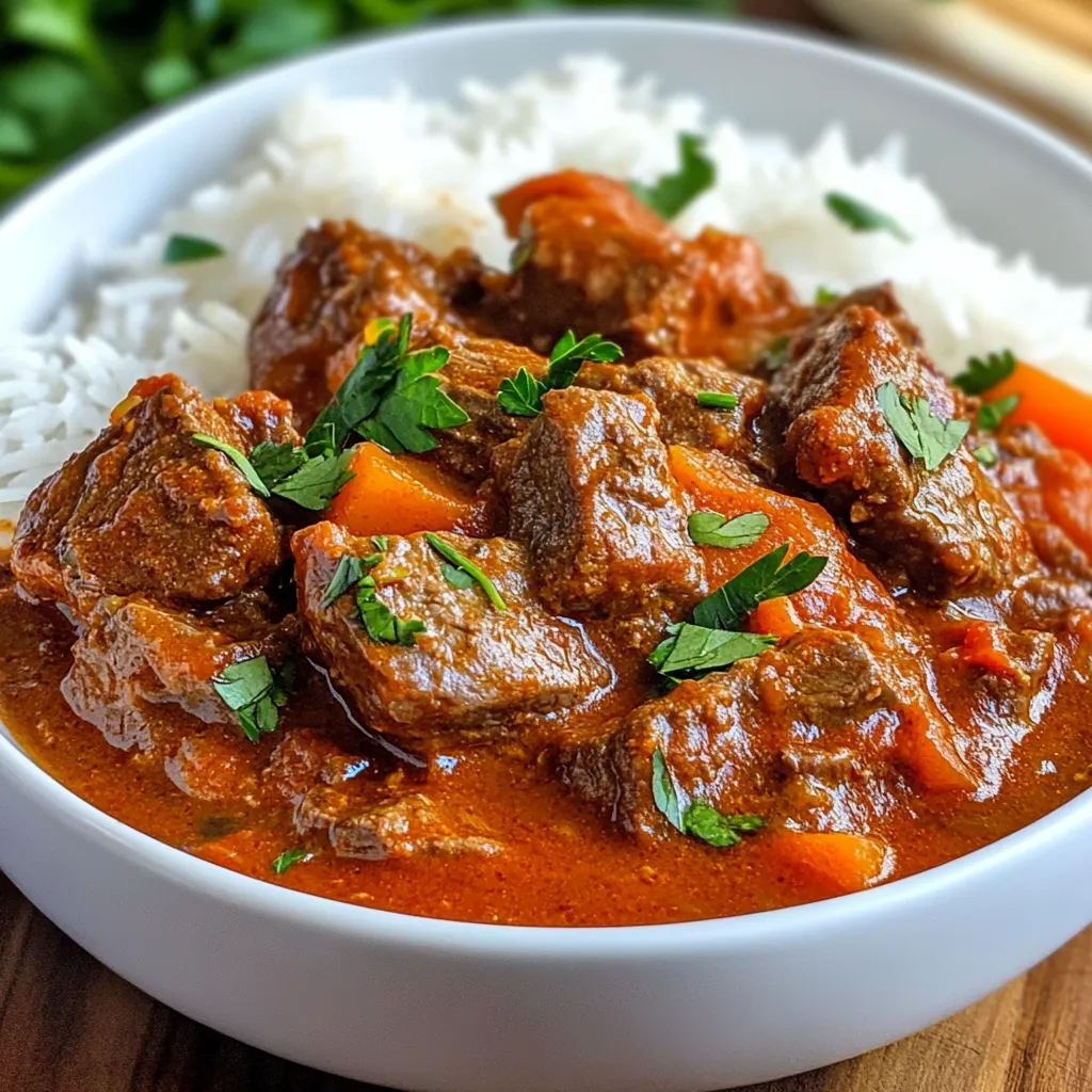 To make a great Nigerian beef stew, you need some key ingredients. Here’s what you will need: - 2 lbs beef, cut into 1-inch cubes - 4 large ripe tomatoes, blended into a smooth puree - 1 large onion, finely chopped - 2 red bell peppers, blended into a smooth consistency - 1 scotch bonnet pepper, blended (adjust according to your spice preference) - 4 cloves garlic, minced - 1-inch piece of ginger, minced - 1/4 cup vegetable oil - 2 cups beef broth or water - 1 teaspoon dried thyme - 1 teaspoon curry powder - Salt to taste - Fresh parsley or cilantro, chopped, for garnish These ingredients create a rich and flavorful base for your stew. The tomatoes and peppers add a vibrant color, while the beef provides a hearty taste. To take your stew to the next level, consider these optional ingredients: - 2 tablespoons ground crayfish (for extra depth of flavor) Ground crayfish gives your stew a unique taste that many love. It's a common ingredient in Nigerian cooking and adds a special touch. If you want to change the number of servings, adjust the ingredients. Here’s a simple guide: - For 4 servings: Cut beef to 1.5 lbs, tomatoes to 3, and use 1.5 cups broth. - For 8 servings: Increase beef to 3 lbs, tomatoes to 5, and use 3 cups broth. This way, you can enjoy this delicious dish with friends or family, no matter the size of your gathering. {{ingredient_image_2}} For this stew, you need to gather all your ingredients first. This makes cooking easier and faster. Here’s what you will need: - 2 lbs beef, cut into 1-inch cubes - 4 large ripe tomatoes, blended into a smooth puree - 1 large onion, finely chopped - 2 red bell peppers, blended into a smooth consistency - 1 scotch bonnet pepper, blended (adjust according to your spice preference) - 4 cloves garlic, minced - 1-inch piece of ginger, minced - 1/4 cup vegetable oil - 2 cups beef broth or water - 1 teaspoon dried thyme - 1 teaspoon curry powder - 2 tablespoons ground crayfish (optional for extra depth of flavor) - Salt to taste - Fresh parsley or cilantro, chopped, for garnish Start by heating the vegetable oil in a large pot over medium heat. When it shimmers, add the chopped onion. Sauté it for about 5 minutes until it turns translucent. Next, stir in the minced garlic and ginger. Cook for 2 more minutes. This will make your kitchen smell great! Now, pour in the blended tomatoes, red bell peppers, and scotch bonnet pepper. Stir everything well and let it cook for 10-15 minutes. Make sure to stir occasionally. The sauce should thicken, and you will see oil separating from it. This means your base is ready! Once your base sauce is ready, add the beef cubes. Make sure to stir well so every piece gets coated with the sauce. Sauté the beef for about 5 minutes. This step helps to start browning the beef, adding a nice flavor to your stew. Now, season your mixture with dried thyme, curry powder, and salt. Stir everything well. Carefully pour in the beef broth or water and bring it to a boil. When it starts boiling, reduce the heat to low. Cover the pot and let it simmer for 1 to 1.5 hours. Stir occasionally to keep it from sticking. You want the beef to become tender and flavorful. If you choose to use ground crayfish, add it during the last 10 minutes of cooking. This gives your stew a unique taste. After the beef is tender, taste the stew. Adjust the seasoning with more salt if needed. Finally, just before serving, garnish your stew with freshly chopped parsley or cilantro. This adds a nice touch and freshness to your dish! To achieve tender beef, choose the right cut. Chuck or brisket works best. These cuts have enough fat and connective tissue. Browning the beef before simmering adds flavor. Sear the beef cubes in hot oil until golden. This step locks in juices and enhances taste. Remember, low and slow is key. Simmer for at least one hour. This allows the meat to break down and become fork-tender. Spice levels can vary based on your taste. Start with the blended scotch bonnet pepper. Add just one for mild heat. If you want more spice, you can add another. Always taste as you go. You can also balance heat with sweet or creamy sides. Consider serving with coconut rice or cooling yogurt. This helps if the stew is too spicy. The right stew consistency matters for a great dish. After blending your base sauce, cook it down. Aim for a thick sauce that coats the beef. If your stew is too thick, add beef broth or water. If it’s too thin, simmer it longer. Stir often to prevent sticking. You want a rich, hearty stew that clings to rice. Adjust the final texture before serving. This ensures each bite is delicious and satisfying. Pro Tips Marinating the Beef: For enhanced flavor, consider marinating the beef cubes in a mixture of salt, thyme, and a bit of the blended pepper mixture for at least an hour before cooking. Balancing Spice Levels: If you prefer a milder stew, remove the seeds from the scotch bonnet pepper before blending, as this will reduce its heat significantly. Thickening the Stew: If you desire a thicker stew, you can blend a small portion of the cooked stew and stir it back in towards the end of cooking. Serving Suggestions: Pair your stew with a side of fried plantains or steamed vegetables for a colorful and nutritious meal that complements the rich flavors of the stew. {{image_4}} To make this stew vegetarian, swap the beef for hearty vegetables. Use mushrooms, eggplant, or even lentils. These ingredients add depth and texture. Blend the same base sauce with tomatoes, peppers, and spices. Cook until the veggies are tender. This version remains rich and flavorful. If you want to switch meats, try chicken or goat. Chicken cooks faster, so reduce the cooking time. Goat adds a unique flavor but may take longer to tenderize. Keep the base sauce the same. Adjust spices to suit the meat you choose. Each option gives you a new taste experience. To lower sodium, use low-sodium broth or water. You can cut back on added salt. Focus on fresh herbs and spices for flavor. Fresh ginger and garlic will boost taste without salt. Taste your stew as it cooks, adjusting flavors to meet your needs. To keep your Nigerian beef stew fresh, let it cool down first. Once cool, store it in an airtight container. It’s best to eat your leftovers within three to four days. Always label the container with the date. This helps you know when to eat it. Avoid leaving it out at room temperature for more than two hours. Freezing is a great way to save extra stew. First, let the stew cool completely. Then, pour it into freezer-safe bags or containers. Make sure to leave some space for expansion. You can freeze it for up to three months. When you’re ready to eat it, just thaw it in the fridge overnight. This keeps the flavors intact. When reheating, do it slowly. You can use a pot on low heat or a microwave. If using a pot, add a splash of water or broth. This helps keep it moist. Stir often to ensure even heating. Taste it before serving, and adjust the seasoning if needed. Enjoy the rich flavors just like when it was fresh! Nigerian beef stew comes from Nigeria, a country in West Africa. This dish reflects the rich culture of Nigeria. It features local spices and fresh ingredients. Many families have their own recipes, passed down through generations. The stew is often served at events and celebrations. Yes, you can make Nigerian beef stew ahead of time. In fact, the flavors deepen when it sits. Prepare it a day in advance for the best taste. Store it in the fridge in an airtight container. Just reheat it on the stove before serving. You can serve Nigerian beef stew with several sides. Here are some popular options: - Fluffy white rice - Fried plantains - Boiled yam - Pounded yam - Nigerian jollof rice These sides complement the stew's rich flavors and spices. You can definitely use a slow cooker or Instant Pot for this stew. For the slow cooker, follow these steps: 1. Sauté onions, garlic, and ginger in a pan first. 2. Add all ingredients to the slow cooker. 3. Cook on low for 6-8 hours or high for 3-4 hours. For the Instant Pot: 1. Use the sauté function for the onions, garlic, and ginger. 2. Add the beef and other ingredients. 3. Seal the lid and cook on high pressure for 35 minutes. 4. Allow for natural release before opening. Both methods save time and keep the beef tender. In this blog post, I covered how to make Nigerian beef stew. We looked at key and optional ingredients, plus helpful measurements. Next, I shared step-by-step instructions for preparing and cooking the stew. I also included tips for tender meat and spice adjustments. You learned about variations, storage tips, and answered common questions. Nigerian beef stew is a dish that warms the heart and gathers people. Enjoy your cooking journey and the delicious results!