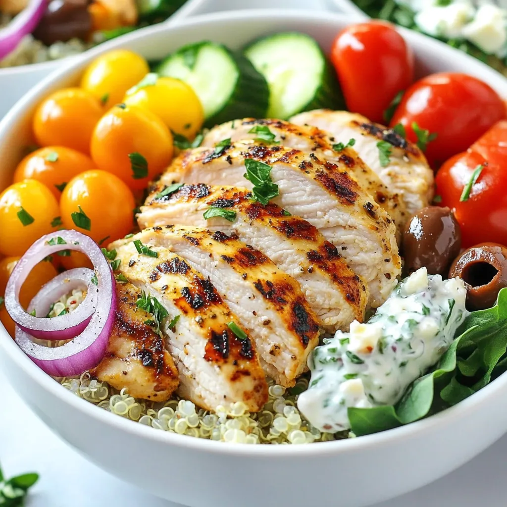 - 2 boneless, skinless chicken breasts - 1 cup cooked quinoa or fluffy rice - 1 cup cherry tomatoes, halved - 1 cucumber, diced - 1 red onion, thinly sliced - 1 cup fresh lettuce or baby spinach - 2 tablespoons extra virgin olive oil - 2 teaspoons dried oregano - 1 teaspoon garlic powder - 1 teaspoon onion powder - Sea salt and freshly ground black pepper, to taste - 1/2 cup crumbled feta cheese - 1/4 cup kalamata olives, pitted and sliced - Tzatziki sauce, for a refreshing drizzle When making Greek Chicken Gyro Bowls, I focus on using fresh and vibrant ingredients. The chicken serves as the star of this dish. I always choose boneless, skinless chicken breasts for their tenderness. The quinoa or rice acts as a hearty base. It provides texture and absorbs all the delicious flavors. Fresh vegetables are key. I love the burst of flavor from cherry tomatoes, the crunch of cucumber, and the bite from red onion. They add color and freshness to each bowl. For greens, I often use fresh lettuce or baby spinach. They not only look great but also add nutrition. The seasoning is where the magic happens. I blend olive oil, oregano, garlic powder, and onion powder to create a simple marinade. This mix brings out the best in the chicken. I always add sea salt and black pepper to taste. It enhances the overall flavor. For toppings, I can’t resist crumbled feta cheese. It adds a creamy and salty contrast to the other ingredients. Kalamata olives provide a briny kick that rounds out the dish. Lastly, I drizzle tzatziki sauce on top. It adds a cool, creamy element that ties everything together. Using these ingredients makes my Greek Chicken Gyro Bowls flavorful and satisfying. Each bite is a delightful mix of textures and tastes that everyone loves. {{ingredient_image_2}} To start, make a simple marinade. In a medium bowl, mix together 2 tablespoons of extra virgin olive oil, 2 teaspoons of dried oregano, 1 teaspoon of garlic powder, and 1 teaspoon of onion powder. Season with sea salt and black pepper to taste. Next, add the 2 boneless, skinless chicken breasts to the bowl. Make sure each piece is well coated. Cover the bowl with plastic wrap. Place it in the fridge for at least 30 minutes. This step helps the chicken absorb all the tasty flavors. Now it’s time to cook the chicken. Preheat your grill or skillet to medium-high heat. Once hot, take the chicken from the marinade and let any excess drip off. Cook each piece for about 6 to 7 minutes on each side. You want the internal temperature to reach 165°F (75°C). The chicken should be golden brown and juicy. After cooking, allow it to rest for 5 minutes before slicing it into thin strips. Let’s build those bowls! Start by placing a scoop of cooked quinoa or fluffy rice in four serving bowls. This will be the base layer. Next, add the sliced grilled chicken on top. Then, layer on halved cherry tomatoes, diced cucumber, and thinly sliced red onion. Finish with a handful of fresh lettuce or baby spinach. This colorful mix makes your bowl look amazing. To add richness, sprinkle crumbled feta cheese and sliced kalamata olives on top. Finally, drizzle some tzatziki sauce over each bowl. This creamy sauce adds a refreshing touch. Enjoy your Greek Chicken Gyro Bowls! To ensure juicy chicken, start with marinating. Mix olive oil, oregano, garlic powder, onion powder, sea salt, and black pepper. Let the chicken soak in this mixture for at least 30 minutes. This step adds flavor and moisture. When it comes to cooking methods, I love grilling the chicken. It gives a nice char and adds depth. If you don’t have a grill, a skillet works well too. Just make sure it’s hot before you add the chicken. Cook it for about 6-7 minutes on each side until it reaches 165°F. This keeps the chicken tender and juicy. Garnishing options for your gyro bowls can elevate the dish. I suggest fresh herbs like dill or parsley for added color and aroma. A squeeze of lemon adds a bright touch too. Pair your gyro bowl with a light drink. A glass of sparkling water with lemon or a light white wine complements the flavors well. You can also serve a simple side salad to balance the meal. To store leftovers, place them in an airtight container. This keeps the chicken and toppings fresh. You can store them in the fridge for up to three days. For reheating, use the microwave or a skillet. If using a skillet, heat it on low to avoid drying out the chicken. Add a splash of water to help keep the moisture. Enjoy your delicious gyro bowls again! Pro Tips Marinate Longer for Flavor: If time allows, marinating the chicken for several hours or overnight will enhance the flavor even further, making it more succulent and tasty. Use Fresh Ingredients: Opt for fresh vegetables and herbs to elevate the freshness of your gyro bowl. Fresh cucumbers and tomatoes can make a significant difference in taste. Cook Chicken Evenly: For evenly cooked chicken, try pounding the chicken breasts to a uniform thickness before marinating. This ensures they cook at the same rate and stay juicy. Experiment with Toppings: Feel free to add other toppings such as roasted red peppers, artichokes, or even avocado to customize your gyro bowl to your liking. {{image_4}} You can change grains in your gyro bowl. Couscous or farro work great instead of quinoa or rice. This swap adds different textures and flavors. If you want to try other proteins, consider lamb or tofu. Lamb gives a rich taste, while tofu is a good plant-based choice. Both can be seasoned like the chicken. To kick up the flavor, add spices like paprika or cumin. These spices give your dish more depth and warmth. You can also try fresh herbs like dill or mint for a bright touch. For toppings, think outside the box. Avocado adds creaminess and healthy fats. Bell peppers can add a sweet crunch. Both choices enhance the overall taste and nutrition. To make your gyro bowl gluten-free, swap quinoa or rice for gluten-free grains. Options like millet or buckwheat work well. If you prefer a vegetarian meal, replace chicken with grilled mushrooms or chickpeas. This change keeps the meal hearty while providing plant-based protein. Enjoy the same great flavors, but in a new way! Each serving of Greek Chicken Gyro Bowls has about 450 calories. The breakdown is roughly: - Protein: 30 grams - Carbohydrates: 40 grams - Fat: 20 grams This meal packs a balanced mix of nutrients to fuel your day. Chicken is a great source of protein. It helps build muscles and keep you strong. Fresh veggies like tomatoes and cucumbers are full of vitamins. They keep your immune system healthy. Quinoa or rice adds fiber. Fiber helps with digestion and keeps you full longer. I suggest one bowl per person for a balanced meal. If you are active, you may need more. For a lighter meal, share a bowl or use smaller portions. Adjusting servings can help fit your dietary needs. Enjoy this tasty meal any way you like! To make tzatziki, you need simple ingredients. Start with: - 1 cup plain Greek yogurt - 1 small cucumber, grated and drained - 2 cloves garlic, minced - 1 tablespoon olive oil - 1 tablespoon vinegar or lemon juice - Salt and pepper to taste - Fresh dill or mint, chopped (optional) Mix all the ingredients in a bowl. Adjust salt and pepper to your liking. Let it chill for 30 minutes to blend the flavors. This sauce is cool and creamy, perfect for your gyro bowls. Yes, you can prepare Greek Chicken Gyro Bowls ahead of time. Here are some tips: - Marinate the chicken: You can marinate chicken breasts the night before. This helps the flavors soak in well. - Cook and store: Cook the chicken and let it cool. Store it in an airtight container in the fridge for up to 3 days. - Prep veggies: Chop your veggies and store them in separate containers. They stay fresh this way. - Assemble before serving: When you're ready to eat, just assemble the bowls. This keeps everything fresh and tasty. You have many options for sides. Here are a few that work well: - Greek salad: Fresh and light, it complements the gyro bowls nicely. - Pita bread: Soft pita is great for scooping up tzatziki or other toppings. - Roasted vegetables: Try roasted zucchini, bell peppers, or eggplant for added flavor. - Hummus: This creamy dip pairs well and adds extra protein. - Lemon rice: A bright, zesty side that adds a nice touch. Feel free to mix and match! Enjoy your meal! This blog post covered how to create delicious Greek Chicken Gyro Bowls from scratch. You learned about the main ingredients, how to marinate and cook the chicken, and assemble your dish for a vibrant presentation. I shared cooking tips to ensure your chicken stays juicy and storage methods for any leftovers. Consider trying variations with different grains or proteins. These bowls are flexible, nutritious, and easy to adapt. Enjoy crafting your own healthy meals that suit your taste!