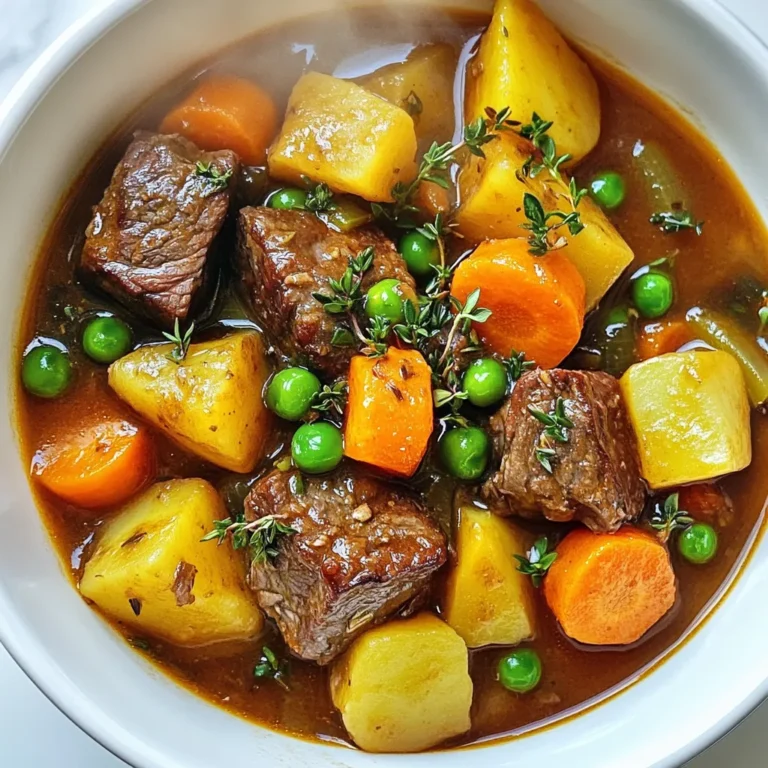 - 2 pounds beef chuck, cut into 1-inch cubes - 3 tablespoons olive oil - 1 large onion, chopped - 3 cloves garlic, minced - 4 large carrots, peeled and sliced into ½-inch rounds - 3 medium potatoes, peeled and cut into 1-inch cubes - 1 cup frozen peas I love using beef chuck for stew. It has great flavor and becomes tender. I cut it into one-inch cubes for even cooking. The olive oil helps brown the meat, giving it a rich taste. The onion and garlic add a lovely aroma. Carrots and potatoes provide sweetness and heartiness. Frozen peas are perfect for color and texture. - 3 cups beef broth (preferably low-sodium) - 2 tablespoons tomato paste - 2 teaspoons Worcestershire sauce - 1 teaspoon dried thyme - 1 teaspoon dried rosemary - Salt and freshly ground black pepper to taste For my stew, I use low-sodium beef broth. It keeps the dish hearty without being too salty. Tomato paste adds depth, while Worcestershire sauce gives a savory kick. Thyme and rosemary bring fresh flavor. I always season with salt and pepper to enhance all the tastes. - Fresh parsley, chopped I love to garnish my beef stew with fresh parsley. It adds a pop of color and a hint of freshness. Just chop it finely and sprinkle it on top before serving. This little touch makes the stew look inviting and delicious. {{ingredient_image_2}} - Heat 3 tablespoons of olive oil in a large pot over medium-high heat. - Add 2 pounds of beef chuck, cut into 1-inch cubes. - Brown the beef in batches. This helps it cook evenly. - Each batch should take about 4-5 minutes. - Remove the browned beef and set it aside on a plate. - In the same pot, add 1 large chopped onion. - Cook the onion for about 5 minutes until it turns translucent. - Then, add 3 cloves of minced garlic. - Cook the garlic for 1-2 minutes until it smells great. - Return the beef to the pot. - Mix in 2 tablespoons of tomato paste and 2 teaspoons of Worcestershire sauce. - Make sure the beef is well coated with the sauces. - Pour in 3 cups of beef broth and bring it to a gentle simmer. - Add 4 large sliced carrots and 3 medium cubed potatoes. - Season with salt, black pepper, 1 teaspoon of dried thyme, and 1 teaspoon of dried rosemary. - Stir well to combine all the ingredients. - Cover the pot and reduce the heat to low. - Let the stew simmer for about 2 hours. - Stir occasionally to prevent sticking. - About 10 minutes before serving, stir in 1 cup of frozen peas. - Taste the stew and adjust the seasoning as needed. - Use a ladle to serve the hot beef stew into bowls. - Garnish each bowl with a sprinkle of chopped fresh parsley. - This adds color and extra flavor to your dish. - Best practices for browning beef: To brown beef well, heat olive oil in a pot. Add the beef in small batches. This helps the meat brown evenly. Allow each piece to cook for 4-5 minutes. Don't rush this step. A good browning adds rich flavor. - How to enhance flavor with seasonings: Use fresh herbs like thyme and rosemary. They add depth to your stew. A spoonful of tomato paste boosts the taste too. Don’t forget salt and pepper. They help to bring out all the flavors. - Refrigeration guidelines: Store leftover stew in an airtight container. It will keep well in the fridge for 3-4 days. Make sure it cools down before sealing. - Freezing instructions: You can freeze beef stew for up to 3 months. Use freezer-safe containers. Leave some space at the top for expansion. Thaw it in the fridge overnight before reheating. - Serving suggestions: Ladle the stew into rustic bowls. This gives a cozy feel. A sprinkle of fresh parsley on top makes it look bright. It’s all about that inviting look. - Accompaniments like bread or salad: Serve the stew with crusty bread. It soaks up the tasty broth. A fresh side salad adds crunch and color. Together, they make a full meal. Pro Tips Brown the Meat Well: Ensure you properly brown the beef in batches. This step adds depth to the flavor and creates a rich base for your stew. Use Quality Broth: Opt for a low-sodium beef broth to control the saltiness of your stew. Homemade broth can elevate the taste significantly. Add Fresh Herbs: For an enhanced flavor profile, consider adding fresh herbs like thyme or rosemary during the last 30 minutes of cooking. Let It Rest: After cooking, allow the stew to sit for 10-15 minutes before serving. This resting period allows the flavors to meld even more. {{image_4}} You can easily change up your beef stew. Try using different vegetables like turnips or parsnips. These veggies add a nice twist. For the meat, consider different cuts of beef. Brisket or round steak can work well. Each cut gives a different taste to your stew. If you need a gluten-free option, choose gluten-free broth and sauces. You can also make a vegetarian version. Replace the beef with mushrooms or jackfruit. This keeps the stew hearty and filling without meat. To boost flavors, add a splash of red wine. It deepens the taste of the stew. Mushrooms also add a nice earthy flavor. You can experiment with spices too. Adding smoked paprika or cumin gives a unique twist. These small changes can make your stew feel brand new. Each serving of this hearty beef stew has about 350 calories. It contains approximately: - 24 grams of protein - 15 grams of fat - 28 grams of carbs - 4 grams of fiber This stew fills you up with good nutrition. The key ingredients in this stew offer great health benefits. Here’s a look at some of them: - Beef Chuck: Packed with protein, iron, and zinc, beef helps build strong muscles. - Carrots: Rich in beta-carotene, carrots support good vision and skin health. - Potatoes: A good source of potassium, potatoes help with heart health. - Onion and Garlic: Both have antioxidants and can boost your immune system. For healthy eating, serve this stew with a side of whole grain bread. This adds fiber and keeps you full longer. If you have dietary needs, here are some options: - Low-Sodium Options: Use low-sodium beef broth. This helps control salt intake. - Substitutions for Allergens: If you are allergic to beef, try using chicken or turkey instead. For a vegetarian option, use mushrooms and lentils. These changes keep the stew tasty while meeting your needs. To thicken your beef stew, you have a few easy options. First, you can mix a bit of cornstarch with cold water. Add this mix to the stew slowly while stirring. This helps to avoid lumps. Another way is to mash some of the potatoes in the stew. This will create a creamy texture. Lastly, you can let it simmer longer with the lid off. This allows steam to escape, making the stew thicker. Yes, you can make hearty beef stew in a slow cooker! Just brown the beef first. This adds great flavor. Then, add all the ingredients to the slow cooker. Set it on low for 6 to 8 hours or high for 3 to 4 hours. This method keeps the meat juicy. You may want to add the peas in the last 30 minutes to keep them bright and tender. Beef stew pairs well with many sides. Here are some great options: - Crusty bread for dipping - A simple green salad - Mashed potatoes for extra comfort - Steamed vegetables for balance These sides make the meal hearty and satisfying. Store leftover beef stew in an airtight container. It stays good in the fridge for up to 3 days. To reheat, warm it in a pot over low heat. Stir often to heat evenly. You can also microwave it in short bursts, stirring in between. If you want to keep it longer, beef stew freezes well. Just let it cool, then place it in a freezer-safe container. It can last for about 3 months in the freezer. This beef stew recipe blends rich flavors and simple steps to create a comforting dish. You learned about key ingredients, from the beef chuck to fresh parsley. I shared tips for perfecting every part, including storage and presentation. Variations let you tailor the stew to your taste and dietary needs. Remember, each bowl is not only tasty but packed with nutrition. Enjoy cooking and sharing this warm meal with family and friends. It’s a classic that never disappoints!