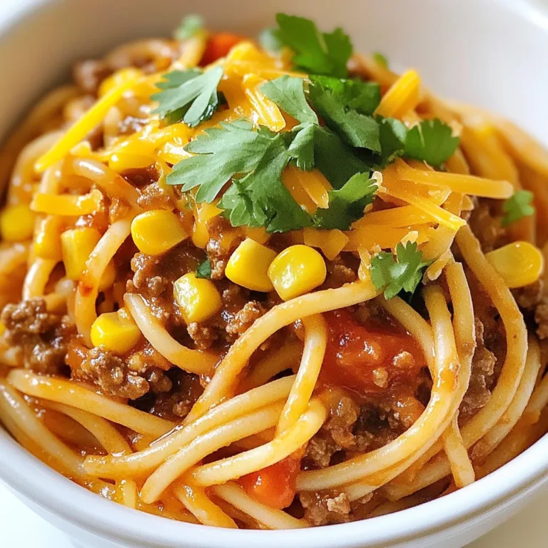 - 12 oz spaghetti - 1 lb ground beef - 1 cup bell peppers (mixed colors), diced - 1 cup corn (canned or frozen) - 1 medium onion, finely chopped - 3 cloves garlic, minced - 2 cups canned diced tomatoes with green chilies - 1 tablespoon chili powder - 1 teaspoon ground cumin - 1 teaspoon smoked paprika - 1 cup shredded cheddar cheese - Fresh cilantro for garnish (optional) Cowboy spaghetti needs simple yet hearty ingredients. The star is the spaghetti itself. I love using 12 oz of spaghetti; it cooks well and absorbs the sauce nicely. Ground beef adds rich flavor and protein. For veggies, I use a mix of colorful bell peppers. They bring crunch and sweetness. Corn adds a pop of flavor, too. Canned diced tomatoes with green chilies give the dish a nice kick. For seasonings, chili powder adds warmth. Ground cumin gives a subtle earthiness. Smoked paprika adds depth and a hint of smoke. I always finish with shredded cheddar cheese. It melts beautifully on top. Fresh cilantro can add a burst of freshness if you like. These ingredients come together to create a filling meal for the whole family. {{ingredient_image_2}} To make the best Cowboy Spaghetti, focus on two main points. First, avoid overcooking the spaghetti. Cook it until it is al dente, which means it has a slight bite. This keeps the texture firm when you mix it with the sauce. Second, when browning the beef, use medium heat. This helps it cook evenly without burning. Break the meat into small pieces as it cooks. This will give you nice, browned bits that add flavor. For a great meal, pair your Cowboy Spaghetti with garlic bread. The crispy, buttery bread complements the hearty pasta. Serve the spaghetti in rustic bowls for a cozy look. This adds charm and makes it feel special. You can also sprinkle extra cheese on top to make it more inviting. To boost the flavor of your Cowboy Spaghetti, consider adding extra spices. A pinch of red pepper flakes can give it a nice kick. Fresh ingredients like chopped parsley or basil can brighten the dish. You can also try using fresh corn if it’s in season. This adds sweetness and crunch, making the meal even better. If you want to change the meat in Cowboy Spaghetti, there are great options. Ground turkey or chicken can replace ground beef. These choices are lean and still tasty. You can also go meatless! Use lentils or veggie crumbles for a vegetarian option. These substitutes keep the dish hearty and filling. Adding more veggies can boost flavor and nutrition. Zucchini or mushrooms make excellent additions. Chop them up and toss them in when you sauté the onions and garlic. Beans are another great choice. Black beans or kidney beans add protein and texture. They blend well with the spices and make the dish even more satisfying. You can switch up the cheese for different flavors. Try mozzarella for a gooey texture or pepper jack for a spicy kick. If you like heat, add jalapeños or hot sauce to the mix. These additions can turn a mild dish into a fiery feast. Experimenting with flavors keeps Cowboy Spaghetti exciting for everyone at the table. Pro Tips Cook Spaghetti Al Dente: Ensure the spaghetti is cooked just until al dente for the best texture. It will continue to cook slightly when mixed with the hot sauce. Flavor Boost: For an extra flavor kick, consider adding a splash of Worcestershire sauce or hot sauce to the meat mixture. Cheese Variations: Feel free to experiment with different types of cheese. Pepper Jack or Monterey Jack can add a nice twist to the dish. Make Ahead: This dish can be made ahead of time and reheated. Just add a splash of water or broth when reheating to keep it moist. {{image_4}} Cowboy Spaghetti is a great meal for families. It lasts in the fridge for about 3 to 4 days. Make sure to store it in a tight container. I recommend using glass or plastic containers with a good seal. This keeps it fresh and tasty. You can freeze Cowboy Spaghetti for up to 3 months. First, let it cool down before packing. Use freezer-safe bags or containers. When you're ready to eat it, thaw it in the fridge overnight. For reheating, you can use a microwave or a pot on low heat. Add a splash of water to keep it moist. Don't let any of that tasty spaghetti go to waste! You can use leftovers in many fun ways. Try turning it into a casserole. Just layer the spaghetti with cheese and bake until bubbly. Another idea is to mix it into a soup. It adds great flavor and makes a nice meal. Cowboy Spaghetti is a fun, hearty dish that mixes spaghetti with ground beef and veggies. It has roots in cowboy culture. This meal is filling and easy to make. It brings together the flavors of tomatoes, spices, and cheese for a satisfying dinner. Yes, you can! Prepare Cowboy Spaghetti a day before. Make the sauce with beef, veggies, and spices. Cook the spaghetti and mix it in just before serving. Store the sauce and pasta separately in the fridge. This keeps everything fresh and tasty. To spice up Cowboy Spaghetti, add more chili powder. You can also toss in diced jalapeños or crushed red pepper flakes. These will bring extra heat to the dish. Taste as you go to find your perfect spice level. Cowboy Spaghetti pairs well with garlic bread or a fresh salad. Garlic bread adds a nice crunch and flavor. A salad with mixed greens and a light vinaigrette balances the meal. Try these sides for a complete dinner experience. Absolutely! Whole wheat spaghetti is a great option. It adds fiber and nutrients to the meal. The taste is similar, so it works well with the rich sauce. Just cook it according to the package instructions. Cowboy spaghetti combines basic ingredients like ground beef, bell peppers, and spices. You learned how to cook it step-by-step, from boiling spaghetti to mixing all the flavors. I shared tips for perfecting this dish and options for meat alternatives or extra veggies. You can store, freeze, and even repurpose leftovers creatively. Make it your own by adding spices or fresh ingredients. Enjoy this dish with friends and family; it’s sure to please everyone!